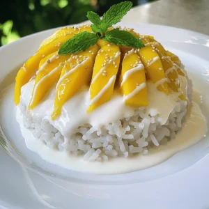 - 1 cup glutinous (sticky) rice - 1 ½ cups coconut milk - 1 ripe mango, peeled and thinly sliced - ¼ cup granulated sugar - ¼ teaspoon salt Glutinous rice gives Mango Sticky Rice its unique texture. It sticks together and becomes chewy when cooked. The coconut milk adds a rich and creamy flavor to the dish. Using ripe mango is key; its sweetness and juiciness balance the rice. - 1 tablespoon sesame seeds (toasted, optional) - Fresh mint leaves for garnish (optional) Toasted sesame seeds provide a nice crunch. Fresh mint leaves add a pop of color and a refreshing taste. Both are great if you want to elevate your dish. - Calories per Serving: Approximately 300 calories - Key Nutrients: Carbohydrates, fats, fiber, vitamin C, and iron Mango Sticky Rice is a delightful dessert. While it is not low-calorie, it offers some nutrients. The rice provides energy, and mango adds vitamins. Enjoy it as an occasional treat! For the complete recipe, check out the Full Recipe. Rinsing and Soaking the Rice Start by rinsing the sticky rice under cold water. Keep rinsing until the water runs clear. This step removes excess starch. It's key for the right texture. After rinsing, soak the rice in water for 4 hours. If you can, soak it overnight. This helps the rice absorb water and cook better. Steaming Process After soaking, drain the rice. Place it in a steamer lined with cheesecloth or a steaming basket. Steam the rice over simmering water for 25 to 30 minutes. You want it to become translucent and tender. This process makes the rice fluffy and sticky, perfect for the dish. Combining Ingredients While the rice steams, prepare the coconut milk mixture. In a medium saucepan, mix coconut milk, sugar, and salt. Stir the mixture over low to medium heat. Keep stirring until the sugar dissolves. Be careful not to boil it; you want a smooth texture. Cooking Technique Once the sugar is dissolved, take the saucepan off the heat. This step ensures the coconut milk stays creamy. Set it aside until the rice is ready. This coconut milk will add a rich flavor to the sticky rice. Mixing Rice and Coconut Milk When the sticky rice is cooked, transfer it to a large bowl. Gradually pour in about 1 cup of the warm coconut milk mixture. Use a gentle folding motion to mix it in. Make sure every grain of rice is coated. Let it sit for 15 to 20 minutes. This allows the rice to absorb the coconut flavor. Plating Suggestions To serve, scoop a generous amount of sticky rice onto a plate. Arrange thin slices of ripe mango on top. Drizzle some extra coconut milk over it. For added crunch, sprinkle toasted sesame seeds on top. You can also garnish with fresh mint leaves for a pop of color. This makes the dish look as good as it tastes! For the complete method, check the Full Recipe. Appearance and Aroma Indicators When choosing mangoes, look for smooth skin. The color should be bright and rich. A ripe mango feels slightly soft when gently squeezed. It should also have a sweet aroma near the stem. This smell tells you it's ready to eat. Ideal Varieties for the Dish For this dessert, I recommend using the Ataulfo or Haden mango. Ataulfo mangoes have a creamy texture and sweet taste. Haden mangoes are juicy and fragrant, adding great flavor to your dish. Both work well with the sticky rice. Toasting Sticky Rice Option Toasting the sticky rice can bring out a nutty taste. Before soaking, heat it in a pan over low heat. Stir it for a few minutes until it turns golden. This step adds depth to the flavor of your dessert. Alternative Sweeteners While granulated sugar is common, you can try other sweeteners. Honey or agave syrup can add unique flavors. Coconut sugar offers a caramel-like taste. Each option can change the dish’s final taste, so feel free to experiment. Serving Style Variations For a fun twist, try serving the sticky rice in small bowls. You can layer the mango slices on top. This makes each serving look special. You can also use a ring mold to shape the rice for a more elegant look. Creative Garnishing Tips Garnishing can elevate your dessert. Sprinkle toasted sesame seeds for crunch. Add fresh mint leaves for color and flavor. You can also drizzle a bit of coconut milk on top for a beautiful finish. These small touches make your dish more appealing. For the complete recipe, check out the [Full Recipe]. {{image_4}} Mango sticky rice shines in Thai cuisine. Each region has its own twist. In northern Thailand, you might find a version with black sticky rice. This adds a nutty flavor and a stunning dark color. Southern styles often emphasize sweetness with extra coconut milk. Other cuisines influence this dish too. In Vietnam, they serve a similar treat called "xôi xoài." It features a sweeter coconut sauce and often includes mung beans. Exploring these variations lets you enjoy mango sticky rice in new ways. If you want vegan options, just use coconut milk. This recipe is already dairy-free. You can also make it gluten-free, since glutinous rice has no gluten. For low-sugar options, try using a sugar substitute. Many people enjoy using stevia or monk fruit. These keep the sweetness without the added calories. Want to make your mango sticky rice unique? You can add food coloring to the rice. This gives it a fun pop of color. Just a few drops will do! Incorporating fruits and nuts is another way to change up the flavor. Add some chopped mango or berries for extra fruitiness. You could also sprinkle in some toasted coconut or nuts for crunch. This adds texture and makes your dish even more delightful. For the full recipe, check out the Mango Paradise Sticky Rice section. When you have leftover mango sticky rice, you want to keep it fresh. Here are some tips: - Refrigeration Tips: Store the sticky rice in an airtight container. It will stay good in the fridge for about 3 to 4 days. Always let the rice cool to room temperature before sealing it to avoid condensation. - Freezing Sticky Rice: If you want to keep it longer, consider freezing. Wrap the sticky rice tightly in plastic wrap. Then place it in a freezer bag. This way, it can last up to 3 months. You can enjoy your mango sticky rice again with these methods: - Microwave vs. Stovetop: The microwave is quick and easy. Place the rice in a bowl, add a splash of water, and cover it. Heat in short bursts until warm. The stovetop can be better for texture. Add a little coconut milk to a pot, then heat the rice gently over low heat. - Maintaining Texture and Flavor: When reheating, stir the rice often. This helps it warm evenly. Adding coconut milk will also keep it creamy and flavorful. You should know how long your mango sticky rice lasts: - How Long Can You Store It? In the fridge, it lasts 3 to 4 days. In the freezer, it can be good for up to 3 months. - Signs of Spoilage: Check for off smells or a change in color. If you see mold or a strange texture, it’s best to throw it away. Always trust your senses! Mango sticky rice is a sweet dessert from Thailand. It features glutinous rice cooked in creamy coconut milk. This dish is very popular in Thai cuisine, often enjoyed as a treat during festivals or special occasions. The soft, sweet rice pairs perfectly with ripe mango slices. The dish represents a delightful mix of flavors and textures. You should not use regular rice. Regular rice will not give the same sticky texture. Glutinous rice is key to achieving that chewy bite. If you cannot find glutinous rice, look for sushi rice as an alternative. It has a similar texture but may not be as sticky. You can easily change the sweetness of your mango sticky rice. To do this, modify the amount of sugar you use. Start with less sugar and add more to taste. If you want alternatives to granulated sugar, try using honey or maple syrup. These can add unique flavors while still sweetening your dish. Mango sticky rice is a simple, yet delicious dessert. It requires just three main ingredients: sticky rice, coconut milk, and fresh mango. You can add garnishes like sesame seeds or mint for that extra touch. Follow the easy steps for preparation and assembly to create this flavorful dish. Remember to choose ripe mangoes for the best taste. With tips on storage and variations, you can enjoy this treat anytime. Experiment with flavors and enjoy the process. Your mango sticky rice will shine with every bite!