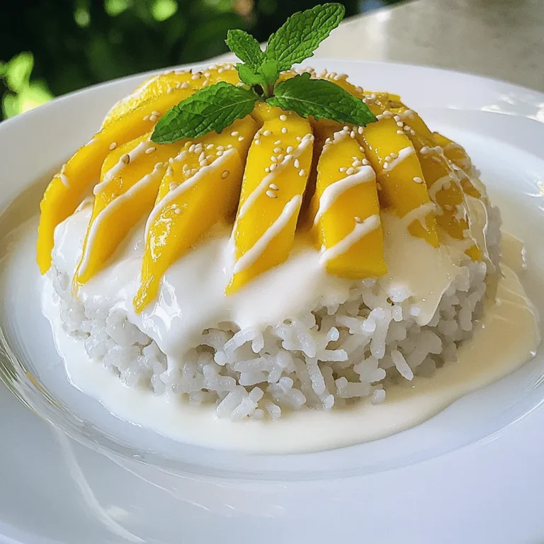 - 1 cup glutinous (sticky) rice - 1 ½ cups coconut milk - 1 ripe mango, peeled and thinly sliced - ¼ cup granulated sugar - ¼ teaspoon salt Glutinous rice gives Mango Sticky Rice its unique texture. It sticks together and becomes chewy when cooked. The coconut milk adds a rich and creamy flavor to the dish. Using ripe mango is key; its sweetness and juiciness balance the rice. - 1 tablespoon sesame seeds (toasted, optional) - Fresh mint leaves for garnish (optional) Toasted sesame seeds provide a nice crunch. Fresh mint leaves add a pop of color and a refreshing taste. Both are great if you want to elevate your dish. - Calories per Serving: Approximately 300 calories - Key Nutrients: Carbohydrates, fats, fiber, vitamin C, and iron Mango Sticky Rice is a delightful dessert. While it is not low-calorie, it offers some nutrients. The rice provides energy, and mango adds vitamins. Enjoy it as an occasional treat! For the complete recipe, check out the Full Recipe. Rinsing and Soaking the Rice Start by rinsing the sticky rice under cold water. Keep rinsing until the water runs clear. This step removes excess starch. It's key for the right texture. After rinsing, soak the rice in water for 4 hours. If you can, soak it overnight. This helps the rice absorb water and cook better. Steaming Process After soaking, drain the rice. Place it in a steamer lined with cheesecloth or a steaming basket. Steam the rice over simmering water for 25 to 30 minutes. You want it to become translucent and tender. This process makes the rice fluffy and sticky, perfect for the dish. Combining Ingredients While the rice steams, prepare the coconut milk mixture. In a medium saucepan, mix coconut milk, sugar, and salt. Stir the mixture over low to medium heat. Keep stirring until the sugar dissolves. Be careful not to boil it; you want a smooth texture. Cooking Technique Once the sugar is dissolved, take the saucepan off the heat. This step ensures the coconut milk stays creamy. Set it aside until the rice is ready. This coconut milk will add a rich flavor to the sticky rice. Mixing Rice and Coconut Milk When the sticky rice is cooked, transfer it to a large bowl. Gradually pour in about 1 cup of the warm coconut milk mixture. Use a gentle folding motion to mix it in. Make sure every grain of rice is coated. Let it sit for 15 to 20 minutes. This allows the rice to absorb the coconut flavor. Plating Suggestions To serve, scoop a generous amount of sticky rice onto a plate. Arrange thin slices of ripe mango on top. Drizzle some extra coconut milk over it. For added crunch, sprinkle toasted sesame seeds on top. You can also garnish with fresh mint leaves for a pop of color. This makes the dish look as good as it tastes! For the complete method, check the Full Recipe. Appearance and Aroma Indicators When choosing mangoes, look for smooth skin. The color should be bright and rich. A ripe mango feels slightly soft when gently squeezed. It should also have a sweet aroma near the stem. This smell tells you it's ready to eat. Ideal Varieties for the Dish For this dessert, I recommend using the Ataulfo or Haden mango. Ataulfo mangoes have a creamy texture and sweet taste. Haden mangoes are juicy and fragrant, adding great flavor to your dish. Both work well with the sticky rice. Toasting Sticky Rice Option Toasting the sticky rice can bring out a nutty taste. Before soaking, heat it in a pan over low heat. Stir it for a few minutes until it turns golden. This step adds depth to the flavor of your dessert. Alternative Sweeteners While granulated sugar is common, you can try other sweeteners. Honey or agave syrup can add unique flavors. Coconut sugar offers a caramel-like taste. Each option can change the dish’s final taste, so feel free to experiment. Serving Style Variations For a fun twist, try serving the sticky rice in small bowls. You can layer the mango slices on top. This makes each serving look special. You can also use a ring mold to shape the rice for a more elegant look. Creative Garnishing Tips Garnishing can elevate your dessert. Sprinkle toasted sesame seeds for crunch. Add fresh mint leaves for color and flavor. You can also drizzle a bit of coconut milk on top for a beautiful finish. These small touches make your dish more appealing. For the complete recipe, check out the [Full Recipe]. {{image_4}} Mango sticky rice shines in Thai cuisine. Each region has its own twist. In northern Thailand, you might find a version with black sticky rice. This adds a nutty flavor and a stunning dark color. Southern styles often emphasize sweetness with extra coconut milk. Other cuisines influence this dish too. In Vietnam, they serve a similar treat called "xôi xoài." It features a sweeter coconut sauce and often includes mung beans. Exploring these variations lets you enjoy mango sticky rice in new ways. If you want vegan options, just use coconut milk. This recipe is already dairy-free. You can also make it gluten-free, since glutinous rice has no gluten. For low-sugar options, try using a sugar substitute. Many people enjoy using stevia or monk fruit. These keep the sweetness without the added calories. Want to make your mango sticky rice unique? You can add food coloring to the rice. This gives it a fun pop of color. Just a few drops will do! Incorporating fruits and nuts is another way to change up the flavor. Add some chopped mango or berries for extra fruitiness. You could also sprinkle in some toasted coconut or nuts for crunch. This adds texture and makes your dish even more delightful. For the full recipe, check out the Mango Paradise Sticky Rice section. When you have leftover mango sticky rice, you want to keep it fresh. Here are some tips: - Refrigeration Tips: Store the sticky rice in an airtight container. It will stay good in the fridge for about 3 to 4 days. Always let the rice cool to room temperature before sealing it to avoid condensation. - Freezing Sticky Rice: If you want to keep it longer, consider freezing. Wrap the sticky rice tightly in plastic wrap. Then place it in a freezer bag. This way, it can last up to 3 months. You can enjoy your mango sticky rice again with these methods: - Microwave vs. Stovetop: The microwave is quick and easy. Place the rice in a bowl, add a splash of water, and cover it. Heat in short bursts until warm. The stovetop can be better for texture. Add a little coconut milk to a pot, then heat the rice gently over low heat. - Maintaining Texture and Flavor: When reheating, stir the rice often. This helps it warm evenly. Adding coconut milk will also keep it creamy and flavorful. You should know how long your mango sticky rice lasts: - How Long Can You Store It? In the fridge, it lasts 3 to 4 days. In the freezer, it can be good for up to 3 months. - Signs of Spoilage: Check for off smells or a change in color. If you see mold or a strange texture, it’s best to throw it away. Always trust your senses! Mango sticky rice is a sweet dessert from Thailand. It features glutinous rice cooked in creamy coconut milk. This dish is very popular in Thai cuisine, often enjoyed as a treat during festivals or special occasions. The soft, sweet rice pairs perfectly with ripe mango slices. The dish represents a delightful mix of flavors and textures. You should not use regular rice. Regular rice will not give the same sticky texture. Glutinous rice is key to achieving that chewy bite. If you cannot find glutinous rice, look for sushi rice as an alternative. It has a similar texture but may not be as sticky. You can easily change the sweetness of your mango sticky rice. To do this, modify the amount of sugar you use. Start with less sugar and add more to taste. If you want alternatives to granulated sugar, try using honey or maple syrup. These can add unique flavors while still sweetening your dish. Mango sticky rice is a simple, yet delicious dessert. It requires just three main ingredients: sticky rice, coconut milk, and fresh mango. You can add garnishes like sesame seeds or mint for that extra touch. Follow the easy steps for preparation and assembly to create this flavorful dish. Remember to choose ripe mangoes for the best taste. With tips on storage and variations, you can enjoy this treat anytime. Experiment with flavors and enjoy the process. Your mango sticky rice will shine with every bite!