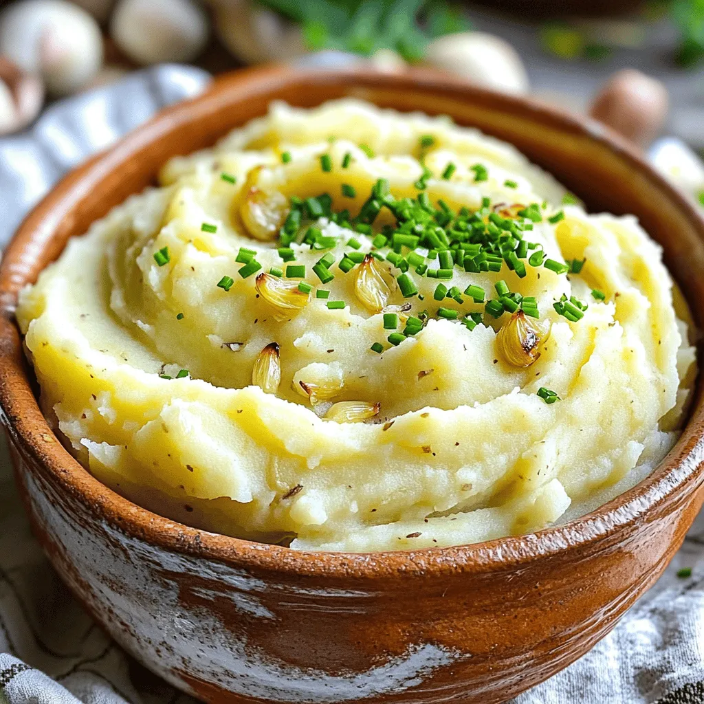 - 2 pounds russet potatoes, peeled and cut into 1-inch cubes - 1 whole head of garlic - 4 tablespoons unsalted butter, at room temperature - 1/2 cup heavy cream, warmed - 1/2 cup sour cream, at room temperature - Salt and freshly ground black pepper, to taste - Fresh chives, finely chopped (for garnish) Gathering the right ingredients is key to making rich and creamy roasted garlic mashed potatoes. Start with russet potatoes. They give a fluffy texture, perfect for mashing. Next, grab a whole head of garlic. Roasting it brings out a sweet, mellow flavor that makes these mashed potatoes shine. You’ll also need unsalted butter and heavy cream. These add richness, making the dish feel indulgent while keeping it smooth. Sour cream brings a touch of tang that balances the flavors. Don’t forget salt and black pepper for seasoning. Finally, fresh chives add a pop of color and a mild onion note. - Alternative potato types: You can use Yukon Gold for a creamier taste or red potatoes for a waxier texture. - Lightening options: Low-fat sour cream and cream can cut calories without losing flavor. - Garlic alternatives: If you’re short on time, garlic powder or prepared garlic can work in a pinch, but they won’t give the same depth. Experimenting with these options can help you find your favorite blend. Feel free to mix and match! For the full recipe, check the details above. To make roasted garlic, first, preheat your oven to 400°F (200°C). Take a whole head of garlic and slice off the top. This exposes the cloves inside. Drizzle some olive oil over the exposed parts. Wrap the garlic tightly in aluminum foil. Roast it in the oven for about 30-35 minutes. You want the garlic to be soft and golden brown. For best caramelization, check it halfway through. This way, you ensure even cooking and rich flavor. While the garlic roasts, prepare your potatoes. Fill a large pot with the peeled and cut russet potatoes. Cover them with cold water and add a pinch of salt. Bring the pot to a boil over medium-high heat. Cook the potatoes for 15-20 minutes. They should be fork-tender. To avoid watery mashed potatoes, drain them well. After draining, return the potatoes to the pot for one minute. This helps remove extra moisture. Now it's time to mash! You can use a potato masher or an electric hand mixer. Each tool gives a different texture. For a creamy result, I prefer a hand mixer. Once you mash the potatoes, add the roasted garlic, butter, heavy cream, and sour cream. Mix until smooth. The ideal consistency is creamy but not runny. If you overwork the potatoes, they can become gummy. So, mix just until everything blends well. For great roasted garlic mashed potatoes, seasonings are key. I love to add thyme or rosemary for a fresh kick. These herbs pair well with garlic, enhancing its rich flavor. Using room temperature ingredients is also important. It helps the butter and cream mix well, giving the potatoes a smooth texture. Cold ingredients can make your mash lumpy. These mashed potatoes go well with many main dishes. They are perfect next to roast chicken or steak. Try serving them with grilled salmon for a lighter option. When it comes to presentation, think fun! Use a deep bowl for serving. Top the potatoes with a sprinkle of chives for a pop of color. You can even make a little well in the center and drizzle some olive oil for flair. For the full recipe, check out the link provided. {{image_4}} You can easily change up the flavor of roasted garlic mashed potatoes. One great idea is to add cheese. Mixing in parmesan or cheddar gives the dish a rich taste. Just stir in a cup of shredded cheese right before serving. The heat will melt it nicely. Another fun option is to experiment with roasted herbs. Try adding thyme or rosemary. These herbs bring a fresh taste to the creamy potatoes. Just chop them finely and mix them in after mashing. For those who follow a vegan diet, there are simple swaps. Instead of butter, use vegan butter or olive oil. For the cream, almond or coconut milk works well. These changes keep the dish creamy and delicious. If you need to keep it gluten-free, you're in luck! The basic ingredients are already gluten-free. Just watch for any added ingredients that may contain gluten. Stick to pure forms of butter and cream. Roasted garlic mashed potatoes are not just tasty. They can fit many diets and preferences. Explore these variations to find what you love! For the complete recipe, check out the Full Recipe. To store your roasted garlic mashed potatoes, let them cool first. Place them in an airtight container. This keeps moisture in and prevents drying. You can store them in the fridge. Try to use them within three days for the best taste. If you have a lot left, freezing is a great option. Scoop portions into freezer-safe bags or containers. Remove as much air as possible. Label the bags with the date. You can freeze them for up to two months. When you're ready to eat, thaw the potatoes overnight in the fridge. Reheat them on the stove or in the microwave. Add a splash of cream or milk for creaminess. In the fridge, roasted garlic mashed potatoes last about three days. If you freeze them, they can last for about two months. Watch for signs of spoilage. If they smell sour or have a strange color, it's time to toss them. Always trust your senses. Better safe than sorry! Can I make these mashed potatoes ahead of time? Yes, you can make these mashed potatoes ahead of time. Prepare them as normal, then cool them down. Store them in the fridge for up to two days. When you are ready to serve, reheat with a little cream or milk for a creamy texture. What is the best way to reheat mashed potatoes? To reheat mashed potatoes, place them in a pot over low heat. Add a splash of cream or milk to keep them moist. Stir often until they heat through. You can also use the microwave, but cover them to avoid drying out. How do I prevent the potatoes from turning brown? To keep your potatoes from turning brown, soak them in cold water after cutting. This stops oxidation. If they sit too long, rinse them before cooking. Using russet potatoes helps, as they brown less than others. In this post, we explored how to make roasted garlic mashed potatoes. You learned about key ingredients, like potatoes, garlic, and butter, plus great tips for flavor. I also shared ways to switch up the recipe and serve it nicely. Mastering mashed potatoes brings joy to any meal. With practice and these tips, you can impress everyone at your table. Enjoy creating and sharing your perfect mashed potatoes!