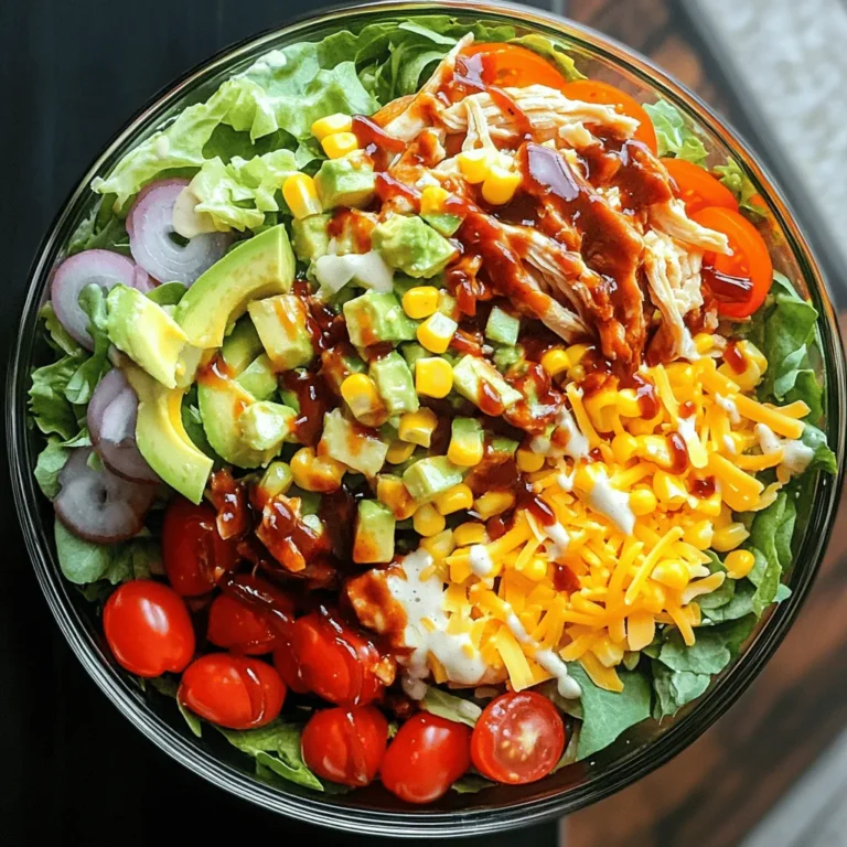 To make BBQ Ranch Chicken Salad, you'll need some simple ingredients. The key items include: - 2 cups cooked chicken, shredded - 4 cups mixed greens, such as spinach and romaine - 1 cup cherry tomatoes, halved - 1 cup corn kernels, either fresh or canned - 1 red bell pepper, diced - 1/2 red onion, thinly sliced - 1 avocado, diced - 1 cup shredded cheddar cheese - 1/2 cup BBQ sauce - 1/2 cup ranch dressing - Salt and pepper to taste - Olive oil for drizzling These ingredients come together to create a colorful and filling meal. The chicken adds protein, while the greens and veggies bring freshness. The BBQ sauce gives it that smoky sweetness, and the ranch dressing adds creaminess. You can add more flavors to your BBQ Ranch Chicken Salad. Here are a few suggestions: - Fresh herbs, like cilantro or parsley, for a pop of color and taste - Jalapeños for a spicy kick - Black beans for extra protein and texture - Crispy bacon bits for added crunch and a savory note These ingredients can enhance the salad and make it more exciting. Feel free to mix and match based on what you enjoy. Garnishes can elevate your BBQ Ranch Chicken Salad. Consider these options: - Lime wedges for a zesty finish - Sliced green onions for a mild onion flavor - Croutons for extra crunch - A sprinkle of chili powder for a bit of heat These garnishes can make your salad look stunning and taste even better. You can adjust these to match your personal taste or the season. For the full recipe, check out the link. Start by taking 2 cups of cooked chicken. Shred the chicken into bite-sized pieces for easy eating. In a mixing bowl, add the shredded chicken. Pour in 1/2 cup of your favorite BBQ sauce. Toss it well until every piece is fully coated. This step adds bold flavor to your salad. Now, grab a large serving bowl. Lay down 4 cups of mixed greens as your base. This mix should have spinach, arugula, and romaine for color and taste. The greens add crunch and freshness to your dish. Next, it’s time to layer on the good stuff. Carefully arrange 1 cup of halved cherry tomatoes over the greens. Then add 1 cup of corn kernels. Follow this with 1 diced red bell pepper and 1/2 thinly sliced red onion. These ingredients create a colorful and inviting look. Now, spoon the BBQ chicken mixture over the veggies. Make sure to spread it evenly. On top, sprinkle 1 diced avocado and 1 cup of shredded cheddar cheese. For dressing, drizzle 1/2 cup of ranch dressing all over the salad. Finish it with a light drizzle of olive oil. Season your salad with salt and pepper to taste. You can gently toss everything together or keep it layered for a nice presentation. For more details on the recipe, check out the Full Recipe. To shred chicken fast, use two forks. Hold one fork steady and pull the chicken apart with the other. This method works well when the chicken is warm. You can also use a stand mixer. Just put the cooked chicken in the bowl and mix on low speed. In seconds, you will have shredded chicken! Choosing the right BBQ sauce is key. I love using a tangy sauce with a bit of sweetness. Look for sauces that have a nice balance of flavors. You can try brands like Sweet Baby Ray's or Stubbs. If you want a kick, choose a spicy sauce. Always taste before adding it to your salad. This step ensures you pick a sauce you love. To boost flavor, add fresh herbs like cilantro or parsley. You can also sprinkle on some chili powder for heat. A squeeze of lime juice adds a fresh zing to the dish. Don’t forget to season with salt and pepper. These small touches can make a big difference in taste. Experiment with spices to find your perfect blend. For the full recipe, check out BBQ Ranch Chicken Salad. {{image_4}} You can switch up the protein in your BBQ Ranch Chicken Salad. Try using grilled shrimp for a seafood twist. You can also use shredded pork or turkey if you prefer. Each option gives a unique taste and texture. If you're in the mood for something different, consider using tofu. It soaks up flavors well, making it a tasty choice. For a vegetarian BBQ Ranch Chicken Salad, replace the chicken with chickpeas. They add protein and a nice crunch. You can also use black beans for a hearty alternative. Grilled tempeh or grilled portobello mushrooms can work well too. These options keep your salad filling and flavorful without meat. While ranch dressing is classic, you can explore other flavors. Try using a smoky chipotle dressing for a spicy kick. A tangy vinaigrette can also brighten the salad. If you love something creamy, avocado dressing is a great choice. These alternatives let you mix flavors and keep things fresh. For the full recipe, check out the BBQ Ranch Chicken Salad 🥗 section above. After enjoying your BBQ Ranch Chicken Salad, store any leftovers in an airtight container. Keep it in the fridge for up to three days. If you separate the chicken from the salad, it will stay fresher. Always cover the salad tightly to avoid wilting. If you have leftover BBQ chicken, heat it in the microwave. Place it in a microwave-safe bowl. Cover it with a damp paper towel to keep moisture in. Heat for about 1 to 2 minutes, stirring halfway through. Ensure it reaches a safe temperature of 165°F. To keep your salad fresh, buy ingredients just before use. Store greens in a cool place. Use a damp paper towel to keep them crisp. For the cherry tomatoes, keep them at room temperature. Avoid washing them until you are ready to use them. This way, your BBQ Ranch Chicken Salad stays tasty and vibrant! For the full recipe, check out the detailed instructions above. Yes, you can make BBQ Ranch Chicken Salad ahead of time. Prepare the chicken with BBQ sauce and store it in the fridge. Keep the salad base separate. This way, your greens stay fresh and crisp. When you are ready to eat, combine everything. Toss it gently to mix flavors. You can serve many tasty sides with this salad. Here are some ideas: - Grilled corn on the cob - Garlic bread or rolls - A light fruit salad - Crispy tortilla chips - A refreshing iced tea These sides complement the bold flavors of the BBQ Ranch Chicken Salad. You can make BBQ Ranch Chicken Salad healthier with these tips: - Use grilled chicken instead of fried. - Swap ranch dressing for a yogurt-based dressing. - Add more veggies like cucumbers or carrots. - Use less cheese or try a low-fat version. - Choose whole grain or low-carb tortillas for a wrap version. These changes keep the flavors while boosting the health factor. For the full recipe, check out the details provided earlier. This blog post covered everything about BBQ Ranch Chicken Salad. We discussed the main and extra ingredients for great flavor. You learned how to make salad layers and how to shred chicken fast. I shared tips on sauces and storage to keep the salad fresh. In the end, you can easily adjust this salad to fit your taste. Try different proteins and dressings! Enjoy making this dish and sharing it with family or friends.