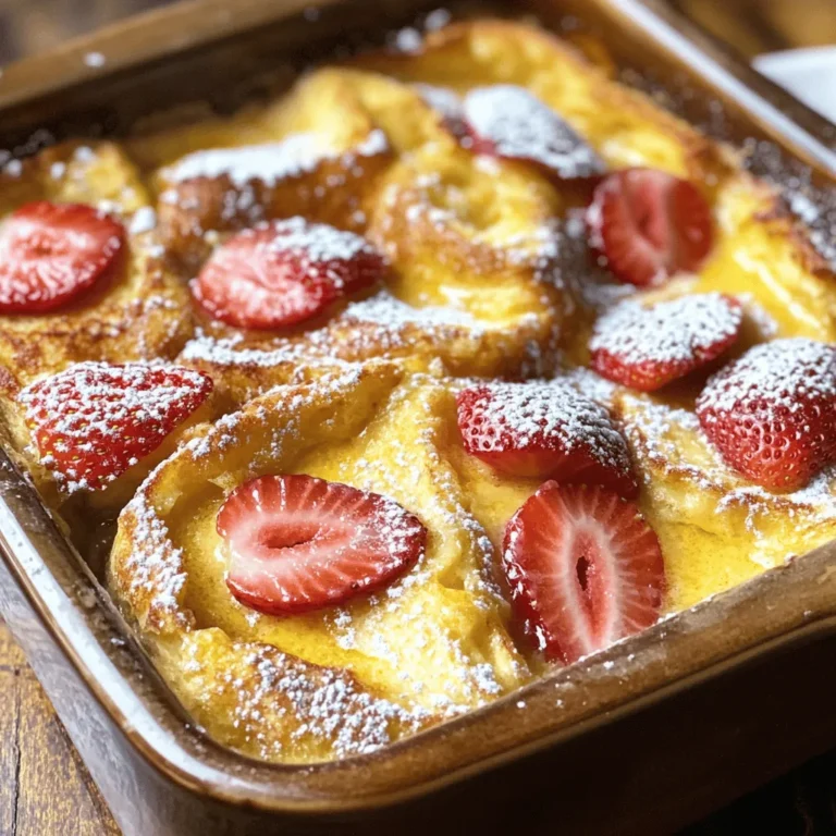To make this tasty casserole, you need some key items: - 1 loaf of brioche or challah bread, cut into 1-inch cubes - 6 large eggs - 2 cups whole milk - 1 cup heavy cream - 1/2 cup pure maple syrup - 1 teaspoon vanilla extract - 1 teaspoon ground cinnamon - 1/4 teaspoon salt - 1 cup fresh strawberries, sliced (or any berries of your choice) - Butter, for greasing the baking dish - Powdered sugar, for dusting (optional) These ingredients create a rich and creamy base that fills each bite with flavor. The bread soaks in the egg mixture, adding softness and taste. You can tweak the recipe to fit your taste. Here are some ideas: - Other fruits like blueberries, raspberries, or bananas - Nuts for added crunch, like walnuts or pecans - Chocolate chips for a sweet twist - Different spices like nutmeg or ginger - Yogurt or sour cream for tanginess Feel free to mix and match! Customizing makes this dish even more fun and tasty. If you lack some ingredients, here are easy swaps: - Use almond milk or oat milk instead of whole milk for a dairy-free option. - Swap heavy cream with half-and-half if you want a lighter touch. - Try agave syrup instead of maple syrup for a different sweet flavor. - For gluten-free, use gluten-free bread, ensuring it’s sturdy enough to hold up. These substitutions keep the dish good while catering to your needs. Don't hesitate to experiment! For the full recipe, check out the detailed instructions. First, set your oven to 350°F (175°C). Grab a 9x13-inch baking dish. Grease it well with butter. This step helps prevent the casserole from sticking. Make sure every corner gets some butter. In a large bowl, crack six eggs. Add two cups of whole milk and one cup of heavy cream. Pour in half a cup of pure maple syrup. Next, add one teaspoon of vanilla extract and one teaspoon of ground cinnamon. Sprinkle in a bit of salt, about one-fourth teaspoon. Whisk all these ingredients together until smooth. It should look creamy and well-mixed. Now, take your loaf of brioche or challah bread. Cut it into one-inch cubes. Gently fold these cubes into your egg mixture. Use a spatula to coat each piece. Let this sit for about ten minutes so the bread can soak it up well. After ten minutes, fold in one cup of sliced strawberries. Make sure they spread evenly in the mix. Pour everything into your greased baking dish. Spread it out evenly with a spatula. Now, place it in the oven. Bake for 45 to 50 minutes. The top should turn golden brown. Finally, let it cool for five to ten minutes. Dust with powdered sugar if you'd like. Enjoy your lovely Easy Baked French Toast Casserole! For the full recipe, check [Full Recipe]. To get a creamy custard, mix eggs and milk well. Use whole milk for richness. Heavy cream adds more creaminess. Whisk until the mixture is smooth. Let the bread soak for at least 10 minutes. This helps it absorb the custard. The bread should feel soft but not mushy. You can prepare this dish a day before. Just mix the custard and soak the bread. Cover it and store in the fridge overnight. This lets the bread soak up all the flavors. In the morning, just pop it in the oven. It saves you time and effort! Serve your casserole warm for the best taste. Cut it into squares for easy serving. Top with fresh berries or a drizzle of maple syrup. A dusting of powdered sugar adds a nice touch. You could also add a dollop of whipped cream. This makes it look fancy and inviting! For the full recipe, check out the details above. {{image_4}} You can change the fruit in your casserole. I love using fresh strawberries. They add sweetness and color. You can also use blueberries, raspberries, or blackberries. Apples work well too. Cut them into small pieces and mix them in. For a tasty twist, add bananas. They become soft and sweet after baking. Want to amp up the flavor? Try adding spices like nutmeg or ginger. A pinch of each can give your casserole a warm taste. You can also use different extracts. Almond extract adds a nice touch, while orange zest can brighten the dish. Just remember, a little goes a long way! If you're looking for healthier choices, you can make your casserole low-fat. Use low-fat milk and cream. You can also swap the brioche for whole grain bread. For a gluten-free version, use gluten-free bread. It tastes great and keeps the dish light. Don't worry; it will still be delicious! For the full recipe, check out the delightful baked French toast casserole. Enjoy trying out these variations! To store leftovers, let the casserole cool completely. Then, cover it tightly with plastic wrap or foil. You can also place it in an airtight container. This keeps it fresh for up to three days in the fridge. If you have leftover slices, it’s best to separate them with parchment paper to avoid sticking. When you are ready to eat, preheat your oven to 350°F (175°C). Place the casserole in an oven-safe dish. Cover it with foil to prevent it from drying out. Heat it for about 20 to 25 minutes, or until it is warm all the way through. You can also microwave individual pieces for quick reheating. Just be sure to cover them to keep moisture in. If you want to keep the casserole longer, freezing is a great option. First, cool it completely. Then, cut it into portions and wrap each one in plastic wrap. Place the wrapped pieces in a freezer-safe bag or container. This keeps them fresh for up to three months. When you are ready to eat, thaw in the fridge overnight. Then, reheat as mentioned above. Enjoy a tasty meal even after some time! Yes, you can make this dish ahead of time! You can prepare it the night before. Just mix the egg base and soak the bread. Cover it and place it in the fridge. In the morning, bake it fresh. This helps the flavors blend well. For the best taste, use brioche or challah bread. These breads soak up the egg mixture well. They also give a soft texture and rich flavor. You can also try French bread or even sourdough. You’ll know it’s done when the top is golden brown. The center should feel firm, not jiggly. You can use a toothpick to check. If it comes out clean, it’s ready to serve! Yes, you can make this casserole dairy-free! Use almond milk or oat milk instead of regular milk. Replace heavy cream with coconut cream or a dairy-free alternative. This keeps the dish tasty and creamy. Serve it warm for the best experience. You can top it with fresh berries or a drizzle of maple syrup. Dusting powdered sugar on top adds a nice touch. This dish is perfect for breakfast or brunch! For the full recipe, check the section above. This baked French toast casserole is easy and customizable. You learned about essential ingredients, how to prepare the dish, and great tips for success. Remember, you can add fruits or spices for flavor. Storage and reheating options make leftovers simple, too. Whether you serve it for breakfast or brunch, this dish shines. Enjoy making it your own and sharing it with others!