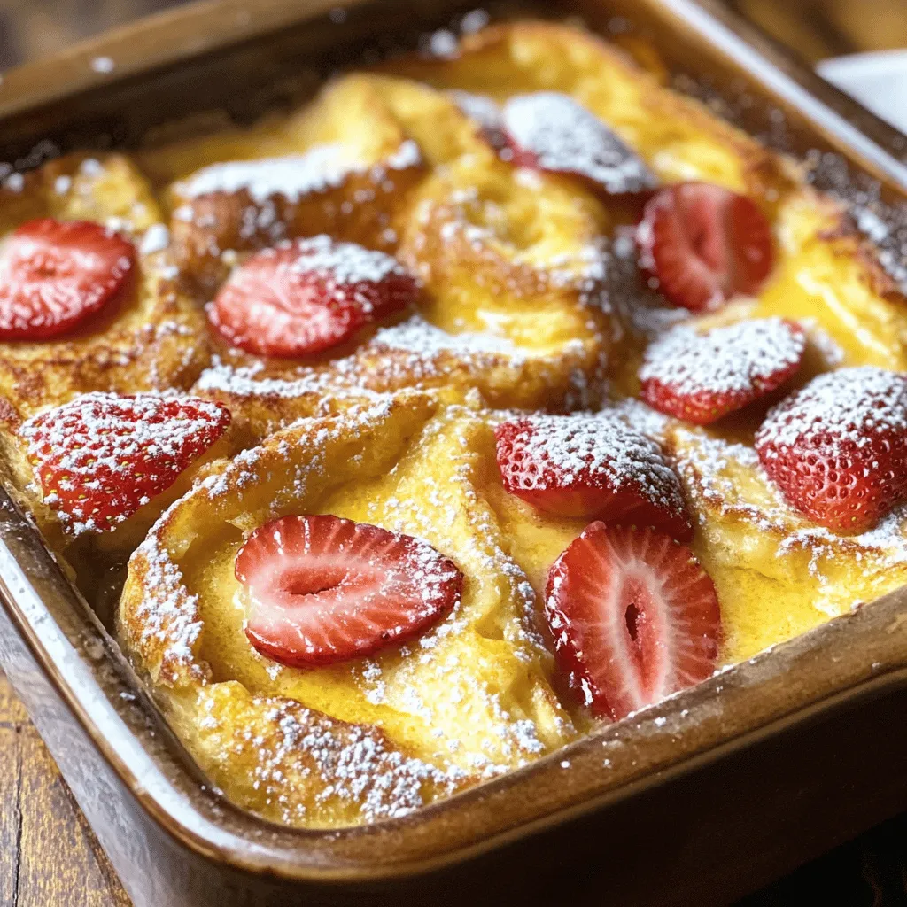 To make this tasty casserole, you need some key items: - 1 loaf of brioche or challah bread, cut into 1-inch cubes - 6 large eggs - 2 cups whole milk - 1 cup heavy cream - 1/2 cup pure maple syrup - 1 teaspoon vanilla extract - 1 teaspoon ground cinnamon - 1/4 teaspoon salt - 1 cup fresh strawberries, sliced (or any berries of your choice) - Butter, for greasing the baking dish - Powdered sugar, for dusting (optional) These ingredients create a rich and creamy base that fills each bite with flavor. The bread soaks in the egg mixture, adding softness and taste. You can tweak the recipe to fit your taste. Here are some ideas: - Other fruits like blueberries, raspberries, or bananas - Nuts for added crunch, like walnuts or pecans - Chocolate chips for a sweet twist - Different spices like nutmeg or ginger - Yogurt or sour cream for tanginess Feel free to mix and match! Customizing makes this dish even more fun and tasty. If you lack some ingredients, here are easy swaps: - Use almond milk or oat milk instead of whole milk for a dairy-free option. - Swap heavy cream with half-and-half if you want a lighter touch. - Try agave syrup instead of maple syrup for a different sweet flavor. - For gluten-free, use gluten-free bread, ensuring it’s sturdy enough to hold up. These substitutions keep the dish good while catering to your needs. Don't hesitate to experiment! For the full recipe, check out the detailed instructions. First, set your oven to 350°F (175°C). Grab a 9x13-inch baking dish. Grease it well with butter. This step helps prevent the casserole from sticking. Make sure every corner gets some butter. In a large bowl, crack six eggs. Add two cups of whole milk and one cup of heavy cream. Pour in half a cup of pure maple syrup. Next, add one teaspoon of vanilla extract and one teaspoon of ground cinnamon. Sprinkle in a bit of salt, about one-fourth teaspoon. Whisk all these ingredients together until smooth. It should look creamy and well-mixed. Now, take your loaf of brioche or challah bread. Cut it into one-inch cubes. Gently fold these cubes into your egg mixture. Use a spatula to coat each piece. Let this sit for about ten minutes so the bread can soak it up well. After ten minutes, fold in one cup of sliced strawberries. Make sure they spread evenly in the mix. Pour everything into your greased baking dish. Spread it out evenly with a spatula. Now, place it in the oven. Bake for 45 to 50 minutes. The top should turn golden brown. Finally, let it cool for five to ten minutes. Dust with powdered sugar if you'd like. Enjoy your lovely Easy Baked French Toast Casserole! For the full recipe, check [Full Recipe]. To get a creamy custard, mix eggs and milk well. Use whole milk for richness. Heavy cream adds more creaminess. Whisk until the mixture is smooth. Let the bread soak for at least 10 minutes. This helps it absorb the custard. The bread should feel soft but not mushy. You can prepare this dish a day before. Just mix the custard and soak the bread. Cover it and store in the fridge overnight. This lets the bread soak up all the flavors. In the morning, just pop it in the oven. It saves you time and effort! Serve your casserole warm for the best taste. Cut it into squares for easy serving. Top with fresh berries or a drizzle of maple syrup. A dusting of powdered sugar adds a nice touch. You could also add a dollop of whipped cream. This makes it look fancy and inviting! For the full recipe, check out the details above. {{image_4}} You can change the fruit in your casserole. I love using fresh strawberries. They add sweetness and color. You can also use blueberries, raspberries, or blackberries. Apples work well too. Cut them into small pieces and mix them in. For a tasty twist, add bananas. They become soft and sweet after baking. Want to amp up the flavor? Try adding spices like nutmeg or ginger. A pinch of each can give your casserole a warm taste. You can also use different extracts. Almond extract adds a nice touch, while orange zest can brighten the dish. Just remember, a little goes a long way! If you're looking for healthier choices, you can make your casserole low-fat. Use low-fat milk and cream. You can also swap the brioche for whole grain bread. For a gluten-free version, use gluten-free bread. It tastes great and keeps the dish light. Don't worry; it will still be delicious! For the full recipe, check out the delightful baked French toast casserole. Enjoy trying out these variations! To store leftovers, let the casserole cool completely. Then, cover it tightly with plastic wrap or foil. You can also place it in an airtight container. This keeps it fresh for up to three days in the fridge. If you have leftover slices, it’s best to separate them with parchment paper to avoid sticking. When you are ready to eat, preheat your oven to 350°F (175°C). Place the casserole in an oven-safe dish. Cover it with foil to prevent it from drying out. Heat it for about 20 to 25 minutes, or until it is warm all the way through. You can also microwave individual pieces for quick reheating. Just be sure to cover them to keep moisture in. If you want to keep the casserole longer, freezing is a great option. First, cool it completely. Then, cut it into portions and wrap each one in plastic wrap. Place the wrapped pieces in a freezer-safe bag or container. This keeps them fresh for up to three months. When you are ready to eat, thaw in the fridge overnight. Then, reheat as mentioned above. Enjoy a tasty meal even after some time! Yes, you can make this dish ahead of time! You can prepare it the night before. Just mix the egg base and soak the bread. Cover it and place it in the fridge. In the morning, bake it fresh. This helps the flavors blend well. For the best taste, use brioche or challah bread. These breads soak up the egg mixture well. They also give a soft texture and rich flavor. You can also try French bread or even sourdough. You’ll know it’s done when the top is golden brown. The center should feel firm, not jiggly. You can use a toothpick to check. If it comes out clean, it’s ready to serve! Yes, you can make this casserole dairy-free! Use almond milk or oat milk instead of regular milk. Replace heavy cream with coconut cream or a dairy-free alternative. This keeps the dish tasty and creamy. Serve it warm for the best experience. You can top it with fresh berries or a drizzle of maple syrup. Dusting powdered sugar on top adds a nice touch. This dish is perfect for breakfast or brunch! For the full recipe, check the section above. This baked French toast casserole is easy and customizable. You learned about essential ingredients, how to prepare the dish, and great tips for success. Remember, you can add fruits or spices for flavor. Storage and reheating options make leftovers simple, too. Whether you serve it for breakfast or brunch, this dish shines. Enjoy making it your own and sharing it with others!