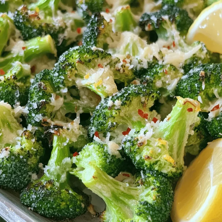 - Broccoli florets - Olive oil - Garlic and lemon The main stars of this dish are fresh broccoli florets. They are full of vitamins and add a nice crunch. Next, we have extra virgin olive oil, which brings richness and helps the broccoli roast well. Fresh garlic adds a bold flavor, while lemon gives it a bright, zesty kick. - Red pepper flakes - Parmesan cheese - Fresh lemon wedges If you want some heat, add red pepper flakes. They give a slight spice that pairs well with the lemon. For a cheesy touch, sprinkle some freshly grated Parmesan on top after roasting. Fresh lemon wedges are great for serving. They let you add a burst of flavor right before you eat. - Salt and black pepper to taste Don’t forget to season your dish! Use salt and freshly ground black pepper to bring out the flavors. Adjust the amount based on your taste. Always remember, seasoning can make or break your dish. For the full recipe, check the details in the previous section. Enjoy creating this healthy and flavorful dish! 1. First, preheat your oven to 425°F (220°C). This step helps the broccoli roast evenly and develop a nice crisp. 2. Next, take your large head of broccoli and cut it into bite-sized florets. Aim for uniform pieces. This ensures they cook at the same rate. 1. In a large mixing bowl, add the broccoli florets. 2. Pour in 3 tablespoons of extra virgin olive oil. 3. Add 4 minced garlic cloves, the zest and juice of one lemon, and 1 teaspoon of red pepper flakes if you like heat. 4. Generously season with salt and freshly ground black pepper. 5. Use your hands or a spoon to toss everything together. Make sure each floret is coated well. 1. Prepare a baking sheet by spreading the seasoned broccoli in a single layer. This helps them roast evenly. 2. Place the baking sheet in your oven. Roast the broccoli for 20-25 minutes. 3. Toss the florets halfway through the roasting time. This helps them brown nicely. You want them tender yet slightly crispy. 4. After roasting, take the baking sheet out of the oven. If you want, sprinkle 2 tablespoons of freshly grated Parmesan cheese over the hot broccoli. 5. Serve the zesty broccoli warm. Garnish with fresh lemon wedges for an extra citrus burst. For a complete guide, check the Full Recipe. To get crispy edges on your broccoli, you need to use enough olive oil. Coat each floret well. Spread them out in a single layer on the baking sheet. This gives them room to breathe while roasting. Tossing the broccoli halfway through cooking is key. It helps the florets brown evenly. When you toss, use a spatula to turn them gently. You can customize this dish with spices. Try adding smoked paprika or cumin for a twist. If you love cheese, sprinkle on some Parmesan before serving. It melts nicely and adds rich flavor. You might also try a mix of feta and lemon zest for a tangy kick. For a beautiful presentation, arrange the roasted broccoli on a nice platter. Scatter fresh lemon wedges around the dish. This adds bright color and makes it fun to eat. You can serve this broccoli with grilled chicken or fish for a complete meal. It pairs well with quinoa or rice, too. For a hearty option, add it to pasta dishes or grain bowls. {{image_4}} You can boost this dish by adding chicken or shrimp. For chicken, cut it into small pieces. Toss it with the broccoli before roasting. The chicken will soak up the lemon and garlic flavor, making it juicy and tasty. If you prefer shrimp, add them in the last ten minutes of roasting. This way, they cook perfectly without becoming chewy. For a vegetarian twist, try pairing the roasted broccoli with nuts or seeds. Almonds or pine nuts add a nice crunch. You can sprinkle these on top just before serving. Sunflower seeds also work well and add extra protein. This makes the dish heartier while keeping it healthy. You can change the flavor by using different spices and herbs. For a Mediterranean twist, add oregano or thyme. For something spicy, try cayenne pepper or smoked paprika. Experiment with these flavors to suit your taste. You can also swap lemon for lime for a zesty change. These variations keep the dish exciting, so you never get bored. For the full recipe, check out the Zesty Garlic Lemon Broccoli Delight. To store leftover lemon garlic roasted broccoli, let it cool first. Place it in an airtight container. This helps keep it fresh. Store in the fridge for up to three days. When ready to eat, just take it out and enjoy. For the best taste and texture, reheat the broccoli in an oven. Preheat your oven to 350°F (175°C). Spread the broccoli on a baking sheet. Heat for about 10 minutes or until warm. This keeps the broccoli crispy. Microwaving is quick, but it can make the broccoli soft. If you want to freeze roasted broccoli, follow these steps. First, cool the broccoli completely. Next, place it in a freezer-safe bag. Remove as much air as possible. You can freeze it for up to three months. To thaw, place it in the fridge overnight. You can also reheat it straight from the freezer. Just add a few extra minutes to the cooking time. For the full recipe, check out the details shared above! Yes, you can use frozen broccoli for this recipe. Just remember a few things: - Thawing: Thaw the frozen broccoli before cooking. This helps it roast evenly. - Adjust Cooking Time: Frozen broccoli may need a bit more time in the oven. Keep an eye on it as it cooks. - Texture: Frozen broccoli can be softer. It may not be as crispy as fresh. You can easily make this dish vegan. Here’s how: - Skip the Cheese: Omit the Parmesan cheese. You won’t lose flavor. - Use Nutritional Yeast: Add nutritional yeast for a cheesy taste without dairy. - Choose Plant-Based Oil: Stick with olive oil, which is already vegan. This roasted broccoli pairs well with many dishes. Here are some ideas: - Grains: Serve it with quinoa or brown rice for added texture. - Proteins: Pair it with grilled chicken or tofu for a hearty meal. - Salads: A fresh salad with lemon vinaigrette complements the flavors nicely. Feel free to explore these options to elevate your meal. For the full recipe, check out the Zesty Garlic Lemon Broccoli Delight 🥦. This dish will impress everyone at your table! Lemon Garlic Roasted Broccoli is easy and tasty. We explored the ingredients like fresh broccoli, olive oil, and garlic. Roasting brings out the best flavors. I shared tips for the perfect texture, spices to try, and how to serve. You can even add proteins or customize it. Remember, storing your leftovers right helps keep them fresh. With these skills, you can enjoy a delicious side dish every time you cook. Happy roasting!