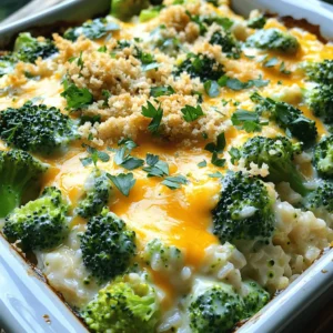 - 2 cups cooked white or brown rice - 2 cups fresh broccoli florets, steamed until tender - 1 cup sharp cheddar cheese, shredded - 1 cup cream of mushroom soup - 1 cup milk - 1 teaspoon garlic powder - 1 teaspoon onion powder - Salt and freshly ground black pepper to taste - 1/2 cup breadcrumbs (for a crispy topping) - 2 tablespoons olive oil - Preheat oven to 350°F (175°C) - Combine rice and broccoli in a mixing bowl - Add soup, milk, spices, and cheese; mix thoroughly - Transfer to a greased baking dish and top with breadcrumbs and cheese - Cover with foil; bake for 25 minutes - Remove foil; bake for an additional 15-20 minutes Making Cheesy Broccoli Rice Casserole is simple and fun. You start with the main ingredients, mixing cooked rice with steamed broccoli. This gives you a great base. The cheddar cheese adds a rich, creamy taste. The cream of mushroom soup and milk make the mix smooth. Next, we add some seasoning. Garlic powder and onion powder give the dish a nice flavor. Salt and pepper allow you to adjust the taste just how you like it. For a crunchy topping, breadcrumbs mixed with olive oil work great. Once you have everything mixed, pour it into a greased baking dish. This keeps it from sticking. Spread it out evenly. Then comes the fun part—topping it with more cheese and breadcrumbs! Now, cover the dish with foil. This keeps the moisture in while it cooks. Bake it for 25 minutes, then remove the foil. Bake for another 15-20 minutes until the cheese is melted and the top is golden. You can find the complete recipe [Full Recipe] for more detailed steps if needed. Enjoy this tasty, warm casserole. It’s perfect for dinner or as a side dish! To boost the taste of your Cheesy Broccoli Rice Casserole, I recommend using homemade cream of mushroom soup. It adds freshness and depth that store-bought versions can't match. You can easily make it by sautéing mushrooms with butter and mixing in some cream. Another fun tip is to experiment with different cheeses. Try gouda or pepper jack for a unique twist. Each cheese brings its own flavor, making each bite exciting. To make your casserole look beautiful, garnish it with fresh parsley or chives. The green color brightens the dish and gives it a fresh taste. For an extra touch of flavor, drizzle some balsamic glaze over the top just before serving. This adds a sweet and tangy contrast that pairs well with cheesy goodness. Make sure your broccoli is steamed evenly. This ensures every piece is tender and not overcooked. If some pieces are hard, they won't blend well with the rice. After baking, let the casserole rest for about five minutes. This simple step helps it set and makes slicing easier. You will have perfect portions for serving! You can easily switch the main veggies in this dish. Swap broccoli for cauliflower or spinach. Both options taste great and add different flavors. You can also try brown rice or quinoa instead of white rice. This makes the meal healthier and adds more fiber. If you need a gluten-free option, use gluten-free breadcrumbs. This keeps the crispy topping but makes it safe for gluten-sensitive folks. For a vegan version, substitute cheese and milk with plant-based choices. Almond milk and vegan cheese work well here. Want to add more taste? Cooked chicken or turkey is a great protein boost. This makes the meal heartier. You can also sprinkle in spices like paprika or cayenne for some heat. These little changes make a big difference in flavor. {{image_4}} After enjoying your cheesy broccoli rice casserole, store any leftovers in an airtight container. This keeps the flavors fresh for up to 4 days. I recommend letting it cool down before sealing. This way, it won’t steam and get soggy. You can freeze the casserole before baking it. This method lets you enjoy it later without losing taste. Just wrap it well in plastic wrap or foil and store it in the freezer for up to 3 months. When you are ready to bake, thaw it in the fridge overnight. Adjust the baking time since it will be cold. To reheat, the oven is your best bet. It helps keep the texture nice and creamy. Just cover it with foil and heat at 350°F (175°C) until warmed through. You can also use the microwave for a quicker option. It’s great for busy days when you want a tasty meal fast. Yes, you can prepare the casserole and refrigerate or freeze it before baking. This makes it easy to have a warm meal ready when you need it. Just remember to let it thaw before baking if frozen. You can use homemade cream soup or a different canned soup option, like cream of chicken or celery. This gives you flexibility based on what you have at home. To lighten it up, use reduced-fat cheese. You can also substitute whole milk with low-fat or unsweetened almond milk. These changes still keep the dish creamy and tasty. Absolutely! It stores well and can be portioned for easy meal prepping. Just make sure to use airtight containers for freshness. Enjoy it throughout the week! - 2 cups cooked white or brown rice - 2 cups fresh broccoli florets, steamed until tender - 1 cup sharp cheddar cheese, shredded - 1 cup cream of mushroom soup (store-bought or homemade) - 1 cup milk - 1 teaspoon garlic powder - 1 teaspoon onion powder - Salt and freshly ground black pepper to taste - 1/2 cup breadcrumbs (for a crispy topping) - 2 tablespoons olive oil 1. Preheat your oven to 350°F (175°C). 2. Mix the cooked rice and steamed broccoli in a large bowl. 3. Add cream of mushroom soup, milk, garlic powder, onion powder, and half the cheese. Season with salt and pepper. Stir well. 4. Grease a 9x13 inch baking dish with olive oil. Transfer the mixture into the dish and spread evenly. 5. In a small bowl, mix breadcrumbs with olive oil. Sprinkle over the casserole. 6. Add the remaining cheese on top of the breadcrumbs. 7. Cover the dish with aluminum foil, shiny side down. Bake for 25 minutes. 8. Remove the foil and bake for another 15-20 minutes. Watch for bubbling cheese and golden breadcrumbs. 9. Let the casserole rest for 5 minutes before serving. - Serving Size: 1/6 of the casserole - Calories: Approximately 320 - Total Fat: 12g - Saturated Fat: 5g - Carbohydrates: 42g - Protein: 12g - Fiber: 3g - Sugars: 2g This blog showed you how to make a tasty Cheesy Broccoli Rice Casserole. We covered all the main ingredients, from rice and cheese to spices. You learned step-by-step how to mix and bake it perfectly. I also shared tips to enhance flavor and fun variations. Finally, you got key storage info and answers to common questions. Enjoy making this dish! It’s simple, delicious, and adaptable for everyone.