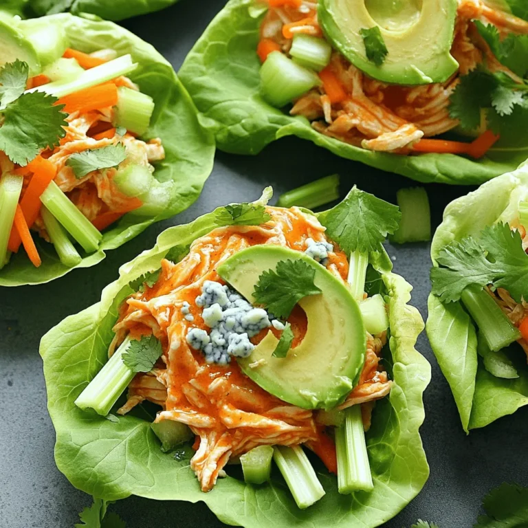 For these tasty wraps, you will need: - 1 lb boneless, skinless chicken breast, cooked and shredded - 1/2 cup buffalo sauce (adjust for your spice level) - 1 tablespoon olive oil - 1/2 cup celery, finely diced - 1/2 cup carrot, finely diced - 1/4 cup blue cheese, crumbled (optional) - 1 tablespoon fresh cilantro, finely chopped - Salt and pepper to taste - 1 head of romaine or butter lettuce, leaves separated - Slices of avocado for garnish (optional) These main ingredients create a bold flavor, making each bite exciting. The chicken takes center stage, paired perfectly with the spicy buffalo sauce. The veggies add crunch, while blue cheese brings creaminess. You can mix things up by adding: - Diced bell peppers for sweetness - Green onions for a mild onion taste - Shredded cabbage for extra crunch - Different types of cheese, like feta or cheddar These options let you personalize your wraps. They can brighten the dish and add new flavors. If you want to change things a bit, consider these swaps: - Use turkey or tofu instead of chicken for a lighter version. - Swap buffalo sauce with barbecue sauce for a sweeter taste. - Try Greek yogurt instead of blue cheese for a lighter creamy option. These substitutions keep the dish fresh and exciting. They can also help with dietary needs while still being delicious. If you want the full recipe, you'll find it in the article. To make buffalo chicken lettuce wraps, gather all your ingredients first. This helps you stay organized. You will need chicken, buffalo sauce, and fresh veggies. Prepare your lettuce leaves by washing and drying them. Make sure they are ready for the filling. 1. Heat one tablespoon of olive oil in a large skillet over medium heat. Wait until it shimmers slightly. 2. Add 1 pound of cooked and shredded chicken to the skillet. Pour in 1/2 cup of buffalo sauce. Stir well to coat the chicken evenly. Let it cook for about 3-4 minutes until heated. 3. Remove the skillet from the heat. Fold in 1/2 cup of finely diced celery and 1/2 cup of finely diced carrot. This adds crunch and flavor. 4. Season with salt and pepper to taste. If you like, add 1/4 cup of crumbled blue cheese for a creamy touch. 5. Take a lettuce leaf and place it on a serving plate. Spoon a generous portion of the buffalo chicken mixture into the center. Do not overfill the leaf. 6. Finish by sprinkling fresh cilantro on top. If you want, add a slice of creamy avocado for extra richness. 7. Carefully fold the lettuce leaf over the filling to create a wrap. Serve immediately for the best flavor. Arrange the wraps neatly on a platter. You can add a small bowl of extra buffalo sauce for dipping. A few sprigs of cilantro can brighten the presentation. Serve these wraps warm for the best taste and texture. Enjoy your flavorful and healthy dish! For the full recipe, check the detailed instructions. To make the best Buffalo Chicken Lettuce Wraps, use fresh ingredients. Fresh lettuce gives a nice crunch. Choose romaine or butter lettuce for a sturdy wrap. Cook your chicken well, then shred it finely. This helps the sauce coat every piece. Mix the buffalo sauce gradually. This way, you can control the spice level. A common mistake is overfilling the lettuce leaves. This makes wraps hard to eat. Avoid using too much buffalo sauce at once. It can overpower the other flavors. Ensure you season your chicken mix with salt and pepper. This simple step boosts the taste. Don’t forget to fold in the veggies. They add crunch and freshness. To adjust spice levels, start with less buffalo sauce. You can always add more later. If you want a milder taste, mix in some ranch or yogurt. This cools down the heat. If you love spice, try adding extra hot sauce. You can also pair your wraps with cooling sides like sour cream or guacamole. For the full recipe, check out the detailed instructions above. {{image_4}} You can swap the chicken for other proteins. Ground turkey works great as a lean option. Shredded pork adds a juicy twist. Try tofu for a plant-based choice. Each protein brings its unique flavor and texture. Buffalo sauce is classic, but you can get creative. Try barbecue sauce for a sweet kick. Ranch dressing gives a creamy touch. A honey mustard blend adds a nice zing. Mix and match to find your favorite combo. You can make these wraps vegan or vegetarian easily. Use chickpeas instead of chicken for protein. Cauliflower works well too, especially when roasted. For a creamy texture, add avocado or a vegan mayo. Everyone can enjoy this tasty dish! To store leftover wraps, place them in an airtight container. Keep them in the fridge for up to three days. Make sure the wraps are tightly sealed to keep them fresh. If you want to store the filling separately, use another container. This helps maintain the crunch of the lettuce. When you want to eat the leftover wraps, remove the filling from the lettuce. Heat the chicken mixture in a skillet over medium heat. Stir it often until it warms up. This should take about 5 minutes. Avoid microwaving, as it can make the chicken dry. Once warmed, serve it in fresh lettuce leaves for the best taste. You can freeze the buffalo chicken mixture for later use. Place the cooled chicken mixture in a freezer-safe bag. Be sure to remove as much air as possible before sealing. The mixture will stay good for about three months. When you're ready to eat, let it thaw in the fridge overnight. Reheat it in a skillet as mentioned earlier. Enjoy your meal with fresh lettuce once again! For the full recipe, check the section above. Yes, you can make Buffalo Chicken Lettuce Wraps ahead of time. Prepare the chicken mixture and store it in the fridge. Keep the lettuce leaves separate until you are ready to serve. This way, the lettuce stays crisp. You can enjoy your wraps fresh and tasty, even after prepping them early. Buffalo Chicken Lettuce Wraps pair well with many sides. Here are some great options: - Carrot and celery sticks - A fresh garden salad - Sweet potato fries - Quinoa salad - A light yogurt dip These sides add color and flavor to your meal. You can mix and match based on your preference. Yes, Buffalo Chicken Lettuce Wraps can be gluten-free. Use gluten-free buffalo sauce to keep it safe for those with gluten allergies. The chicken, veggies, and lettuce are naturally gluten-free. Always check the labels on sauces to ensure they meet your needs. Enjoy these wraps without worry! For the full recipe, check the detailed instructions above. Buffalo chicken lettuce wraps are simple and fun to make. We explored key ingredients, cooking steps, and handy tips. You learned how to vary your wraps and avoid common mistakes. Plus, you now know how to store leftovers safely. Keep experimenting with flavors and textures. Share your creations with friends and enjoy!
