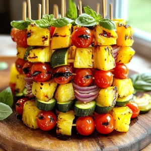 - 1 red bell pepper, cut into even-sized chunks - 1 yellow bell pepper, cut into even-sized chunks - 1 green zucchini, sliced into round pieces - 1 red onion, cut into wedges - 1 cup cherry tomatoes, washed and stems removed - 1 cup mushrooms, cleaned and stems trimmed - 1 cup fresh pineapple chunks - 3 tablespoons extra virgin olive oil - 2 tablespoons balsamic vinegar - 1 teaspoon garlic powder - 1 teaspoon dried oregano - Salt and freshly cracked black pepper, to taste - Fresh basil leaves, for garnish The ingredients are bright and colorful. They bring life to your plate. I love how fresh vegetables like bell peppers and zucchini can add crunch and flavor. The cherry tomatoes burst with sweetness. Pineapple brings a tropical twist. For the marinade, the extra virgin olive oil and balsamic vinegar work wonders. They help the veggies soak in all the flavors. Garlic powder and dried oregano add depth. Don’t forget salt and pepper; they bring balance. When it comes to garnishing, fresh basil leaves are a must. They add a lovely aroma and a splash of green. Your skewers will look stunning with these vibrant ingredients. For the complete recipe, check out the [Full Recipe]. Enjoy the process of gathering these ingredients. It sets the stage for a fun cooking adventure! - Preheating the grill Start by preheating your grill to medium-high heat. This step is key for even cooking. A hot grill helps create nice grill marks and adds flavor. - Making the marinade In a large bowl, mix together the extra virgin olive oil, balsamic vinegar, garlic powder, dried oregano, salt, and pepper. Whisk it all together until well blended. This marinade is what makes your veggies burst with flavor. - Soaking wooden skewers (if using) If you choose wooden skewers, soak them in water for 30 minutes. This prevents them from burning on the grill. It’s a simple step that makes a big difference. - Threading vegetables and pineapple Take your soaked or metal skewers and start threading on the veggies and pineapple. I like to alternate colors and shapes. This not only looks pretty but also makes every bite exciting. - Cooking time and turning frequency Place the skewers on the preheated grill. Grill them for about 10 to 15 minutes. Remember to turn them every couple of minutes. This ensures they cook evenly and get that lovely char. - Checking for doneness Check the veggies for tenderness. They should be soft but not mushy. You want them to have a nice bite. Once they reach that point, they are ready to come off the grill. This simple method lets you create a vibrant and tasty treat that's sure to impress. For the full recipe, check out the details above. To get the best grill marks, keep your grill hot. Place the skewers on the grill and don't move them too much. This helps veggies sear well and get those beautiful lines. Turn them every few minutes to cook evenly. Burning veggies can ruin your meal. To prevent this, choose the right veggies. Use firmer ones like bell peppers and mushrooms. Slice them thick enough to hold up on the grill. Soak wooden skewers in water for at least 30 minutes. This helps them not catch fire. Adding spices can boost the taste. Try adding smoked paprika for a nice kick. A sprinkle of cumin can also give a warm flavor. Fresh herbs like thyme or rosemary can make a big difference too. For marinades, you can try mixing soy sauce with the balsamic vinegar. This adds a salty, rich flavor. Citrus juices, like lemon or lime, are great too. They add a fresh, bright taste to the veggies. When serving, arrange the skewers on a large platter. Keep colors in mind for a vibrant look. Place the greens with the reds and yellows for a beautiful display. Drizzling the remaining marinade over the skewers adds flavor and shine. This step makes the dish look even more appealing. You can also serve with a side of tzatziki or hummus for extra dipping fun. {{image_4}} You can switch up the veggies for your skewers. Seasonal veggies add fun flavors. Try adding: - Carrots, cut into sticks - Bell peppers of various colors - Eggplant, diced into cubes - Asparagus, cut to fit Mushrooms come in many types. Use portobello or shiitake for great taste. You can also try oyster mushrooms; they add a nice texture. Want to make your skewers heartier? Add protein! You can use: - Chicken, cut into bite-sized pieces - Tofu, pressed and cubed - Shrimp, peeled and deveined Marinate your protein apart from the veggies. This helps each ingredient soak in its own flavors. You can use the same marinade for a tasty mix. Make your skewers fit the season! For a fall theme, use: - Sweet potatoes, cubed - Brussels sprouts, halved - Butternut squash, diced In summer, visit local farmers’ markets. Use fresh produce like zucchini, corn, or cherry tomatoes. This way, your skewers taste fresh and vibrant. For the full recipe, check out the Rainbow Veggie Skewers section above! To keep Rainbow Veggie Skewers fresh, store them in the fridge. Place them in an airtight container. This helps prevent moisture loss. They will stay good for about three days. You can also wrap them tightly in plastic wrap. When it’s time to eat leftovers, I recommend reheating them in the oven. Preheat your oven to 350°F (175°C). Place the skewers on a baking sheet and cover them with foil. Heat for about 10 minutes. This method keeps the skewers from getting soggy. You can also use a grill or skillet. Just be careful not to overheat them. You can freeze ungrilled skewers for later use. Just prepare them as normal, but skip grilling. Place the skewers in a single layer on a tray. Freeze them for about an hour. Once frozen, transfer them to a freezer bag. Be sure to squeeze out as much air as possible. When you’re ready to cook, thaw them in the fridge overnight. You can grill them straight from the freezer too, but add a few extra minutes to the cooking time. Grill veggie skewers for about 10 to 15 minutes. Different veggies need different times. For soft veggies like zucchini and tomatoes, check them after 8 minutes. For firmer veggies like bell peppers and onions, wait a bit longer. Turn the skewers every few minutes to cook evenly. Yes, you can prepare these skewers in advance. Cut up the veggies and marinate them the day before. Store them in the fridge in an airtight container. This saves time and boosts flavor. Just remember to soak wooden skewers if you use them. To make Rainbow Veggie Skewers, you need a few simple tools: - Grill - Skewers (metal or wooden) - Mixing bowl - Whisk - Tongs - Knife and cutting board If you don't have skewers, you can grill the veggies directly on the grill rack. Yes! You can use either metal or wooden skewers. Metal skewers are reusable and easy to clean. They also help cook veggies evenly. Wooden skewers are great for one-time use and can add a nice look, but soak them first to prevent burning. Dipping sauces can elevate your skewers. Here are some popular options: - Tzatziki - Hummus - Ranch dressing - Garlic aioli - Sweet chili sauce These dips add flavor and make your Rainbow Veggie Skewers even more fun to eat. For the full recipe, check out the complete instructions. In this article, we explored how to make flavorful veggie skewers. We discussed fresh vegetables, a tasty marinade, and garnishing with basil. I shared step-by-step instructions for preparation, skewering, and grilling. Tips offered help you achieve perfect results. You can add proteins, use seasonal variations, and store leftovers with ease. These skewers offer flavor, color, and fun for any meal. Enjoy grilling and making them your own!