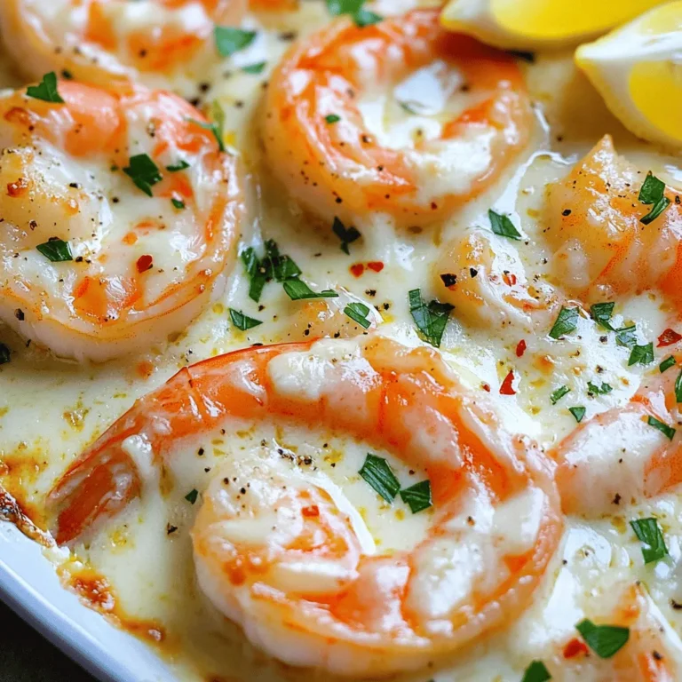 - 1 lb large shrimp, peeled and deveined - 4 tablespoons unsalted butter - 4 cloves garlic, finely minced - 1 teaspoon red pepper flakes - 1 cup heavy cream - 1 cup shredded mozzarella cheese - 1/2 cup grated Parmesan cheese - Salt and freshly ground black pepper - 2 tablespoons fresh parsley, finely chopped - Lemon wedges for serving - Step 1: Melt the butter in a large skillet. - Step 2: Sauté garlic and red pepper flakes. - Step 3: Cook the shrimp until pink and opaque. - Step 4: Pour in the heavy cream and stir. - Step 5: Add cheese and mix until melted. - Step 6: Garnish and serve with lemon wedges. This dish comes together quickly, making it perfect for a weeknight meal. The shrimp cook fast, so stay close to the stove. As the shrimp cook, they turn a lovely pink and curl slightly, which means they're ready! This is where the magic happens. Adding the cream creates a rich sauce that blends beautifully with the melted cheese. For a bit of heat, adjust the red pepper flakes to your taste. The fresh parsley adds a nice pop of color and flavor. Don’t skip the lemon wedges! A squeeze of lemon brightens the dish and balances the richness. This recipe is a great way to enjoy a gourmet meal at home. You can find the full recipe in the article above. Enjoy cooking! Adjusting spice levels with red pepper flakes is easy. Start with a small amount. Taste as you go. If you want more heat, just add more. Fresh garlic is a must. It gives the dish a strong, bold taste. Use whole cloves and finely mince them for best results. Shrimp cooks fast. Aim for 2-3 minutes. You want them pink and slightly curled. Overcooking makes them rubbery. When adding cheese, sprinkle it in slowly. This helps it melt evenly. Stir well to keep the sauce smooth and creamy. If you prefer, try scallops or chicken instead of shrimp. Both taste great with this sauce. For a lighter dish, use low-fat cream and cheese. It still tastes good but with fewer calories. Fresh herbs can change the dish. Add thyme or basil for extra flavor. Each herb brings a unique taste. You can also swap different cheeses. Try gouda or cheddar for a fun twist. For the full recipe, check out the detailed instructions above. Store your Cheesy Garlic Butter Shrimp in an airtight container. It is best to refrigerate it right after cooling. Ensure it cools down to room temperature before sealing. This keeps the shrimp fresh for you. Use a glass or plastic container with a tight lid. To reheat your shrimp, use a skillet over low heat. This method helps keep the shrimp tender. You can also use a microwave. If using a microwave, cover the dish to trap moisture. Heat in short bursts to avoid overcooking. Stir the shrimp occasionally to ensure even warmth. You can pair your shrimp with many tasty sides. Here are a few ideas: - Steamed rice or cauliflower rice - Crusty garlic bread - Fresh salad with lemon vinaigrette - Pasta tossed with olive oil and herbs Yes, you can prep this dish in advance. Cook the shrimp and sauce ahead of time. Store it in the fridge for up to two days. When ready to serve, reheat gently. Add fresh parsley before serving for extra flavor. This dish lasts about 2 to 3 days in the fridge. Make sure to store it properly in an airtight container. If you see any signs of spoilage, it’s best to discard it. Always prioritize freshness for the best taste. This recipe can be gluten-free if you check your ingredients. Use gluten-free options for the heavy cream and cheese. It is also low in carbs, making it great for low-carb diets. Always check labels to ensure they fit your dietary needs. {{image_4}} To make Cheesy Garlic Butter Shrimp, follow these clear steps. This dish is quick and tasty. It takes about 25 minutes from start to finish. 1. Melt 4 tablespoons of unsalted butter in a large skillet over medium heat. Watch it to prevent browning. 2. Add 4 cloves of finely minced garlic and 1 teaspoon of red pepper flakes. Sauté for about 1 minute until you smell the garlic. 3. Turn the heat to medium-high. Add 1 pound of peeled and deveined shrimp. Season with salt and black pepper. Cook for 2-3 minutes until the shrimp turn pink and curl. 4. Lower the heat back to medium. Pour in 1 cup of heavy cream. Stir gently to combine. 5. Slowly add 1 cup of shredded mozzarella and 1/2 cup of grated Parmesan cheese. Keep stirring until the cheese melts, creating a smooth sauce. 6. Let the sauce simmer for 2-3 more minutes to thicken. Taste it and adjust the salt and pepper. 7. Take the skillet off the heat. Sprinkle 2 tablespoons of finely chopped fresh parsley on top. 8. Serve hot with lemon wedges on the side for a zesty kick. Prep Time: 10 minutes Total Time: 25 minutes Servings: 4 For a great presentation, use shallow bowls. Drizzle extra sauce on top. Add more parsley for color. You can pair this dish with crusty bread or serve it over pasta for a full meal. Enjoy this easy and delicious recipe! This blog post covered how to make Cheesy Garlic Butter Shrimp. You learned about the main ingredients, like shrimp, butter, and garlic. I provided step-by-step cooking instructions for easy prep. Tips enhanced the flavors, and I shared tasty variations. Remember, leftovers can be stored easily, and reheating keeps them nice. You can impress everyone with this dish. It’s simple and packed with flavor. Enjoy your cooking and the smiles it brings!