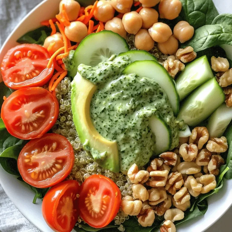 - 1 cup cooked quinoa - 1 cup chickpeas, rinsed and drained - 1 cup cherry tomatoes, halved - 1 avocado, sliced - 1 cucumber, thinly sliced - 2 cups fresh spinach or mixed greens - ½ cup shredded carrots - ¼ cup walnuts, toasted The main ingredients form the heart of the Green Goddess Buddha Bowl. Each item adds unique flavors and textures. - Cooked quinoa serves as a protein-rich base. It’s light yet filling. - Rinsed chickpeas bring a nutty taste and creamy texture. They boost protein too. - Cherry tomatoes add a sweet and juicy burst. They balance the bowl nicely. - Sliced avocado gives creaminess and healthy fats. It makes each bite rich. - Thinly sliced cucumber offers a refreshing crunch. It keeps the bowl light. - Fresh spinach or mixed greens provide vitamins and a vibrant color. They enhance the dish's health quotient. - Shredded carrots add sweetness and color. They also provide a nice crunch. - Toasted walnuts introduce a rich, nutty flavor and extra crunch. They round out the texture. - 1 cup fresh basil leaves - ½ cup fresh parsley leaves - ½ avocado - 2 tablespoons lemon juice - ¼ cup olive oil - 1 clove garlic - Salt and pepper to taste The Green Goddess dressing ties everything together. It adds flavor and flair to the bowl. - Fresh basil leaves bring a fragrant aroma and a hint of sweetness. - Fresh parsley leaves add brightness and a peppery note. - Avocado makes the dressing creamy and rich. - Lemon juice gives a fresh zing. It brightens the overall taste. - Olive oil adds smoothness and richness. It’s heart-healthy too. - Garlic lends a savory depth. It enhances the dressing's flavor. - Salt and pepper round out the taste. They ensure each bite is well-seasoned. This dressing is simple but packed with flavor. You can find the full recipe linked above. To start, rinse 1 cup of quinoa under cold water. This helps remove any bitterness. Then, cook it by combining the rinsed quinoa with 2 cups of water. Bring this mix to a boil. Once boiling, reduce the heat and let it simmer for about 15 minutes. The quinoa will absorb all the water and become fluffy. After cooking, fluff it with a fork and let it cool for a bit. Next, let’s make the Green Goddess dressing. In a blender, combine 1 cup of fresh basil, ½ cup of fresh parsley, and half an avocado. Add 2 tablespoons of lemon juice, ¼ cup of olive oil, and 1 clove of garlic. Sprinkle in some salt and pepper, then blend until smooth. If the dressing is too thick, add water, one tablespoon at a time, until you get your desired consistency. Now, let’s assemble your Buddha bowl. Grab two bowls and start with a generous layer of cooked quinoa as the base. Next, evenly distribute the chickpeas, halved cherry tomatoes, sliced avocado, thin cucumber slices, fresh spinach, and shredded carrots on top of the quinoa. For some added crunch, sprinkle ¼ cup of toasted walnuts over the top. Finally, drizzle your Green Goddess dressing over the assembled ingredients. Feel free to set aside a small bowl of extra dressing for those who want more. Taste your bowl and adjust with salt and pepper to get the perfect flavor. You can find the full recipe for this delicious meal above! To make a great Buddha bowl, focus on balance. You want a mix of flavors and textures. Combine creamy, crunchy, and fresh ingredients. For example, pair soft avocado with crunchy walnuts. Adjust the amounts based on your taste. If you love chickpeas, add more. If you prefer greens, pile on the spinach. To boost your Green Goddess dressing, add more herbs. Try dill or cilantro for a twist. Spices like cumin can add depth. If the dressing is too thick, thin it out. Add water one spoon at a time. Blend until you reach the right consistency. Pair your Buddha bowl with proteins for a full meal. Grilled chicken or tofu works great. You can also serve it with a side of bread. For a stunning look, arrange the bowl with care. Use a colorful plate and garnish with a basil leaf. This adds flair and makes it pop. {{image_4}} You can easily change the protein in your bowl. Adding grilled chicken gives a nice crunch. If you want a plant-based option, tofu works great. For a different flavor, switch to lentils or black beans. These options boost taste and protein. Seasonal vegetables can make your dish more exciting. Think about adding roasted bell peppers or sweet corn. You can also swap greens like spinach with arugula for a peppery twist. This keeps your meal fresh and tasty. To spice things up, consider adding hot sauce for some heat. Nuts like almonds or pecans add crunch and flavor. You can also try different dressings. A tahini or yogurt-based dressing can change the whole dish. Experimenting with flavors keeps your meals fun and unique. For the full recipe, check out the Green Goddess Buddha Bowl 🥗. To keep your Green Goddess Buddha Bowl fresh, store leftovers in the fridge. Use airtight containers for the best results. Glass containers are great since they don’t absorb odors. Try to eat leftovers within three days for the best taste and texture. You can freeze individual components like quinoa and chickpeas. Pack them in small bags or containers. When you’re ready to eat, thaw them in the fridge overnight. For best results, reheat them in a pan or microwave until warm. Avoid reheating more than once to keep them tasty. Most fresh ingredients last a few days. Here’s a quick guide: - Cooked quinoa: 5 days in the fridge. - Chickpeas: 3-4 days if stored well. - Cherry tomatoes: 5-7 days at room temp, 2-3 days in the fridge. - Avocado: 1-2 days once cut. - Spinach or greens: 3-5 days in the fridge. Watch for signs of spoilage like bad smells or slimy textures. Fresh food tastes best, so use it while it's still good! A Buddha bowl is a nutritious meal in a bowl. It has a mix of grains, veggies, and proteins. You can use ingredients like: - Cooked quinoa - Rinsed chickpeas - Cherry tomatoes - Sliced avocado - Thinly sliced cucumber - Fresh spinach or mixed greens - Shredded carrots - Toasted walnuts These bowls are colorful and fun. They look great and taste even better! Yes, you can make Green Goddess Dressing ahead of time. Store it in a sealed container. Keep it in the fridge for up to three days. The dressing stays fresh, but it may thicken. If it does, add a bit of water to loosen it up. Yes, this recipe is vegan-friendly. All the ingredients fit a vegan diet. The Green Goddess Dressing uses fresh herbs and avocado. There are no animal products in this dish. To make the dish gluten-free, choose gluten-free grains. Swap quinoa for brown rice or farro. Be careful with any packaged ingredients. Always check labels to ensure they are gluten-free. If you want to use grains besides quinoa, you have options. Consider these alternatives: - Brown rice - Farro - Barley - Bulgur Each grain adds different flavors and textures. Try them out to find your favorite! For the full recipe, check out the Green Goddess Buddha Bowl. The Green Goddess Buddha Bowl is a tasty and healthy choice. We explored main ingredients like quinoa, chickpeas, and fresh veggies. Making the Green Goddess dressing adds great flavor. You can also adjust ingredients and try different proteins. This bowl suits many diets, is easy to customize, and stores well. Enjoy creating your version, and remember to have fun with flavors!