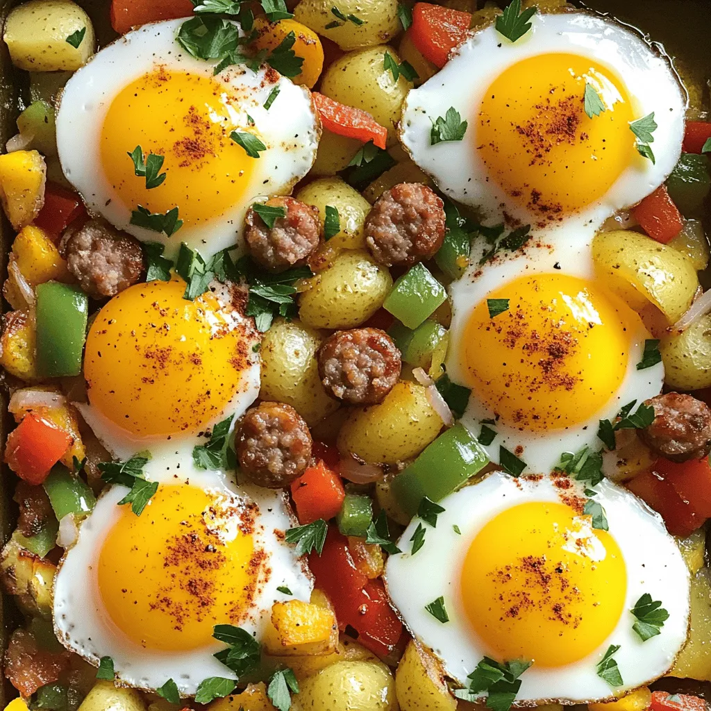 To make a tasty savory breakfast hash, gather these key items: - 2 medium potatoes, diced into small cubes - 1 cup bell peppers, a mix of red and green, diced - 1 small onion, finely diced - 1 cup cooked breakfast sausage, crumbled (or a plant-based option) - 4 large eggs - 2 tablespoons olive oil - 1 teaspoon smoked paprika - ½ teaspoon garlic powder - ½ teaspoon freshly ground black pepper - Salt, to taste - Fresh parsley, chopped, for garnish These ingredients work well together. The potatoes give a hearty base, while the bell peppers and onions add sweetness and color. The sausage provides a savory touch. You can make your breakfast hash unique by adding: - Spinach or kale for greens - Cherry tomatoes for a burst of flavor - Cheese for creaminess - Hot sauce for some heat - Avocado slices for extra richness Feel free to mix and match these options based on what you like. This lets you create a dish that fits your taste. To whip up this savory breakfast hash, have the following tools ready: - A large skillet for cooking - A spatula for stirring and serving - A sharp knife for chopping - A cutting board for easy prep With these ingredients and tools, you can create a breakfast hash that is quick and full of flavor. Don't forget to check the Full Recipe for detailed steps! Start by heating 1 tablespoon of olive oil in a large skillet over medium heat. When the oil shimmers, add the diced potatoes. Season them with salt and black pepper. Cook for about 10 to 12 minutes, stirring now and then. You want the potatoes to be tender and golden. Next, add the diced onion and bell peppers to the skillet. Stir well and cook for another 5 to 7 minutes. The veggies should be soft and smell great. Now, mix in the crumbled breakfast sausage. Add the smoked paprika and garlic powder, stirring everything together. Let it cook for another 3 to 4 minutes to blend the flavors. Choose medium-sized potatoes for even cooking. Russet or Yukon Gold work great. Cut them into small cubes for quicker cooking. Soak the diced potatoes in water for 10 minutes before cooking. This helps remove excess starch and makes them crispier. Don’t overcrowd the skillet; use a large enough pan to allow space. Stir regularly to avoid burning and ensure even browning. Creating small wells in the hash is key. Crack one egg into each well gently. Cover the skillet to trap steam and cook the eggs evenly. For runny yolks, check them at around 5 minutes. For firmer yolks, let them cook for about 7 minutes. If you prefer scrambled eggs, whisk them in a bowl first. Pour them into the hash after adding the sausage and spices. Cook until they’re just set for a light and fluffy texture. For the full recipe, refer to the above section and enjoy this delicious dish! To boost flavor, use fresh herbs. Parsley adds brightness. You can also try cilantro or chives. Adding a splash of hot sauce can give your hash a kick. Use smoked paprika for a deep, rich taste. If you want a bit more heat, add cayenne pepper. For a savory touch, consider a dash of Worcestershire sauce. One common mistake is undercooking potatoes. Make sure they are tender and golden. Avoid overcrowding the skillet. This can lead to steaming instead of browning. Another mistake is not seasoning well. Taste your hash as you cook. Adjust salt and pepper as needed. Lastly, don’t rush the eggs. Let them cook gently to your liking for the best texture. To change serving sizes, simply scale the ingredients. For two servings, use one potato and two eggs. If you want to make more, double the recipe. This hash is easy to adapt. Just keep the ingredient ratios similar. You can also add more vegetables or proteins if you want extra portions. Experiment and enjoy your perfect breakfast hash! {{image_4}} You can make a tasty vegetarian hash without meat. Use a mix of veggies like zucchini, mushrooms, or spinach. Replace sausage with black beans or chickpeas. These add protein and flavor. You can also use tofu for a protein boost. Season with herbs like thyme and basil for more taste. This dish stays colorful and healthy. If you like heat, add jalapeños or red pepper flakes. This will give your hash a kick. You can also try spicy sausage or chorizo. These meat choices add a rich flavor. For extra zest, mix in a splash of hot sauce. Remember, balance the spice with creamy avocado or sour cream. This will help cool it down. Making a gluten-free breakfast hash is simple. The main ingredients, like potatoes and veggies, are naturally gluten-free. Just check your sausage label to ensure it’s gluten-free. You can also use quinoa as a base. This adds a nutty flavor and is packed with protein. Serve with a side of gluten-free toast for a complete meal. Feel free to explore these variations to make the hash your own! For the full recipe, check out the Savory Breakfast Hash. To keep your savory breakfast hash fresh, allow it to cool down. Use an airtight container to store the leftovers. Make sure to seal it tightly. You can keep it in the fridge for up to three days. This way, you can enjoy it again soon! When you are ready to eat your leftovers, you can reheat them in a skillet or the microwave. If using a skillet, add a splash of olive oil. Heat over medium until warm. Stir it often to heat evenly. If using a microwave, cover it with a microwave-safe lid. Heat for one to two minutes, stirring halfway through. This keeps the eggs from overcooking. If you want to store your breakfast hash for longer, freezing is a great option. Divide the hash into portions and place them in freezer-safe bags. Press out any extra air before sealing. You can store it in the freezer for up to three months. When you are ready to enjoy it, thaw it overnight in the fridge. Then reheat it as described above. This will help maintain the taste and texture. For the full recipe, check out the [Full Recipe]. The best potato for breakfast hash is the Yukon Gold. It has a creamy texture and holds its shape well. Russet potatoes are also a good choice. They give a crispy outer layer when cooked. Try to avoid waxy potatoes like red potatoes. They can become mushy during cooking. Yes, you can make Savory Breakfast Hash ahead of time. Cook the hash without eggs and store it in the fridge. When ready to eat, reheat the hash in a skillet. Then, add the eggs and cook them fresh. This keeps the eggs from becoming rubbery. You can also store the hash for up to three days. Good side dishes to serve with breakfast hash include fresh fruit, toast, or yogurt. A simple green salad can add freshness. If you want more protein, serve it with bacon or ham. For a fun twist, pair it with avocado slices or guacamole. These add creaminess and flavor to the dish. Savory breakfast hash offers a tasty way to start your day. We covered essential and optional ingredients, cooking steps, and great tips. You can customize it to fit your tastes, whether vegetarian or spicy. Remember the right cooking tools for best results. Store your leftovers properly to enjoy later. A well-made hash is not just a meal; it’s a chance to explore flavors. Experiment and find your favorite version for a delightful breakfast treat.
