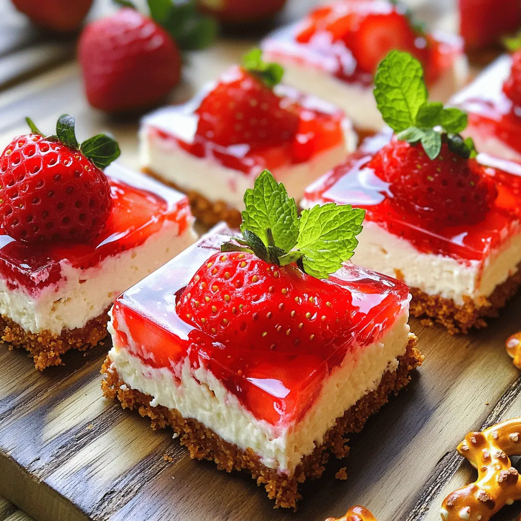 - 2 cups pretzel sticks, crushed - 1/2 cup unsalted butter, melted - 1/4 cup granulated sugar - 1 package (8 oz) cream cheese, softened - 1 cup powdered sugar - 1 container (8 oz) whipped topping (like Cool Whip) - 2 cups fresh strawberries, hulled and sliced - 1 package (3 oz) strawberry gelatin mix - 2 cups boiling water - 2 cups cold water Gathering the right ingredients is key to making a great Strawberry Pretzel Salad. The sweet, salty, and creamy layers create a delightful mix. Start with the pretzel sticks. Crushing them gives a nice crust. The butter and sugar add flavor and help hold the crust together. The cream cheese, powdered sugar, and whipped topping make a rich, fluffy layer. Fresh strawberries are essential. They bring bright color and juicy sweetness. The strawberry gelatin mix adds more flavor and helps set the dessert. Make sure to have boiling and cold water ready. This is important for the gelatin to dissolve correctly. With these ingredients, you’re set to create a dessert that everyone will love. For a detailed guide, check out the Full Recipe. - Mixing bowls - Electric mixer - 9x13-inch baking dish - Spatula You’ll need a few tools to make this dessert easy. Mixing bowls help combine ingredients. An electric mixer makes blending the cream cheese easier. A 9x13-inch baking dish is perfect for the layered look. Lastly, a spatula helps spread layers smoothly. Having the right equipment makes the process fun and simple. Get your ingredients and tools ready, and let’s create this tasty treat! Start by preheating your oven to 350°F (175°C). This heat will help create the perfect crust. In a medium bowl, mix together 2 cups of crushed pretzel sticks, 1/2 cup of melted unsalted butter, and 1/4 cup of granulated sugar. Stir until the mixture is crumbly and well blended. Press the pretzel mixture firmly into the bottom of a 9x13-inch baking dish. Make sure it is even and compact. Bake this in the preheated oven for about 10 minutes. Once done, take it out and let it cool completely. In a large mixing bowl, beat 1 package of softened cream cheese with 1 cup of powdered sugar. Use an electric mixer for a smooth texture. Once fluffy, gently fold in 8 ounces of whipped topping, making sure the mixture is light and airy. In a separate bowl, mix 1 package of strawberry gelatin with 2 cups of boiling water. Stir until it dissolves completely. Next, add in 2 cups of cold water and mix well to combine. Once the gelatin mixture has cooled a bit, fold in 2 cups of hulled and sliced strawberries. This adds fresh flavor. Carefully pour the strawberry gelatin over the cream cheese layer, spreading it evenly. Cover the dish with plastic wrap and refrigerate for at least 4 hours. This allows the gelatin to set firmly. When ready, cut the salad into squares and serve chilled. For a nice touch, garnish each piece with a fresh strawberry and a sprig of mint. For the complete recipe, check the Full Recipe section. To achieve the perfect crust, start with the right pretzel type. I use regular pretzel sticks, not rods. Crush them finely, but not into powder. This helps form a nice crunch. Mixing them with melted butter and sugar is key. Press the mixture firmly into your baking dish. Bake at 350°F for just 10 minutes. Let it cool completely before adding the cream cheese layer. You can easily enhance the flavor of your Strawberry Pretzel Salad. For a twist, add a splash of vanilla extract to the cream cheese layer. If you're feeling adventurous, mix in crushed pineapple or chopped nuts. They add a different texture and taste. Fresh herbs like mint can also create a refreshing note. Make your dessert stand out with simple garnishing. Top each serving with a fresh strawberry and a sprig of mint. This adds a pop of color. You could also sprinkle some crushed pretzels on top for added crunch. Serve it in clear cups for a beautiful layered look. {{image_4}} You can swap out strawberries for other fruits. Blueberries, raspberries, or peaches work well. Each fruit adds its unique flavor. For a tropical twist, try pineapple or mango. Just remember to chop the fruits small so they mix well. You can use different gelatin flavors to change the taste. Try raspberry or peach gelatin for a new spin. Mixing flavors can create fun layers. Just follow the same steps as the strawberry version. The process remains the same; only the flavor changes. To make this dish gluten-free, choose gluten-free pretzels. Many brands offer tasty options now. Double-check the labels to ensure they are safe. You can enjoy this dessert without worry. The rest of the ingredients are naturally gluten-free, making it easy to adapt. After making your Strawberry Pretzel Salad, store it in the fridge. Use a tight lid or wrap it well with plastic wrap. This keeps it fresh and prevents it from picking up other smells in your fridge. Always make sure it is cool before covering it. Your delicious salad can last up to 3 days in the fridge. After that, it may lose its texture and flavor. If you notice any changes in smell or appearance, it's best to toss it out. Always trust your senses! If you want to freeze your salad, it’s easy! Cut it into squares for individual servings. Place each piece in a freezer-safe container. You can also freeze the whole salad if you prefer. Just wrap it tightly in plastic wrap, then foil. When you’re ready to eat, let it thaw in the fridge overnight. Enjoy your dessert later without any hassle! Yes, you can make this salad a day ahead. It tastes great when chilled overnight. Just cover it well with plastic wrap to keep it fresh. This also allows the flavors to mix well. When you serve it, the salad will be set perfectly. If you need a substitute for cream cheese, you can use dairy-free cream cheese. Also, silken tofu blended until smooth works well. For a lighter option, try Greek yogurt. These choices keep the taste creamy and rich. To balance the salty flavor, reduce the pretzel amount or add more sugar. You can also try using unsalted pretzels for a milder taste. This way, you adjust the saltiness to your liking without losing the crunch. Absolutely! This recipe is great for parties and potlucks. It serves around 12 people easily. You can double the recipe for larger groups. Just make sure you have enough dish space to fit it all. You can find the Full Recipe by following this link. It includes all the details you need to make this delicious Strawberry Pretzel Salad. Making this strawberry pretzel salad is simple and fun. You have learned about the key ingredients, the equipment you need, and step-by-step instructions to create the layers. We explored tips for texture and flavor, plus ways to adjust for different diets. This dessert works well for any gathering and can be made ahead. I hope you feel ready to try this tasty treat. Enjoy making and sharing your good work!