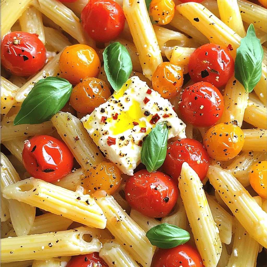 To make the best Baked Feta Pasta, gather these simple ingredients: - 200g feta cheese, block - 300g pasta (penne or fusilli) - 2 cups cherry tomatoes, halved - 4 cloves garlic, finely minced - 1/4 cup extra virgin olive oil - 1 teaspoon dried oregano - 1 teaspoon red pepper flakes (optional) - Salt and pepper, to taste - Fresh basil leaves, for garnishing - Grated Parmesan cheese, for serving (optional) Each ingredient plays a key role in creating a dish that bursts with flavor. The feta cheese melts into a creamy delight. The cherry tomatoes become sweet and juicy when baked. Garlic adds depth, while olive oil helps everything blend. You can make this dish with ease. Grab your favorite pasta type, and don't forget the basil. It adds a fresh touch that brightens the meal. For the full recipe, follow the steps in the next section. First, preheat your oven to 400°F (200°C). This step is key. Preheating helps cook your dish evenly. If you skip this, your feta and tomatoes may not bake well. Next, grab a large baking dish. Mix 2 cups of halved cherry tomatoes and 4 cloves of minced garlic in the dish. Drizzle 1/4 cup of olive oil over the top. Then, sprinkle 1 teaspoon of dried oregano and some salt and pepper. Toss everything gently. This ensures the tomatoes soak up all the flavors. Now, make a space in the center and place the block of feta cheese there. Drizzle a little more olive oil on top of the feta and add a pinch of salt and pepper. Place the dish in the oven and bake for about 30 minutes. Look for the tomatoes to burst and the feta to turn golden. This is where the magic happens. While the feta and tomatoes bake, fill a large pot with salted water and bring it to a boil. Add 300g of pasta. I recommend penne or fusilli. Cook according to the package instructions until it’s al dente. This usually takes around 8-10 minutes. Once done, drain the pasta and set it aside. After baking, take the dish out. Use a fork to mash the baked feta and tomatoes together. This creates a creamy sauce. Once mixed, add the cooked pasta directly into the baking dish. Toss everything together well. If it looks a bit dry, add a splash of the reserved pasta water. This helps coat the pasta nicely. Enjoy this simple yet tasty dinner idea! For the complete recipe, check out the Full Recipe. For the best results, choose a large baking dish. A 9x13 inch dish works great. This size allows the tomatoes to spread out and roast evenly. To achieve a creamy sauce, mash the baked feta well with the tomatoes. This creates a rich, smooth texture. If it's too thick, add some reserved pasta water. This will help loosen it up. For a lovely presentation, serve the pasta straight from the baking dish. It gives a cozy, rustic feel. You can also plate it individually for a more polished look. Pair this dish with a fresh green salad or garlic bread. A crisp white wine, like Sauvignon Blanc, complements the flavors nicely. If you can’t find feta cheese, try goat cheese or ricotta. Both options add great flavor. You can also swap out the pasta. Use spaghetti, or any pasta shape you have on hand. Each type will give a unique twist to the dish. For the full recipe, check the earlier section. Enjoy your cooking! {{image_4}} You can easily make Baked Feta Pasta more veggie-packed. Adding more vegetables boosts flavor and nutrition. Consider mixing in spinach or zucchini. - Spinach: It wilts nicely and adds a nice green color. - Zucchini: Slice it thin. It cooks quickly and blends well with feta. Fresh herbs can also change the flavor. Instead of just basil, try these: - Parsley: Adds a fresh taste. - Oregano: A classic Mediterranean flavor. If you love heat, you can spice up your dish! Adjust the heat level to your liking. Here’s how: - Use more red pepper flakes. Start with a teaspoon and add more if you want. - Try adding fresh jalapeños or sliced chili peppers. You can also explore different spices like: - Cayenne pepper: For a strong kick. - Smoked paprika: Adds a smoky flavor without too much heat. For those avoiding gluten, choose gluten-free pasta. There are many tasty options available. Good choices include: - Brown rice pasta: Chewy and satisfying. - Chickpea pasta: Packed with protein and fiber. Just remember to cook it a bit less than regular pasta. Gluten-free pasta can become mushy if overcooked. Check the package for exact cooking times. After you enjoy your Baked Feta Pasta, store any leftovers right away. Let the dish cool to room temperature first. Use an airtight container to keep it fresh. This will help prevent it from drying out. I recommend glass containers for easy reheating. To reheat the pasta, you can use the oven or microwave. If using the oven, preheat it to 350°F (175°C). Place the pasta in a baking dish and cover it with foil. This keeps moisture in. Heat for about 15 minutes. If using the microwave, cover the bowl with a lid. Heat in short bursts, stirring in between. This helps avoid dry spots. Yes, you can freeze Baked Feta Pasta! To freeze, let it cool completely. Then, portion it into freezer-safe containers. Make sure to leave some space for expansion. To thaw, take it out a day before and place it in the fridge. Reheat it as mentioned above for the best results. Baked feta pasta is a simple dish made with feta cheese, pasta, and tomatoes. You bake the feta and tomatoes together, creating a creamy sauce. This dish became popular on social media for its ease and taste. It brings together fresh flavors with a rich, cheesy texture. Baked feta pasta lasts about 3 to 5 days in the fridge. Make sure to store it in an airtight container. If the pasta looks dry or smells off, it’s best to toss it. Always check for mold before eating leftovers. Yes, you can use different cheeses! Cream cheese, goat cheese, or ricotta work well too. Each cheese brings its own taste. Try these options for a new twist on the dish. Just keep in mind that the creaminess may vary. Baked feta pasta has some good nutrients. Feta cheese offers protein and calcium. The tomatoes are full of vitamins. However, it can be high in calories and fat. You can make it healthier by using whole grain pasta and adding more veggies. You can prepare baked feta pasta ahead of time! Just cook and store it in the fridge before baking. When ready, bake it as directed in the full recipe. This saves time on busy days. Just remember to eat it within a few days for the best taste. Baked Feta Pasta is simple yet delicious. We covered key ingredients, easy steps, and smart tips. You can change it up to fit your taste, too. Remember, using fresh herbs and the right pasta enhances flavor. Store leftovers well to enjoy later, or even freeze them! This dish is fast to prepare and great for busy days. With a few tweaks, it can suit any meal plan. Enjoy making this comforting dish your own!