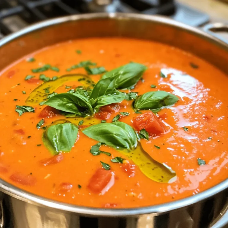 To make creamy tomato basil soup, gather the following essential ingredients: - 2 tablespoons olive oil - 1 medium onion, diced - 3 cloves garlic, minced - 2 cans (14.5 oz each) diced tomatoes (with juice) - 2 cups vegetable broth - 1 cup heavy cream (or coconut milk for a vegan option) - 1 tablespoon sugar (to balance acidity) - Salt and pepper to taste - 1 teaspoon dried oregano - Fresh basil leaves, roughly chopped (reserve some for garnish) These ingredients form the heart of the soup, ensuring rich flavor and creamy texture. You can mix things up with these optional ingredients: - Add a pinch of red pepper flakes for heat. - Stir in some grated Parmesan cheese for extra richness. - Toss in a few chopped carrots or celery for added veggies. - Use fresh tomatoes instead of canned for a garden-fresh taste. These variations can add depth to your soup and suit different tastes. If you have dietary needs, here are some substitutions: - Use olive oil or vegetable oil for a dairy-free option. - Swap heavy cream with coconut milk for a vegan choice. - Choose low-sodium vegetable broth for less salt. - Use agave syrup or honey instead of sugar for sweetness. These substitutions help you enjoy the soup while meeting your dietary goals. Start by heating 2 tablespoons of olive oil in a large pot over medium heat. Once the oil shimmers, add 1 medium onion, diced. Sauté the onion for about 5 minutes. You want it soft and translucent. Next, add 3 cloves of minced garlic. Cook it for 1-2 minutes. The garlic should smell great and turn a light golden color. Pour in 2 cans of diced tomatoes, including the juice. Then, add 2 cups of vegetable broth, 1 tablespoon of sugar, and 1 teaspoon of dried oregano. Bring this mix to a gentle boil. After it boils, lower the heat and let it simmer uncovered for 20 minutes. Stir it now and then to keep it from sticking. After your soup has simmered, it’s time to blend. If you have an immersion blender, use it to puree the soup right in the pot. Aim for a smooth texture. If you don’t have one, carefully transfer the soup in batches to a standard blender. Blend until smooth, then return the pureed soup to the pot. Now, stir in 1 cup of heavy cream or coconut milk if you prefer a vegan option. Heat it gently over low heat. Avoid boiling it to keep that creamy texture. Season the soup with salt and pepper to suit your taste. Before serving, fold in roughly chopped fresh basil leaves. Mix well to spread the flavor. Remember to save a few leaves for garnish. Serve the soup hot, adding a drizzle of olive oil on top and the reserved basil for a fresh touch. Enjoy your delicious creamy tomato basil soup! For the full recipe, refer to the earlier sections. To make your soup taste even better, use fresh herbs. Fresh basil adds a bright touch. You can also try adding a splash of balsamic vinegar. It gives a nice depth. A pinch of red pepper flakes can add heat, if you like spicy. Try using roasted tomatoes instead of canned for a sweeter taste. You can also sauté some carrots with the onion for a hint of sweetness. A common mistake is not seasoning enough. Taste your soup as you cook. Adjust the salt and pepper to your liking. Another mistake is overcooking the garlic. It can turn bitter. Make sure to add it after the onion is soft. Also, don’t skip the blending step. A smooth soup feels luxurious and creamy. Lastly, avoid boiling the soup after adding cream. It can curdle, ruining the texture. Presentation matters! Serve your soup in warm bowls. This keeps it hot longer. Drizzle a bit of olive oil on top. It adds a beautiful shine. Use fresh basil leaves for garnish. A sprinkle of cracked black pepper on top makes it look fancy. Pair your soup with crusty bread or a garlic baguette. This adds to the experience. For a pop of color, you can add a slice of lemon on the side. Remember, we eat with our eyes first! For the full recipe, check out Creamy Tomato Basil Delight. {{image_4}} To make a vegan version of creamy tomato basil soup, use coconut milk instead of heavy cream. This option gives a rich taste while keeping it dairy-free. When you blend the soup, the coconut milk adds a creamy texture without any animal products. Don't forget to check the labels on your canned tomatoes and broth to ensure they are vegan-friendly. You can add protein to your soup to make it heartier. If you like chicken, use cooked, shredded chicken. Add it at the end when you stir in the cream. If you prefer a plant-based option, tofu works well too. Use firm tofu and cube it before adding it to the pot. Let it simmer for a few minutes so it absorbs the tomato flavor. For those who love spice, consider adding red pepper flakes or fresh jalapeños. Start with a small amount and taste as you go. You can also add herbs like thyme or rosemary for a different flavor. A splash of balsamic vinegar or lemon juice can brighten the soup and enhance its taste. Each of these variations lets you customize the soup to fit your palate. For the full recipe, check out the detailed instructions above. After you enjoy your creamy tomato basil soup, store the leftovers properly. Let the soup cool to room temperature. Pour the soup into an airtight container. Seal it tightly to keep it fresh. You can store it in the fridge for up to three days. When you want to eat it again, just take it out. If you want to save your soup for later, freezing is a great option. Use freezer-safe containers or bags. Make sure to leave some space at the top, as the soup will expand when frozen. Label your containers with the date. You can freeze the soup for up to three months. When you're ready to use it, just pull it out of the freezer. To reheat your soup, pour it into a pot over medium heat. Stir it often to keep it from sticking. Heat it until it’s warm but do not let it boil. If the soup is too thick, add a splash of water or broth to thin it out. You can also use a microwave. Place the soup in a microwave-safe bowl. Heat it in short bursts, stirring in between. This will help it warm evenly. For the best taste, always reheat just what you plan to eat. If you want the full experience, check out the Full Recipe for more tips on serving! Homemade creamy tomato basil soup stays fresh for about 3 to 5 days in the fridge. Make sure to store it in an airtight container. If you notice any off smells or unusual colors, it’s best to toss it out. Proper storage helps keep the flavors bright and tasty. Yes, you can make creamy tomato basil soup ahead of time. In fact, it often tastes better the next day! Just cool the soup completely before storing it in the fridge. When you heat it up, add a splash of cream to refresh its flavor. This way, you save time and enjoy a rich bowl of soup. Creamy tomato basil soup pairs well with many dishes. Here are a few ideas: - Grilled cheese sandwiches - Crusty bread or garlic baguette - A fresh green salad - A cheese platter These sides enhance the soup's richness and add a delightful touch to your meal. For the full recipe, check the Creamy Tomato Basil Delight above! This blog post covered how to make creamy tomato basil soup from start to finish. We explored essential and optional ingredients, giving you many ways to customize the flavor. You learned step-by-step instructions for preparation and tips to avoid common mistakes. We also discussed variations, storage tips, and answered frequently asked questions. I hope you feel ready to make this soup your own. With a bit of practice, you’ll create a warm, tasty dish. Enjoy every spoonful!