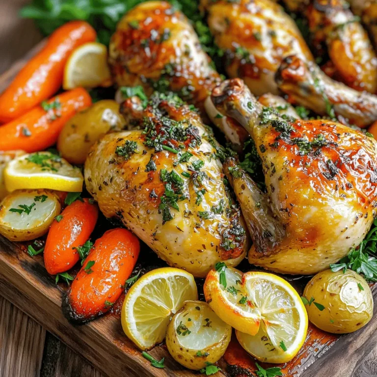 To make a tasty garlic herb roasted chicken, you need a few key items: - 1 whole chicken (approximately 4-5 lbs) - 6 cloves garlic, minced - 1 tablespoon fresh rosemary, finely chopped - 1 tablespoon fresh thyme, finely chopped - 1 tablespoon fresh parsley, finely chopped - Zest and juice of 1 lemon - 1/4 cup olive oil - Salt and pepper, to taste - 1 onion, quartered - 2 cups baby carrots - 1 cup baby potatoes, halved These ingredients give the chicken a rich and savory flavor. Fresh herbs make a big difference in taste. The rosemary, thyme, and parsley add depth. Garlic boosts the flavor, making it bold and aromatic. Lemon juice adds a bright punch that balances the richness of the chicken. Olive oil helps the herbs stick and keeps the chicken moist. To complete your meal, pair your chicken with sides like: - Roasted baby carrots - Halved baby potatoes These veggies soak up the chicken's juices and add color to your plate. You can also serve a simple salad or crusty bread. This meal feels fancy yet is easy to make. For the full recipe, check out the details above. Start by preheating your oven to 425°F (220°C). This high heat helps the chicken crisp up nicely. While the oven warms, dry the chicken with paper towels. This step is key for crispy skin. Next, loosen the skin over the breast and thighs. Use your fingers or a small spoon to create space for the herbs. In a small bowl, mix together the garlic, rosemary, thyme, parsley, lemon zest, lemon juice, olive oil, salt, and pepper. Stir until it forms a smooth paste. This will give your chicken a fresh and vibrant flavor. Use half of the paste to massage underneath the skin. Then, coat the outside of the chicken with the rest. Place the chicken in a large roasting pan. Stuff the cavity with onion and any leftover herb paste. Add baby carrots and halved baby potatoes around the chicken. Drizzle them with olive oil and season with salt and pepper. Roast for about 1 hour and 15 minutes. Check the internal temperature; it should reach 165°F (74°C). Baste the chicken with pan juices halfway through cooking. Once done, let it rest for 10-15 minutes before carving. This helps keep it juicy. For the full recipe, follow the instructions above to create a delicious Garlic Herb Roasted Chicken. To get that perfect crispy skin, start by drying the chicken well. Use paper towels to pat the chicken dry both inside and out. This step helps remove moisture, which can make the skin soggy. Make sure to loosen the skin over the breast and thighs. This allows the herb paste to get directly onto the meat. When roasting, cook the chicken at a high temperature, around 425°F (220°C). This heat helps the skin crisp up beautifully. Want to take your garlic herb roasted chicken to the next level? You can add lemon slices inside the cavity for a bright, zesty flavor. A splash of white wine or chicken broth in the roasting pan can add moisture. This also creates a tasty sauce to drizzle over the chicken when serving. Experiment with different herbs too! Try adding sage or oregano for a twist on the classic taste. When picking a whole chicken, look for one that feels firm and heavy for its size. The skin should be free of blemishes and have a nice, pale color. If possible, choose organic or free-range chickens for better flavor and quality. These options often taste better and have a more pleasant texture. Fresh chicken will always give you the best results for flavor and juiciness. For the full recipe, check out the Garlic Herb Roasted Chicken section above. {{image_4}} You can change the flavor of your garlic herb roasted chicken easily. Try a lemon-herb twist. Just add more lemon juice and zest. It gives a bright, fresh taste. For a spicy kick, include red pepper flakes or cayenne pepper. This adds warmth without overpowering the dish. You can even mix different herbs, like basil or oregano, for a unique blend. Feel free to switch up the veggies in your roast. Instead of baby carrots, use zucchini or bell peppers. You can also try different herbs. If you don’t have rosemary, use sage or dill. These changes will still give you a tasty meal. Even changing the oil can make a difference. Use avocado oil for a mild flavor or sesame oil for a richer taste. You have options for cooking your chicken. A slow cooker is a great choice. It makes the chicken tender and juicy without much work. Just set it and forget it. For a rotisserie style, use a grill. This method gives a smoky flavor and crispy skin. No matter how you cook it, the garlic and herbs will shine through. For the full recipe, check out the detailed instructions provided. Store any leftover garlic herb roasted chicken in an airtight container. Make sure to let it cool first. Place it in the fridge within two hours after cooking. It will stay fresh for about three to four days. If you have leftover vegetables, store them in a separate container. To reheat, use your oven for the best taste. Preheat it to 350°F (175°C). Place the chicken in a baking dish and cover it with foil. Heat for about 20 to 25 minutes. This method keeps the chicken juicy and flavorful. You can also reheat in the microwave, but the oven is better for taste. Freezing is a great option if you have extra chicken. Cut the chicken into portions for easier use later. Wrap each piece tightly in plastic wrap. Then, place them in a freezer bag. Label the bag with the date. Frozen chicken can last up to three months. To use, thaw it in the fridge overnight before reheating. Cook your Garlic Herb Roasted Chicken for about 1 hour and 15 minutes. This timing works for a 4-5 pound chicken. Always check the internal temperature. It should reach 165°F (74°C) in the thickest part of the thigh. I like to serve Garlic Herb Roasted Chicken with roasted vegetables and a fresh salad. You can pair it with: - Baby carrots - Baby potatoes - Green beans - A simple mixed greens salad These sides add color and nutrition, making your meal balanced and tasty. Yes, you can prep your chicken the night before. Follow the steps to season it and place it in the fridge. This lets the flavors soak in. Just remember to take it out about 30 minutes before cooking. This way, it roasts evenly. To check if your chicken is done, use a meat thermometer. Insert it into the thickest part of the thigh without touching the bone. It should read 165°F (74°C). If you don’t have a thermometer, look for clear juices when you pierce the chicken. If the juices run clear, it’s ready to serve. In this blog post, we covered every step for making garlic herb roasted chicken. We discussed essential ingredients, tips for crispy skin, and variations for fun flavors. I shared proper storage and reheating methods to keep leftovers tasty. With the right approach, you can impress anyone with this dish. Remember, cooking is about joy and creativity. Enjoy the process and make it your own!
