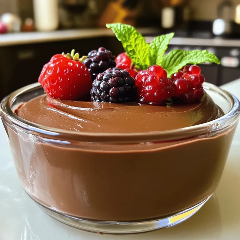 Creating a vegan chocolate mousse is simple and fun. You only need a few key ingredients to make this creamy delight. Here’s a list of the main items you'll want to gather: - 1 cup silken tofu, well-drained - 1/2 cup dairy-free dark chocolate chips - 1/4 cup pure maple syrup - 1 teaspoon pure vanilla extract - A pinch of fine sea salt - 1/4 cup coconut cream (optional, for an extra luxurious texture) - Fresh seasonal berries (such as raspberries or strawberries) and mint leaves for garnish Silken tofu serves as the base, giving the mousse its smooth texture. Dairy-free dark chocolate chips bring rich flavor, while maple syrup adds the right sweetness. A touch of vanilla extract enhances the taste, and fine sea salt balances the flavors beautifully. If you want a creamier mousse, add coconut cream. It gives a lovely, rich mouthfeel. For an eye-catching finish, top your mousse with fresh berries and a mint leaf. This adds color and a fresh burst of flavor. You can find the full recipe to guide you through the process. Enjoy creating this tasty vegan chocolate mousse! Start by melting the dairy-free dark chocolate chips. You can use two methods: a double boiler or a microwave. - Double Boiler Method: Place a heatproof bowl over a pot of simmering water. Add the chocolate chips to the bowl. Stir gently until melted. - Microwave Method: Put the chocolate chips in a microwave-safe bowl. Heat in short bursts of 10-15 seconds. Stir in between until the chocolate is silky. Avoid overheating the chocolate. If it gets too hot, it can seize up. If you see any signs of graininess, it's too late! Now, it’s time to blend. Use a high-speed blender or a food processor. Both work well, but I prefer a blender for a creamier texture. Add the drained silken tofu, melted chocolate, maple syrup, vanilla extract, and a pinch of sea salt. If you want an even richer mousse, add coconut cream now. This gives a nice, creamy touch. Blend on high speed until smooth and fluffy. This step is key to getting the right texture. - Scraping Down the Sides: Stop the blender occasionally. Use a spatula to scrape down the sides. This ensures every bit mixes well. You want a light and airy mousse, so take your time with this step. Enjoy the process, and you’ll end up with a delicious treat! To get your mousse just right, taste it after blending. If it feels too bitter, you can add more maple syrup. It’s all about your preference. If you want alternatives, try agave nectar or date syrup. Both give a nice sweetness without losing flavor. Silken tofu is key to a smooth mousse. It blends easily and gives a creamy feel. Make sure to drain it well. For the best results, chill the mousse for at least two hours. This helps it set and become fluffy. Get creative when you serve your mousse. Try layering it in clear cups with berries for a fun look. You can also use small jars for a cute touch. To enhance the flavor, pair it with fresh fruit, nuts, or a drizzle of chocolate sauce. Each bite will burst with joy! {{image_4}} You can make your vegan chocolate mousse even more exciting. Try adding flavors like espresso or orange zest. A splash of espresso gives a rich, coffee taste. Orange zest brightens the mousse with a fresh, zesty note. You can also choose different chocolates. Dark chocolate gives a bold taste, while milk chocolate offers a creamier, sweeter bite. If you need a nut-free or gluten-free option, it’s easy to adjust. Use ingredients like rice milk or oat milk for creaminess. Check labels on chocolate chips to ensure they are gluten-free. You can also substitute silken tofu with other creamy items. For example, use avocado or banana for a different twist. Always consider allergies and find safe alternatives. Portion control is key for serving. You can make mini servings in small cups or jars. This way, each guest has their own treat. If you prefer a grand presentation, use large bowls. You can serve the mousse in elegant dessert glasses or even mason jars. Each dish adds its own flair to your table. You can keep your vegan chocolate mousse in the fridge for about 3 to 5 days. To store it well, place it in an airtight container. This helps keep it fresh and prevents it from absorbing other smells. Always cover the mousse with plastic wrap or a lid. This keeps moisture in and stops it from drying out. Yes, you can freeze vegan chocolate mousse! However, freezing can change its texture. If you freeze it, use a freezer-safe container. When you want to enjoy it again, thaw the mousse in the fridge overnight. This helps maintain its creamy texture. Avoid thawing it at room temperature, as this can make it too runny. You should not reheat chocolate mousse. Heating can ruin its texture and make it grainy. Mousse is best enjoyed cold, so serve it straight from the fridge or after thawing if frozen. Enjoy this rich dessert as it is, and let the flavors shine! The best type of chocolate for vegan mousse is dairy-free dark chocolate. It gives a rich flavor and smooth texture. Look for chips with at least 70% cocoa. This chocolate melts well and blends nicely. You can also use semi-sweet chocolate for a sweeter taste. Always check the label to ensure it is vegan-friendly. Yes, you can use tofu alternatives like cashew cream or avocado. Cashew cream makes the mousse rich and creamy. You must soak cashews in water first. Avocado adds a nice creaminess too. However, it may change the flavor slightly. Experiment to find what you like best. Yes, this vegan chocolate mousse recipe is gluten-free. All the ingredients listed are safe for a gluten-free diet. Just ensure the chocolate chips are labeled gluten-free. This makes it a great dessert for everyone to enjoy. To make it sweeter without more syrup, try adding ripe bananas or dates. These natural sweeteners blend well and add flavor. You can also use vanilla extract for extra sweetness. Just a tiny bit will enhance the taste without changing the texture. In this blog post, I shared how to make vegan chocolate mousse using simple ingredients like silken tofu and dairy-free dark chocolate. You learned step-by-step methods for melting chocolate, blending ingredients, and achieving the perfect texture. I offered tips for adjusting sweetness, serving suggestions, and variations to suit different diets. This mousse is not only easy to make but also delicious and customizable. With a little creativity, you can make this dessert your own. Enjoy experimenting with flavors and serving styles!