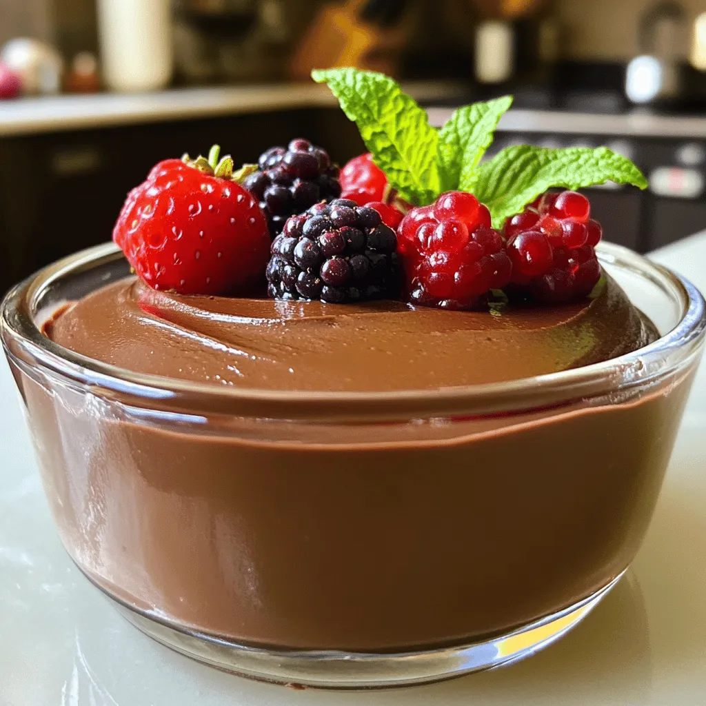 Creating a vegan chocolate mousse is simple and fun. You only need a few key ingredients to make this creamy delight. Here’s a list of the main items you'll want to gather: - 1 cup silken tofu, well-drained - 1/2 cup dairy-free dark chocolate chips - 1/4 cup pure maple syrup - 1 teaspoon pure vanilla extract - A pinch of fine sea salt - 1/4 cup coconut cream (optional, for an extra luxurious texture) - Fresh seasonal berries (such as raspberries or strawberries) and mint leaves for garnish Silken tofu serves as the base, giving the mousse its smooth texture. Dairy-free dark chocolate chips bring rich flavor, while maple syrup adds the right sweetness. A touch of vanilla extract enhances the taste, and fine sea salt balances the flavors beautifully. If you want a creamier mousse, add coconut cream. It gives a lovely, rich mouthfeel. For an eye-catching finish, top your mousse with fresh berries and a mint leaf. This adds color and a fresh burst of flavor. You can find the full recipe to guide you through the process. Enjoy creating this tasty vegan chocolate mousse! Start by melting the dairy-free dark chocolate chips. You can use two methods: a double boiler or a microwave. - Double Boiler Method: Place a heatproof bowl over a pot of simmering water. Add the chocolate chips to the bowl. Stir gently until melted. - Microwave Method: Put the chocolate chips in a microwave-safe bowl. Heat in short bursts of 10-15 seconds. Stir in between until the chocolate is silky. Avoid overheating the chocolate. If it gets too hot, it can seize up. If you see any signs of graininess, it's too late! Now, it’s time to blend. Use a high-speed blender or a food processor. Both work well, but I prefer a blender for a creamier texture. Add the drained silken tofu, melted chocolate, maple syrup, vanilla extract, and a pinch of sea salt. If you want an even richer mousse, add coconut cream now. This gives a nice, creamy touch. Blend on high speed until smooth and fluffy. This step is key to getting the right texture. - Scraping Down the Sides: Stop the blender occasionally. Use a spatula to scrape down the sides. This ensures every bit mixes well. You want a light and airy mousse, so take your time with this step. Enjoy the process, and you’ll end up with a delicious treat! To get your mousse just right, taste it after blending. If it feels too bitter, you can add more maple syrup. It’s all about your preference. If you want alternatives, try agave nectar or date syrup. Both give a nice sweetness without losing flavor. Silken tofu is key to a smooth mousse. It blends easily and gives a creamy feel. Make sure to drain it well. For the best results, chill the mousse for at least two hours. This helps it set and become fluffy. Get creative when you serve your mousse. Try layering it in clear cups with berries for a fun look. You can also use small jars for a cute touch. To enhance the flavor, pair it with fresh fruit, nuts, or a drizzle of chocolate sauce. Each bite will burst with joy! {{image_4}} You can make your vegan chocolate mousse even more exciting. Try adding flavors like espresso or orange zest. A splash of espresso gives a rich, coffee taste. Orange zest brightens the mousse with a fresh, zesty note. You can also choose different chocolates. Dark chocolate gives a bold taste, while milk chocolate offers a creamier, sweeter bite. If you need a nut-free or gluten-free option, it’s easy to adjust. Use ingredients like rice milk or oat milk for creaminess. Check labels on chocolate chips to ensure they are gluten-free. You can also substitute silken tofu with other creamy items. For example, use avocado or banana for a different twist. Always consider allergies and find safe alternatives. Portion control is key for serving. You can make mini servings in small cups or jars. This way, each guest has their own treat. If you prefer a grand presentation, use large bowls. You can serve the mousse in elegant dessert glasses or even mason jars. Each dish adds its own flair to your table. You can keep your vegan chocolate mousse in the fridge for about 3 to 5 days. To store it well, place it in an airtight container. This helps keep it fresh and prevents it from absorbing other smells. Always cover the mousse with plastic wrap or a lid. This keeps moisture in and stops it from drying out. Yes, you can freeze vegan chocolate mousse! However, freezing can change its texture. If you freeze it, use a freezer-safe container. When you want to enjoy it again, thaw the mousse in the fridge overnight. This helps maintain its creamy texture. Avoid thawing it at room temperature, as this can make it too runny. You should not reheat chocolate mousse. Heating can ruin its texture and make it grainy. Mousse is best enjoyed cold, so serve it straight from the fridge or after thawing if frozen. Enjoy this rich dessert as it is, and let the flavors shine! The best type of chocolate for vegan mousse is dairy-free dark chocolate. It gives a rich flavor and smooth texture. Look for chips with at least 70% cocoa. This chocolate melts well and blends nicely. You can also use semi-sweet chocolate for a sweeter taste. Always check the label to ensure it is vegan-friendly. Yes, you can use tofu alternatives like cashew cream or avocado. Cashew cream makes the mousse rich and creamy. You must soak cashews in water first. Avocado adds a nice creaminess too. However, it may change the flavor slightly. Experiment to find what you like best. Yes, this vegan chocolate mousse recipe is gluten-free. All the ingredients listed are safe for a gluten-free diet. Just ensure the chocolate chips are labeled gluten-free. This makes it a great dessert for everyone to enjoy. To make it sweeter without more syrup, try adding ripe bananas or dates. These natural sweeteners blend well and add flavor. You can also use vanilla extract for extra sweetness. Just a tiny bit will enhance the taste without changing the texture. In this blog post, I shared how to make vegan chocolate mousse using simple ingredients like silken tofu and dairy-free dark chocolate. You learned step-by-step methods for melting chocolate, blending ingredients, and achieving the perfect texture. I offered tips for adjusting sweetness, serving suggestions, and variations to suit different diets. This mousse is not only easy to make but also delicious and customizable. With a little creativity, you can make this dessert your own. Enjoy experimenting with flavors and serving styles!