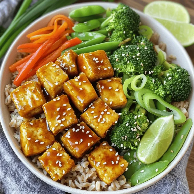 - 1 block firm tofu - 1/4 cup cornstarch - 2 tablespoons vegetable oil - 1 cup cooked brown rice - 1 cup broccoli florets - 1 cup snap peas - 1 medium carrot, julienned - 1 red bell pepper, sliced into thin strips - 1/4 cup teriyaki sauce - 1 tablespoon sesame seeds - 2 green onions, sliced thinly - Optional: lime wedges for serving This recipe for crispy teriyaki tofu bowls highlights delicious flavors and fresh veggies. You start with firm tofu because it holds its shape well when cooked. Make sure to press and drain it thoroughly before cooking. This step removes extra moisture and helps achieve that perfect crunch. Next, you coat the tofu cubes in cornstarch. This coating is key for creating a crispy exterior. The cornstarch absorbs moisture and forms a crunchy crust when you sauté the tofu. For the veggies, I love using broccoli, snap peas, carrots, and red bell pepper. These not only add color but also provide a mix of textures and flavors. They pair wonderfully with the savory teriyaki sauce. Speaking of the sauce, you can use store-bought teriyaki sauce for ease or make your own at home. Either way, the sauce adds a sweet and salty kick to the dish. Adding sesame seeds and sliced green onions on top gives the bowls a nice finish. If you want a bit of zing, serve lime wedges on the side. For the full recipe, refer to the earlier section. Enjoy making these tasty crispy teriyaki tofu bowls! Start by pressing the tofu. This step removes extra moisture. Slice the tofu into bite-sized cubes. I like to use a sharp knife for clean cuts. Next, coat the tofu. Sprinkle cornstarch over the cubes in a bowl. Toss the tofu gently until each piece is coated. This coating helps achieve a crispy texture when cooking. Heat vegetable oil in a large non-stick skillet. Use medium-high heat for the perfect crisp. Once hot, add the tofu. Cook for about 8-10 minutes. Turn the cubes to cook evenly. Watch for a golden-brown color on all sides. This is how you get that crunch that everyone loves. While the tofu cooks, steam the broccoli and snap peas. Use a steamer basket over boiling water. Steam for about 3-4 minutes. You want the veggies to be bright and tender-crisp. This keeps their color and nutrients intact. For added crunch, prepare other vegetables like carrots and bell peppers as you go. Once the tofu is crispy, lower the heat. Pour teriyaki sauce over the tofu. Stir gently to coat each piece. Allow it to cook for 1-2 more minutes. This gives the sauce time to thicken and stick to the tofu. The flavor will be rich and delicious. In each serving bowl, start with a layer of brown rice. Top it with the crispy teriyaki tofu. Add the steamed broccoli, snap peas, julienned carrots, and red bell pepper slices. The colors will make your dish pop. Finally, garnish with sesame seeds and sliced green onions. This adds a nice touch and extra flavor. For an optional zest, serve lime wedges on the side. For the full recipe, check out [Full Recipe]. To make your tofu crispy, drying is key. After pressing the tofu, pat it dry well. This helps remove extra moisture. Less moisture means a better fry and a crispier texture. The oil temperature matters too. Heat your vegetable oil over medium-high heat. If the oil is too cool, the tofu will soak up oil instead of becoming crispy. A good test is to drop a small piece of tofu in the oil. If it sizzles, you're ready to fry. To make your teriyaki tofu even tastier, consider adding spices or marinades. You can sprinkle garlic powder or ginger for extra flavor. Marinating the tofu for at least 15 minutes can also deepen its taste. Choosing the right teriyaki sauce is crucial. You can buy sauce or make your own for a fresher taste. A sauce with a balance of sweet and salty works best. Look for options with natural ingredients for a healthier dish. When serving your teriyaki tofu, pair it with sides that complement the dish. Steamed rice works great, but you can also try quinoa for a nutty flavor. Adding a side salad can enhance the meal's freshness. You can customize your bowl to fit your tastes. Try swapping out vegetables based on what you like. Add more crunch with sliced radishes or extra color with yellow bell peppers. Enjoy the freedom to make it your own! For the full recipe, refer to the section above. {{image_4}} If you want to switch up the protein, tofu isn’t your only choice. You can use chicken or tempeh instead. Both options add great flavor and texture. For chicken, choose boneless, skinless thighs for juiciness. Cut them into bite-sized pieces and cook them like the tofu. Tempeh, made from fermented soybeans, offers a nutty taste. Simply slice it and coat it in cornstarch, just like the tofu. You can make your bowls even better with seasonal veggies. In spring, try asparagus or green beans. In summer, add zucchini or bell peppers. Fall offers butternut squash or Brussels sprouts. You can also mix in leafy greens like spinach or kale. They add nutrients and a vibrant color. Mushrooms are another great choice. They bring umami and a meaty bite. While store-bought teriyaki sauce is tasty, making your own is fun and easy. Combine soy sauce, honey, garlic, and ginger for a fresh taste. Simmer it until it thickens. Other sauces can work too. Try a spicy chili sauce for heat or a peanut sauce for creaminess. Each option brings its own unique flavor to your crispy tofu bowls. For the full recipe, check out the Crispy Teriyaki Tofu Bowls. To store your leftover crispy teriyaki tofu bowls, place them in an airtight container. Make sure the bowl cools down to room temperature before sealing it. This helps keep the tofu crispy and the veggies fresh. You can store these bowls in the fridge for up to three days. If you plan to enjoy them later, it's best to keep the sauce separate until you're ready to eat. For the best texture when reheating, use an oven or a skillet. Preheat your oven to 350°F (175°C) and place the tofu bowls on a baking sheet. Heat for about 10 to 15 minutes until warmed through. If using a skillet, add a splash of water to prevent sticking and cover it. This method helps retain the crispiness of the tofu and keeps the veggies tender. You can freeze these tofu bowls for later use. To do this, let the bowls cool completely. Place the tofu and veggies in a freezer-safe container. Avoid freezing the rice, as it can become mushy. These bowls can last up to three months in the freezer. When you're ready to enjoy them, thaw in the fridge overnight and reheat using the methods above. To make tofu crispy, follow these key steps: - Press the tofu: Remove as much water as you can. - Cube the tofu: Cut it into even, bite-sized pieces. - Dry the tofu: Pat each piece with a paper towel. - Coat with cornstarch: Sprinkle cornstarch evenly over the tofu. - Heat the oil: Use a hot skillet with vegetable oil. - Cook until golden: Sauté the tofu for about 8-10 minutes, turning it often. These steps help create a crispy texture that you will love. Yes, you can easily make this dish vegan. Here are some simple swaps: - Use plant-based teriyaki sauce: Check labels for non-vegan ingredients. - Add more vegetables: Use any fresh veggies you enjoy. - Try different grains: Substitute brown rice with quinoa or farro. These changes keep the dish tasty and vegan-friendly. Store your leftover teriyaki tofu bowls with these tips: - Use airtight containers: Keep air out to maintain freshness. - Refrigerate: Store in the fridge for up to 3 days. - Separate the sauce: Keep the sauce separate to avoid sogginess. These steps help retain taste and texture. Serve your teriyaki bowls in an eye-catching way. Here are some ideas: - Layer the ingredients: Start with a base of rice, then tofu, and veggies on top. - Garnish well: Add sesame seeds and green onions for flair. - Use lime wedges: Serve with lime on the side for a zesty kick. These tips make your dish look appealing and delicious. You can find the full recipe [here](#). This guide covered making teriyaki tofu bowls from start to finish. You learned about key ingredients and how to prepare everything for a tasty meal. We shared tips for crispy tofu and ideas for variations. Remember, adjust the dish to fit your taste and enjoy it fresh or stored for later. This meal is healthy, fun, and easy to customize. Dive in and have fun cooking!