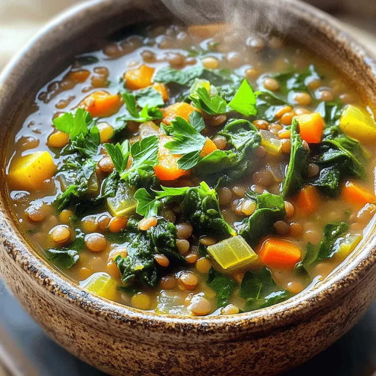 - 1 cup green or brown lentils, thoroughly rinsed - 6 cups vegetable broth (low-sodium preferred) - 4 cups fresh spinach, roughly chopped - 2 tablespoons extra virgin olive oil - 1 medium onion, finely chopped - 3 large garlic cloves, minced - 2 medium carrots, peeled and diced - 2 celery stalks, diced - 1 teaspoon ground cumin - 1 teaspoon smoked paprika - Salt and freshly ground black pepper, to taste - Juice of 1 fresh lemon - Fresh parsley, finely chopped, for garnish Lentil soup is a wholesome dish that is both tasty and filling. The main ingredients are simple but powerful. Lentils provide protein and fiber, making this soup nutritious. You can use green or brown lentils, and they must be rinsed well to remove any dirt. The vegetable broth adds depth and flavor. I prefer low-sodium broth to keep it healthier. Spinach brings vibrant color and essential vitamins. It wilts nicely when added at the end of cooking. Next, we have aromatics and seasonings. The olive oil helps sauté the onion, garlic, and veggies. This step builds a fragrant base. Onion and garlic are key for great flavor. The carrots and celery add sweetness and crunch. Cumin and smoked paprika give the soup warmth and richness. Just a teaspoon of each will elevate the taste. Don’t forget salt and black pepper to season. A splash of lemon juice brightens everything up. For garnish, fresh parsley adds a nice touch. It makes the soup look inviting and fresh. For the full recipe, check out the details I've shared earlier. Start by warming 2 tablespoons of extra virgin olive oil in a large stockpot over medium heat. When the oil is hot, add 1 medium finely chopped onion. Sauté the onion for about 3-4 minutes until it turns translucent. Stir it occasionally to stop it from sticking. Next, add 3 large minced garlic cloves, along with 2 medium diced carrots and 2 diced celery stalks. Cook these for another 5-7 minutes. You want them soft and fragrant. Once the vegetables are ready, sprinkle in 1 teaspoon of ground cumin and 1 teaspoon of smoked paprika. Stir for about 1 minute, allowing the spices to release their lovely aroma. Now it’s time to add the main ingredient. Pour in 1 cup of thoroughly rinsed green or brown lentils and 6 cups of vegetable broth. Increase the heat to bring this mixture to a rolling boil. As soon as it boils, reduce the heat to low and cover the pot. Let the soup simmer for 30-35 minutes. Stir occasionally to make sure everything cooks evenly. The lentils should become tender during this time. After the lentils are tender, add 4 cups of roughly chopped fresh spinach to the pot. Cook for an additional 5-7 minutes, stirring occasionally. The spinach should wilt and turn bright green. Finally, season the soup with salt, freshly ground black pepper, and the juice of 1 fresh lemon. This will brighten up the flavors. If you want a creamier texture, blend a portion of the soup and return it to the pot. Serve the soup hot, garnished with freshly chopped parsley for that fresh touch. Enjoy this hearty meal! For the complete recipe, check out the Full Recipe. To make your soup even tastier, try these tips: - Use fresh herbs like basil or thyme. They add a bright, aromatic touch. - A splash of vinegar or a dash of hot sauce can elevate the flavor. It adds a nice kick. Here are some key tips for cooking your lentils perfectly: - Rinse lentils thoroughly before cooking. This removes dust and unwanted bits. - Keep an eye on the simmering soup. Stir often to prevent sticking on the bottom. How you serve your soup can make a big difference: - Pair your soup with crusty bread. It adds a nice texture and heartiness. - Drizzle olive oil on top for richness. It also makes the dish look appealing. - A lemon wedge on the side adds great tang. It gives a fresh burst of flavor when squeezed. For the complete recipe, check out the Full Recipe section. {{image_4}} You can easily change the lentils. Try red, yellow, or even black lentils. Each type brings a unique taste and texture. You can also add seasonal vegetables. Think squash in fall or peas in spring. Adding veggies keeps the dish fresh and exciting. Spices can change the flavor of your soup. Try adding turmeric for a warm note. Bay leaves add a nice depth as well. If you want a smoky flavor, use smoked salt. Just a pinch can make a big difference in taste. For a lighter soup, swap out some ingredients. Use zucchini or cauliflower to reduce carbs. These veggies blend in well and add fiber. If you want more protein, add diced chicken or tofu. Both options make the soup more filling and nutritious. Check out the Full Recipe for more ideas! To keep your lentil soup fresh, store it in an airtight container. It will last for up to 5 days in the fridge. This method helps maintain its flavor and texture. Just scoop out what you need each time. You can freeze this soup for longer storage. Portion it out into smaller containers or bags. This way, you can grab just what you need. When you're ready to eat, thaw the soup and heat it thoroughly before serving. Reheat your soup on the stovetop or in the microwave. If you find it thickens, add a splash of broth to bring back its consistency. Stir well to ensure even heating. Enjoy your meal! Yes, but cooking times may vary. Green and brown lentils work best for this soup. Red lentils cook faster and may become mushy, while black lentils take longer. Adjust your cooking time based on the type you choose. Pair this soup with crusty bread, a fresh salad, or fluffy rice. The bread is perfect for dipping. A simple side salad can add crunch and freshness. Rice makes the meal more filling. Yes, all ingredients are plant-based. You can enjoy this soup without any animal products. It’s a great option for vegans and those who want lighter meals. Refrigerate in an airtight container for up to five days. For longer storage, freeze the soup in portions. Thaw overnight in the fridge before reheating. Absolutely! Kale or Swiss chard can be substituted for spinach. Both add great flavor and nutrients. Feel free to mix in what you have on hand. Typically, 30-35 minutes until tender. Start checking for doneness at the 30-minute mark. Properly cooked lentils should be soft but not mushy. This blog post shared a simple way to make lentil soup with spinach. You learned about the key ingredients, cooking steps, tips for flavor, and how to store leftovers. Creating this dish is not just easy but also healthy. You can customize it with different spices and greens. Enjoy your delicious soup, knowing it can be a warm meal for any day. Keep experimenting, and make it your own!