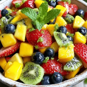 - Strawberries - Blueberries - Kiwi - Mango - Pineapple When making honey lime fruit salad, choose bright and fresh fruits. Fresh strawberries add sweetness, while blueberries offer a burst of flavor. Kiwi adds a tangy kick, and mango brings a tropical twist. Pineapple adds juicy texture and sweetness. Each fruit shines in this salad. - Pure honey - Freshly squeezed lime juice - Lime zest The honey and lime mixture brightens the salad. Use pure honey for a rich flavor. Fresh lime juice offers a zesty taste, and lime zest adds a fragrant note. Mix these ingredients well to create a smooth dressing. This blend enhances the fruits and ties everything together. - Fresh mint leaves for decoration Fresh mint leaves add a pop of color and a refreshing aroma. They make the salad look beautiful and inviting. Just sprinkle them on top before serving. This final touch makes the dish feel special and fun. For the full recipe, check out the details above. Start by cleaning the fruits well. Rinse strawberries in cold water and hull them. Slice them into thin pieces. For blueberries, just rinse them off and set them aside. Peel the kiwi and dice it into small chunks. Next, peel the mango and cut it into cubes. Finally, chop the pineapple into bite-sized pieces. Using fresh fruits makes the salad taste better and look bright. Fresh fruits add flavor and nutrition to your dish. Grab a small bowl and add two tablespoons of pure honey. Next, squeeze two tablespoons of fresh lime juice into the bowl. Then, use a zester to add the zest from one lime. Using a whisk, mix these three ingredients together. You want the honey to blend smoothly with the lime juice and zest. This dressing brings a sweet and tangy flavor to your fruit salad. Now, pour the honey lime dressing over the bowl of fruits. Use a large spoon to gently toss everything together. Be careful! You want to coat the fruits without bruising them. After mixing, let the salad rest for about 10 minutes. This time helps the flavors blend together. Just before serving, stir the salad again. If you wish, add a bit more honey to sweeten it. Enjoy this refreshing dish served in bowls or on a platter. When picking fruits, go for seasonal options. They taste best and are often cheaper. Seasonal fruits are ripe and ready to eat. Off-season fruits can be harder and less sweet. Always check for ripeness. Squeeze the fruit gently; it should feel slightly soft. Look for bright colors, which show freshness. Avoid fruits with bruises or dark spots. To make your salad even better, adjust the sweetness. If you want it sweeter, add more honey. A little goes a long way. You can also add a small pinch of salt. It may seem odd, but salt brings out the natural sweetness. Just a touch can make a big difference. How you serve the fruit salad matters. You can use bowls for individual servings or a platter for a group. A platter looks nice and allows everyone to help themselves. To make it more appealing, use fresh mint leaves. They add color and a fresh scent. Just sprinkle a few on top right before serving. For a full guide on making this dish, check the [Full Recipe]. {{image_4}} You can mix in many fruits for more flavor. Try adding bananas for creaminess. Apples give a nice crunch. You can also use grapes or pomegranate seeds. These fruits add color and taste. They can also change the texture, making it fun to eat. Adding nuts or seeds brings a crunchy twist. Chia seeds are a great choice. They add fiber and healthy fats. Walnuts or almonds give a rich, nutty flavor. Just sprinkle them on top before serving. This will make your salad even more satisfying. You can turn your fruit salad into a meal. Adding protein makes it hearty. Greek yogurt is a tasty option. It adds creaminess and protein. Cottage cheese is another great choice. Both give a nice balance to the sweetness of the fruits. You can serve it in a bowl or mix it right in. Enjoy your Honey Lime Fruit Salad Delight! For the full recipe, check the section above. To keep your Honey Lime Fruit Salad fresh, use airtight containers. These containers help lock in moisture and flavors. Glass or plastic containers work well. If you don’t have these, a bowl covered tightly with plastic wrap can also be a good option. To prevent browning in fruits like apples or bananas, use lemon juice. You can also add extra lime juice to the salad. The acidity slows down oxidation. Keep your fruit salad in the fridge to stay crisp and tasty. For the best taste, eat the salad within three days. After this, the fruits may lose their texture. If you store it properly, it can last up to five days. However, the fresher, the better! Enjoy it while it's full of flavor. For the full recipe, check out the earlier section. Yes, you can use other sweeteners. Some good options are maple syrup and agave nectar. Each sweetener has a unique flavor. Maple syrup adds warmth, while agave is mild. Adjust the amount based on your taste. Use the same amount of these sweeteners as honey. This keeps the balance of flavors intact. You can prepare this salad ahead, but keep some tips in mind. Cut the fruits and store them separately. This helps keep them fresh. Mix the honey lime dressing and store it in the fridge. Combine everything just before serving. This keeps the fruits from getting mushy and preserves the crunchiness. Certain fruits may not mix well with lime. Avoid bananas, as they brown quickly and can turn mushy. Apples may also not hold up well with lime juice. Citrus fruits like oranges can overpower the salad. Stick to fruits that stay fresh and vibrant for the best taste. This blog post showed you how to create a delightful fruit salad. We covered the best fresh fruits like strawberries and mangoes, and the sweet honey-lime dressing. You learned how to prepare and combine the ingredients for a tasty dish. We shared tips on choosing fruits, enhancing flavors, and presentation tricks. In the end, you can make this salad your own by adding nuts or different fruits. With these steps, your salad will be fresh and enjoyable every time. Now, you’re ready to impress with your new skills!
