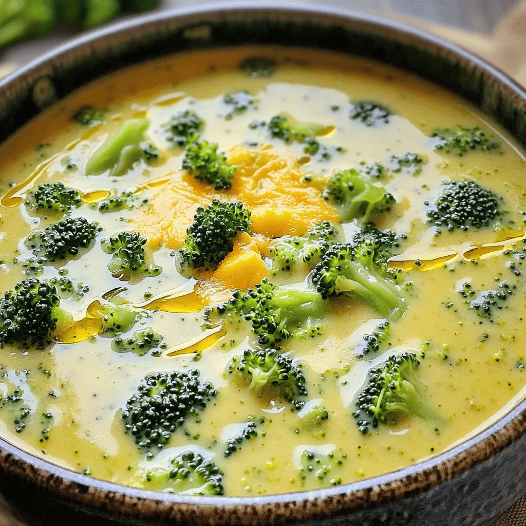 - 1 tablespoon olive oil - 1 medium onion, finely chopped - 2 garlic cloves, minced - 4 cups fresh broccoli florets - 4 cups vegetable broth - 2 medium carrots, peeled and diced - 1 teaspoon thyme (can be dried or fresh) - 1/2 teaspoon freshly ground black pepper - 1 cup heavy cream - 2 cups sharp cheddar cheese, freshly shredded - Salt to taste - Optional: Croutons or slices of toasted bread for serving Gather these ingredients for a rich and creamy soup. Each one plays a key role in the flavor and texture. The olive oil starts the base with a lovely sheen. Onion and garlic add depth and aroma. Fresh broccoli gives a vibrant green color and health benefits. Carrots bring a hint of sweetness, balancing the flavors. The vegetable broth forms the soup's heart, making it warm and filling. Thyme and black pepper give it a fragrant kick. Heavy cream adds that velvety consistency we crave, while cheddar cheese makes it extra indulgent. Don't forget to season with salt to enhance the taste. If you like, add croutons or toasted bread for that perfect crunch. For the full recipe, you can refer to the detailed instructions. Enjoy making this easy and delicious dish! 1. In a large pot, heat 1 tablespoon of olive oil over medium heat. 2. Once hot, add 1 medium onion, finely chopped. Sauté for about 5 minutes until it turns soft and translucent. 3. Next, add 2 minced garlic cloves to the pot. Cook for 1-2 minutes, stirring often, until the garlic smells great. 1. Add 4 cups of fresh broccoli florets and 2 diced carrots into the pot. 2. Pour in 4 cups of vegetable broth. Stir well and bring the mixture to a boil. 3. After boiling, reduce the heat and let the soup simmer for 15-20 minutes. Cook until the veggies are tender. 1. Once the vegetables are soft, use an immersion blender to puree the soup until it is smooth. 2. If you don’t have one, you can use a regular blender. Just be careful with hot liquids. 3. After blending, stir in 1 cup of heavy cream, 1 teaspoon of thyme, and 1/2 teaspoon of black pepper. Heat for about 5 minutes, stirring gently. 1. Gradually mix in 2 cups of freshly shredded cheddar cheese. Keep stirring until it melts fully. 2. Taste the soup and add salt as needed. 3. Ladle the soup into bowls and serve hot. You can add croutons or slices of toasted bread for a tasty touch. This recipe is easy to follow and yields a creamy, comforting soup! For the full recipe, check the details above. To get that smooth, creamy feel in your soup, I suggest using an immersion blender. It makes blending easy and keeps the soup warm. Just blend until it's nice and velvety. Be careful not to overcook your vegetables. If they turn mushy, they lose their shape and fresh taste. Cook them just until they are tender but still bright. To boost flavor, try adding spices or herbs. A pinch of nutmeg can add warmth. Fresh or dried thyme makes the soup aromatic. For cheese, sharp cheddar works best for a rich taste. You can also mix in Gruyère or Monterey Jack for a twist. Each cheese adds its own unique flavor. Get creative with toppings! A sprinkle of extra cheese or fresh herbs can elevate the dish. You might also add croutons for crunch. Serving the soup with crusty bread or crunchy crackers is a great idea. They soak up the soup and add texture. For the best experience, enjoy your soup in deep bowls that showcase its creamy goodness. Don’t forget the Full Recipe for more details! {{image_4}} Making it vegan-friendly You can easily make this soup vegan. Start by swapping heavy cream with coconut milk or cashew cream. Use vegan cheese to keep it cheesy and creamy. Instead of vegetable broth, you can use homemade vegetable stock for added flavor. Gluten-free options This soup is naturally gluten-free. Just check the labels on your broth and cheese to ensure they are gluten-free. If you want to thicken the soup, use cornstarch mixed with water instead of flour. Adding other vegetables You can mix in other veggies for extra taste. Cauliflower adds creaminess, while potatoes give a hearty feel. Try adding spinach or kale for a boost of color and nutrients. Each vegetable changes the flavor in a fun way. Introducing spices and seasonings Spices can make your soup pop! Try adding paprika for a smoky kick or nutmeg for warmth. A dash of cayenne pepper can spice things up, too! Experiment until you find your perfect blend. Substituting with other cheese types If you want to change the cheese, there are many options. Gruyère or gouda can add a different taste. You can also use cream cheese for extra creaminess. Combining cheeses for unique flavor profiles Mixing cheeses can create a unique flavor. Combine sharp cheddar with mozzarella for a stretchy texture. A mix of blue cheese and cheddar can add a bold taste. Try different combinations to find your favorite! For the complete recipe, check out the Full Recipe. After making your creamy broccoli cheddar soup, let it cool. Pour the soup into airtight containers. This keeps it fresh. You can store it in the fridge for about 3-4 days. If you want to enjoy it later, keep it sealed tight. Freezing the soup is easy. First, let the soup cool completely. Then, pour it into freezer-safe bags or containers. Make sure to leave some space for expansion. You can freeze the soup for up to 3 months. When you want to eat it, take it out and thaw it overnight in the fridge. To reheat, warm it slowly on the stove. Stir in a bit more cream to keep it creamy. You can prepare the soup in advance. Make a big batch on the weekend. Portion it into single servings for quick meals. This makes lunch or dinner easy during a busy week. Just grab a bowl, heat it up, and enjoy! Check out the Full Recipe for more details. Can I use frozen broccoli instead of fresh? Yes, you can use frozen broccoli. Just make sure to thaw it first. Frozen broccoli cooks faster, so keep an eye on it while cooking. How can I make the soup thicker? To thicken the soup, you can add more cheese or blend in some cooked potatoes. You can also mix in a cornstarch slurry for a quick fix. What can I serve with this soup? This soup pairs well with crusty bread, a fresh salad, or croutons. You can also try it with grilled cheese sandwiches for a cozy meal. Can I use low-fat cream instead of heavy cream? You can use low-fat cream, but the soup may not be as rich. Heavy cream gives a creamier texture and better flavor. What other vegetables can I add for more nutrition? You can add spinach, cauliflower, or even peas. These veggies add nutrition and color, making the soup even better. What to do if the soup is too salty? If the soup is too salty, add a peeled potato while cooking. The potato absorbs the salt, and you can remove it later. How to fix a separation in the soup? If the soup separates, blend it again until smooth. You can also whisk in a bit more cream to help it come back together. Tips for adjusting flavors if needed Taste the soup before serving. If it needs more flavor, add a pinch of salt, pepper, or a splash of lemon juice. Overview of calories and serving size One serving of this soup has about 300 calories. This recipe makes 4-6 servings, so share it with friends or save some for later. Health benefits of the main ingredients Broccoli is high in vitamins K and C, which help boost your immune system. Cheddar cheese provides calcium for strong bones. Together, they make a tasty and nutritious meal. In this article, we covered how to make creamy broccoli cheddar soup. We discussed the essential ingredients and provided a step-by-step guide for preparation. I shared tips for perfecting the texture and enhancing flavor, along with variations for dietary needs. Proper storage methods help maintain freshness. Try out different ingredient options to make this soup your own. With these easy steps, you can enjoy a warm, delicious bowl anytime.