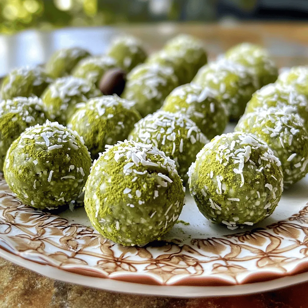To make Matcha Energy Bliss Balls, you'll need: - 1 cup rolled oats - 1/2 cup nut butter (your choice of almond or cashew) - 1/4 cup honey or maple syrup (for a vegan option, use maple syrup) - 2 tablespoons matcha green tea powder - 1/4 cup chia seeds - 1/4 cup unsweetened shredded coconut - 1/4 cup dark chocolate chips (optional for a touch of sweetness) - A pinch of salt Each ingredient in these bliss balls brings its own set of health perks. - Rolled oats are great for energy. They keep you full and help digestion. - Nut butter adds healthy fats and protein. It helps fuel your body. - Honey or maple syrup gives a natural sweetness. They provide quick energy and vitamins. - Matcha green tea powder is packed with antioxidants. It can boost your focus and mood. - Chia seeds offer omega-3s and fiber. They support heart health and keep you satisfied. - Shredded coconut adds flavor and healthy fats. It can help with brain health. - Dark chocolate chips (if you choose to add them) provide a sweet treat. They also have antioxidants. - Salt enhances the flavors and balances sweetness. You can easily swap ingredients based on your taste or needs. - If you’re out of rolled oats, you can use quick oats or even ground oats. - For nut butter, try sunflower seed butter for a nut-free option. - Use agave syrup instead of honey or maple syrup if you prefer. - If you don't have chia seeds, flaxseeds work well too. - You can skip the chocolate chips for a healthier version. - Instead of shredded coconut, use crushed nuts or seeds for a different crunch. These substitutions help you tailor your bliss balls to your diet and taste. Enjoy making your Matcha Energy Bliss Balls! Making Matcha Energy Bliss Balls is simple and fun. You need just a few steps. Gather your ingredients, and let’s get started! The prep time is 15 minutes, and the chilling time is 30 minutes. You’ll have 12 to 15 bliss balls when you finish. 1. Mix the Dry Ingredients: Start by taking a large mixing bowl. Add 1 cup of rolled oats, 2 tablespoons of matcha green tea powder, 1/4 cup of chia seeds, and 1/4 cup of unsweetened shredded coconut. Stir these dry ingredients well. This step helps blend the flavors together. 2. Prepare the Wet Ingredients: In a smaller bowl, add 1/2 cup of your choice of nut butter. You can use almond or cashew. Then, add 1/4 cup of honey or maple syrup. If you want a vegan option, use maple syrup. Add a pinch of salt for flavor. Mix this until it is smooth. 3. Combine Mixtures: Now, pour the wet mix into the bowl with dry ingredients. Stir everything until mixed well. If you like chocolate, fold in 1/4 cup of dark chocolate chips here. 4. Form the Bliss Balls: Dampen your hands slightly to avoid sticking. Take small amounts of the mix and roll them into balls. Each should be about 1 inch in size. Make sure they are compact so they hold their shape. 5. Chill the Bliss Balls: Place the rolled bliss balls on a tray lined with parchment paper. Make sure they have space between them. 6. Set in the Fridge: Put the tray in the fridge. Let the bliss balls chill for at least 30 minutes. This helps them firm up and makes them easier to eat. - For step one, picture a large bowl filled with a colorful mix of oats, matcha, chia seeds, and coconut. - In step two, envision a creamy nut butter blend in a smaller bowl. - For step three, see the vibrant green mixture coming together. - In step four, imagine rolling small green and brown balls in your hands. - Step five shows a neat tray of bliss balls waiting to chill. - Finally, picture the chilled bliss balls, ready to be enjoyed! Enjoy the process and the tasty results from the full recipe! When making Matcha Energy Bliss Balls, avoid using too much matcha. It can make your bliss balls bitter. Also, don’t skip chilling them. Chilling helps them hold their shape. Make sure to measure your ingredients carefully. This ensures your bliss balls have the right texture. Lastly, be careful not to rush the mixing. Properly mixing helps all flavors blend well. To create the best bliss balls, use fresh matcha. Fresh matcha has a bright color and great flavor. Also, try to use creamy nut butter. Creamy nut butter helps bind the ingredients. Mix the dry and wet ingredients well before combining them. This ensures an even taste. If you want a touch of sweetness, add dark chocolate chips. They add flavor and fun! When rolling the bliss balls, dampen your hands slightly. This helps the mixture not stick to your hands. Roll each ball firmly to keep its shape. For storing, place them in an airtight container. Keep them in the fridge for best results. They last about a week. You can freeze them too. Just make sure to separate layers with parchment paper. Enjoy your tasty and healthy snack anytime! For the full recipe, check out the details above. {{image_4}} You can change the flavor of your matcha energy bliss balls easily. Try adding chopped nuts like almonds or walnuts for crunch. You could also mix in spices. Cinnamon or ginger gives a warm twist. If you want a tropical taste, add dried fruits like mango or pineapple. Feeling adventurous? Toss in some matcha-flavored protein powder for a protein boost! Each change enhances the taste and keeps things exciting. These bliss balls are easy to adjust for different diets. The base is already vegan if you use maple syrup instead of honey. To make them gluten-free, ensure your oats are certified gluten-free. Using nut butter is great since it adds healthy fats and goes well with matcha. You can also swap the chocolate chips with cacao nibs for a less sweet option. This way, everyone can enjoy these tasty bites! Serving your bliss balls can be fun. Place them on a colorful platter for a cheerful look. You can sprinkle a bit of matcha powder or coconut on top for flair. These treats are perfect for snacks, parties, or a quick energy boost. Pair them with a cup of green tea for a great afternoon pick-me-up. You can even pack them in your lunch for a healthy treat on the go. Check out the Full Recipe for more ideas on how to enjoy these bliss balls! To keep your matcha energy bliss balls fresh, store them in an airtight container. Place parchment paper between layers if you stack them. This prevents sticking and keeps them intact. You can store them in the fridge for easy access. The cool temperature helps maintain their texture and flavor. These bliss balls last up to one week in the fridge. If you want to keep them longer, freezing is a great option. Place the bliss balls in a single layer on a tray. Freeze them for about an hour, then transfer them to a freezer-safe bag. They can stay fresh in the freezer for up to three months. You don’t need to reheat matcha energy bliss balls. They are perfect as a quick snack right out of the fridge or freezer. However, if you want them a bit softer, let them sit at room temperature for a few minutes. Enjoy them as a healthy treat any time! Matcha Energy Bliss Balls are small snacks packed with energy. They combine oats, nut butter, and matcha. You get a healthy treat that tastes great. The matcha gives a green hue and a unique flavor. These bites are sweet, chewy, and perfect for a quick snack. I love them for a boost before workouts. They are easy to make and fun to eat. You can find the Full Recipe above! Yes, you can use other sweeteners. Agave syrup, brown rice syrup, or date syrup work well. Each sweetener changes the taste a bit. They all add a nice touch of sweetness. Just keep in mind that the texture might change slightly. Choose what fits your taste best! Matcha has about 60-70 mg of caffeine per cup. Each bliss ball has a small amount of matcha. You will get a gentle energy boost without a big crash. This makes matcha a great choice for a snack. It gives you focus and alertness, which is perfect for busy days. Yes, it is best to refrigerate them. Chilling helps them hold their shape. It also keeps them fresh for longer. Store them in an airtight container in the fridge. They can last for up to a week this way. Enjoy them cold or let them sit out for a bit before eating! In this post, we covered how to make Matcha Energy Bliss Balls. We looked at each ingredient and how it benefits your health. You learned step-by-step instructions and helpful tips to avoid common mistakes. We shared fun ways to change flavors and options for vegan or gluten-free diets. Finally, you found storage tips to keep your bliss balls fresh. Try making these tasty snacks. They are easy and great for energy. Enjoy creating your own flavors!