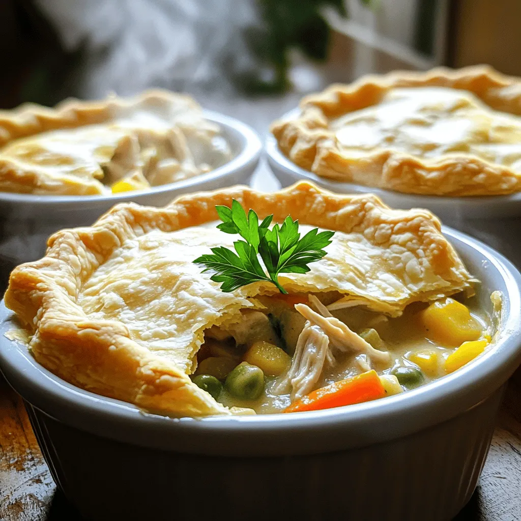 - 2 cups cooked chicken, shredded - 1 cup frozen mixed vegetables (carrots, peas, and corn) - 1/2 cup onions, finely chopped - 1/2 cup celery, diced - 1/2 cup potatoes, diced into small cubes - 1/3 cup all-purpose flour - 1 cup chicken broth - 1 cup whole milk - 1 teaspoon dried thyme - 1 teaspoon garlic powder - Salt and pepper to taste - 2 pre-made pie crusts (or homemade, if you prefer) - 1 tablespoon olive oil When I create my Easy Chicken Pot Pie, I focus on fresh, quality ingredients. The base of the pie is tender chicken and vibrant mixed veggies. I love using frozen vegetables because they save time and still taste great. The chicken should be cooked ahead of time. You can use leftover roast chicken or even rotisserie chicken. The flavor is already there, making it easy. I also chop up fresh onions, celery, and potatoes. These add a nice crunch and heartiness to the filling. For the sauce, I rely on chicken broth and whole milk. This combo makes the filling creamy and rich. The flour helps thicken the sauce, giving it the right texture. Dried thyme and garlic powder bring out natural flavors. I always season with salt and pepper to enhance the taste. When it comes to the crust, I use pre-made pie crusts. They save a lot of time! However, if you love baking, homemade crust is a great option. It can add an extra touch of love to the dish. I also use olive oil to sauté the veggies. This step adds richness and depth to the filling. For the full recipe, you can find all the steps to make this cozy meal. Enjoy the process and feel good about serving a dish full of flavor and comfort! - Preheat the oven to 425°F (220°C). - In a skillet, heat 1 tablespoon of olive oil over medium heat. Add 1/2 cup finely chopped onions and 1/2 cup diced celery. Sauté them for 4-5 minutes. The onions and celery should get soft and clear. - Add 1/2 cup diced potatoes to the skillet. Cook for another 5 minutes until the potatoes soften. - Sprinkle 1/3 cup all-purpose flour over the veggies. Stir well and cook for 1-2 minutes. This helps remove the raw flour taste. - Gradually pour in 1 cup of chicken broth and 1 cup of whole milk while stirring. Keep stirring until the sauce thickens, about 3-4 minutes. - Next, add 2 cups of cooked, shredded chicken and 1 cup of frozen mixed vegetables. Season with 1 teaspoon dried thyme, 1 teaspoon garlic powder, salt, and pepper. Mix well until all ingredients blend. - Turn off the heat and let the filling cool for a bit. Roll out one pie crust and place it in a 9-inch pie pan. Make sure it covers the bottom and sides well. - Pour the chicken filling into the crust. Spread it evenly. Roll out the second crust and place it over the filling. Seal the edges by crimping with a fork or pinching with your fingers. Cut slits in the top crust to let steam escape. - Place the pie in the preheated oven. Bake for 30-35 minutes until the crust is golden brown and flaky. - Let the pie cool for about 10 minutes before slicing. - For a nice touch, serve individual portions in ramekins. Garnish with fresh parsley to add color and charm. Using leftover rotisserie chicken makes this dish easy and quick. It saves time and adds great flavor. You can also adjust the seasoning to fit your taste. Try adding herbs like thyme or spices like paprika. Each change can bring new life to your pot pie. If you want a crispier bottom crust, blind bake it first. To blind bake, simply pre-bake the crust for about 10 minutes before adding the filling. You can also switch things up by using puff pastry instead of a regular crust. This gives a light and flaky texture that many love. For a flavor boost, add a splash of white wine or sherry to the sauce. It adds depth and richness. Fresh herbs like parsley or rosemary can really elevate the taste too. Just chop them finely and mix them in for an extra fresh kick. For the full recipe, check out the Hearty Chicken Pot Pie section above! {{image_4}} You can easily change the flavor of your chicken pot pie. Swap out chicken for turkey or beef if you want a new taste. Both options work well with the creamy sauce. You can also use different vegetables. Try adding broccoli, green beans, or bell peppers. This lets you use what you have on hand or what you like best. If you want a lighter dish, substitute low-fat milk for whole milk. This keeps the creaminess while cutting some calories. You can also use a whole wheat crust. It adds fiber and nutrients. For a low-carb option, try a cauliflower crust. This makes the pie gluten-free and adds a unique flavor. For a meat-free version, replace chicken with mushrooms or chickpeas. Both options add great texture and flavor. Use vegetable broth instead of chicken broth to keep it vegetarian. This way, you still get a rich taste without any meat. You can still enjoy a comforting meal that everyone will love. Store any leftovers in an airtight container in the fridge. This keeps them fresh and safe to eat. The pie tastes best if you enjoy it within 3-4 days. You can freeze unbaked pies wrapped tightly in plastic wrap. This way, you can save it for later. If you have a cooked pie, it can be frozen for up to 3 months. Just make sure it is fully cooled before wrapping. For the best texture, reheat your pie in the oven. Set the oven to 350°F (180°C) and bake until warm. If you need a quicker option, use the microwave. Just heat in short intervals, stirring in between, to avoid hot spots. Total preparation and cooking time is about 50 minutes. This includes chopping, cooking, and baking. You can enjoy a warm, homemade meal in less than an hour! Yes, just ensure it is fully cooked before adding to the filling. You can use leftover rotisserie chicken for quick prep. It saves time and adds great flavor. Great accompaniments include a fresh salad or steamed vegetables. A crisp green salad brightens the meal. Steamed carrots or broccoli add color and nutrients. Use gluten-free flour and crust for the recipe. Many stores offer gluten-free pie crusts. Just check the label to ensure it fits your needs. This recipe for Easy Chicken Pot Pie is simple and satisfying. You learned about the key ingredients, cooking steps, and smart tips to enhance flavor. Remember, you can swap proteins and use different vegetables for variety. Store any leftovers properly to enjoy later. Enjoy creating this warm meal that brings comfort and happiness to your table. This dish is sure to impress friends and family alike. Happy cooking!