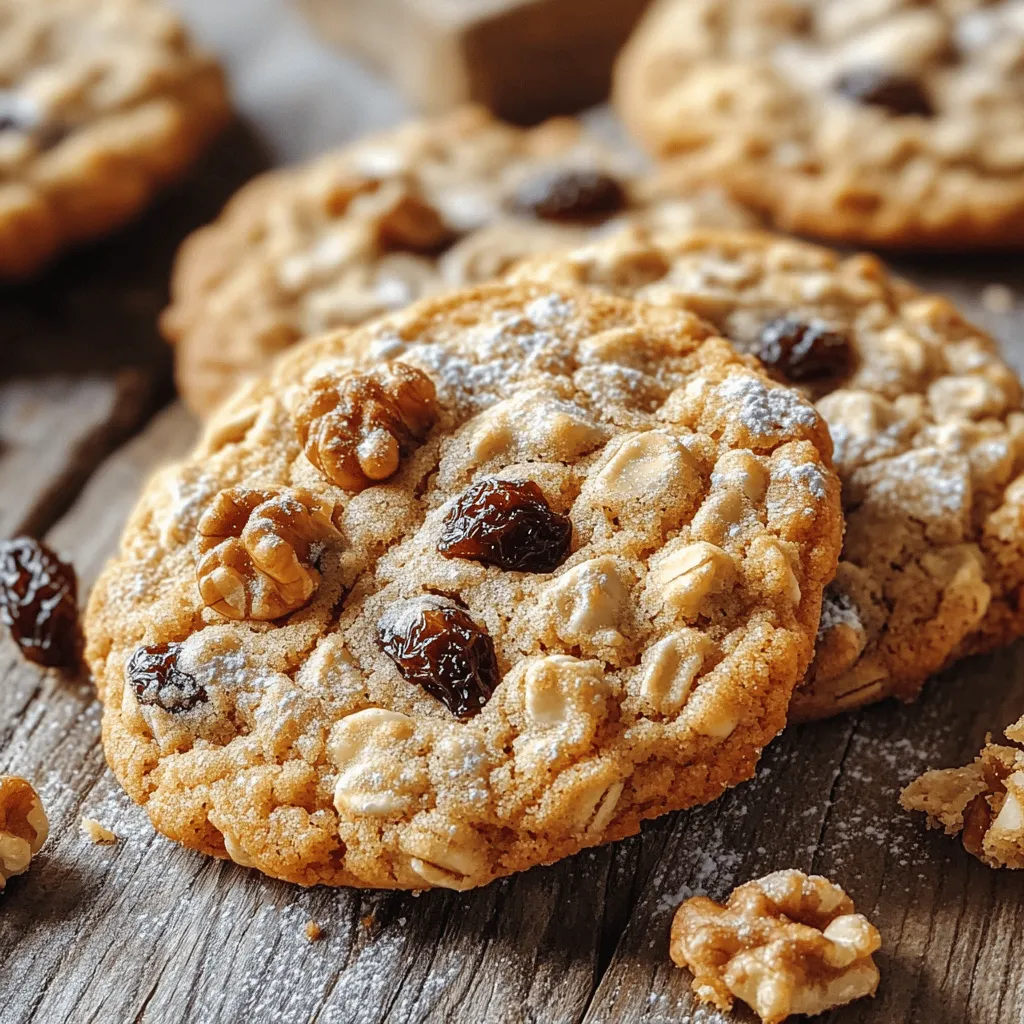 To make chewy oatmeal raisin cookies, you need the right ingredients. Here’s what you will use: - 1 cup all-purpose flour - 1 teaspoon baking soda - 1 teaspoon ground cinnamon - ½ teaspoon salt - ½ cup unsalted butter, softened to room temperature - ½ cup packed brown sugar - ½ cup granulated sugar - 1 large egg, at room temperature - 1 teaspoon pure vanilla extract - 1 ½ cups rolled oats - 1 cup plump raisins These ingredients create a soft, chewy cookie with great flavor. The oats add texture, while the raisins bring sweetness. You can customize your cookies by adding some extra goodies. Here are a few fun options: - ½ cup chopped walnuts - ½ cup chocolate chips Adding walnuts gives a nice crunch. Chocolate chips add a sweet twist, making these cookies even more delightful. For the best cookies, choose high-quality ingredients. Here are some tips: - Butter: Use unsalted butter for better control over salt levels. - Sugar: Choose light brown sugar for a rich flavor. - Oats: Use rolled oats, not instant oats. Rolled oats provide the right texture. - Raisins: Opt for plump, juicy raisins. They make a big difference in taste. Fresh ingredients lead to better flavors. Pay attention to the quality, and your cookies will shine! For more detailed steps, check the Full Recipe. Start by preheating your oven to 350°F (175°C). This temperature gives the cookies a nice chew. Next, line a baking sheet with parchment paper. This will help stop the cookies from sticking and make cleanup easy. In a medium bowl, whisk together the flour, baking soda, ground cinnamon, and salt. Make sure everything mixes well. Set this dry mixture aside. Now, in a large mixing bowl, cream the softened butter with the brown sugar and granulated sugar. Use an electric mixer here. Beat until the mixture is light and fluffy. This should take 2-3 minutes. Then, add in the egg and vanilla extract. Mix on low speed until smooth. Slowly add the dry ingredients to the wet mixture. Mix on low speed just until everything is combined. Be careful not to over-mix. Next, gently fold in the oats, raisins, and walnuts if you want a crunch. Use a tablespoon or cookie scoop to portion dough onto the baking sheet. Space them about 2 inches apart. Bake in the preheated oven for 12-15 minutes. The edges should be golden and the centers soft. Once baked, take the cookies out and let them cool on the baking sheet for 5 minutes. This helps them firm up. After that, carefully move the cookies to a wire rack to cool completely. Store them in an airtight container to keep them fresh. You can find the full recipe [here](Full Recipe). To get that perfect chewy texture in your cookies, use more brown sugar than white sugar. Brown sugar has moisture, which helps keep cookies soft. Also, don’t overmix the dough. Mix until just combined. This helps keep the cookies tender. One common mistake is using cold ingredients. Always use room temperature butter and eggs. Cold ingredients can make the batter too firm. Another mistake is baking too long. Take the cookies out when the edges are golden but the centers look soft. They firm up as they cool. Use parchment paper on your baking sheet. This prevents sticking and makes cleanup easy. Always space the cookies at least 2 inches apart. This gives them room to spread while baking. Lastly, let the cookies cool on the baking sheet for a few minutes before moving them. This helps them set nicely. For a full recipe, check the section above. {{image_4}} You can make Chewy Oatmeal Raisin Cookies healthier. Try using whole wheat flour instead of all-purpose flour. You can also replace half the sugar with applesauce. This swap keeps the cookies moist and reduces the sugar content. Another option is to use honey or maple syrup for a natural sweetener. These changes keep the cookies tasty while cutting down on empty calories. To spice up your cookies, add different flavors. A pinch of nutmeg or ginger can add a nice kick. You can also mix in some chocolate chips for sweetness. If you want a fun twist, try adding a tablespoon of peanut butter. It will give the cookies a rich, nutty flavor. A splash of almond extract instead of vanilla can also elevate the taste. If you need vegan cookies, swap the egg for a flax egg. Mix one tablespoon of ground flaxseed with three tablespoons of water, then let it sit until it thickens. For a gluten-free version, use a gluten-free flour blend in place of all-purpose flour. Just make sure the oats are certified gluten-free. These swaps will make your cookies friendly for all diets while still being delicious. For the complete recipe, check out the Full Recipe section! To keep your chewy oatmeal raisin cookies fresh, store them in an airtight container. This helps prevent them from drying out. You can place a slice of bread in the container. The bread will absorb any moisture and keep the cookies soft. Store the cookies at room temperature for up to a week. If you want to keep them longer, consider freezing them. Freezing cookies is a great way to enjoy them later. To freeze your chewy oatmeal raisin cookies, let them cool completely first. Then, place them in a single layer on a baking sheet. Freeze for about an hour. Once frozen, transfer the cookies to a freezer-safe bag or container. They can last for up to three months in the freezer. When you’re ready to eat them, just thaw at room temperature or reheat in the oven. Reheating cookies brings back their fresh-baked taste. To do this, preheat your oven to 350°F (175°C). Place the cookies on a baking sheet and heat them for about 5 to 7 minutes. This warms them up and makes them soft again. You can also use a microwave. Heat each cookie for about 10-15 seconds. Enjoy them warm for the best flavor! For more tips and the full recipe, check out the [Full Recipe]. Yes, you can use quick oats. They are smaller and cook faster. This change may make your cookies softer. Rolled oats give a chewier texture. If you want chewy cookies, stick with rolled oats. Chewy oatmeal raisin cookies last about one week at room temperature. Store them in an airtight container. For longer freshness, keep them in the fridge. You can also freeze them for up to three months. If you don't like raisins, try using chocolate chips or dried cranberries. Chopped dates or apricots also work well. These options add a nice twist to the cookies. Feel free to mix and match your favorites! Yes, you can double the recipe easily. Just double each ingredient amount. Make sure to have enough space on your baking sheets. Baking in batches works well too. Enjoy sharing these cookies with friends! Check the edges of the cookies. They should be lightly golden. The centers will look soft but not wet. If they look set, they are done. Remember, they will firm up as they cool! Chewy oatmeal raisin cookies are simple and fun to make. We covered the key ingredients, step-by-step baking, and useful tips. Explore tasty variations and safe storage methods to keep them fresh. Remember to avoid common mistakes for the perfect cookie. With these insights, you can enjoy delightful treats any time. Baking is about experimenting, so feel free to try new flavors or adjustments. Happy baking!