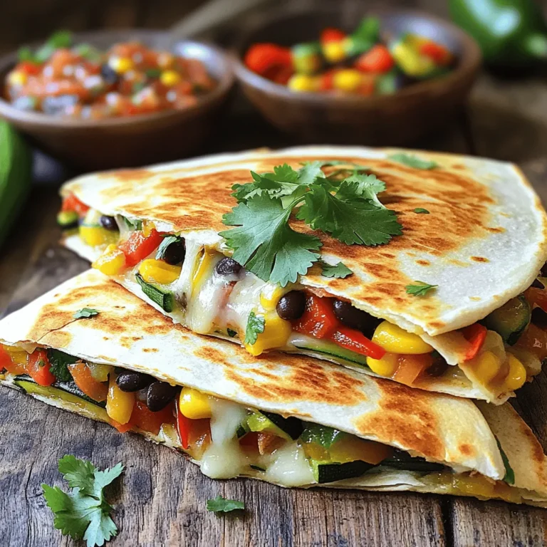 - Whole wheat tortillas - Cheese options: mozzarella and alternatives - Vegetable selections: bell peppers, zucchini, corn, and beans - Seasonings and oils To make veggie quesadillas, you need a few key ingredients. First, I love using whole wheat tortillas for a healthy twist. These tortillas add fiber and a nice texture. You can also use regular tortillas if you prefer. Next, cheese is a must. I suggest mozzarella for its great melt. You can try other cheeses too, like cheddar or pepper jack for extra flavor. For the veggies, choose a mix that excites you. I often use bell peppers, zucchini, corn, and black beans. These veggies add color and crunch. You can even use leftover veggies from your fridge! Lastly, seasonings make your quesadillas shine. Use ground cumin and chili powder for warmth. A drizzle of olive oil keeps everything tasty and helps the veggies cook well. - Fresh cilantro - Salsa and other salsa alternatives Garnishes can take your quesadillas to the next level. Fresh cilantro adds a burst of flavor. If you’re not a fan, try green onions or avocado instead. Salsa is a perfect dip for these quesadillas. You can use store-bought salsa or make your own. Other dipping sauces like guacamole or sour cream also work well. For the full recipe, check out my Rainbow Veggie Quesadillas. Enjoy your cooking! 1. Heat a non-stick skillet over medium heat. Add 1 tablespoon of extra virgin olive oil. This oil adds flavor and helps cook the veggies well. 2. Once the oil is hot, add your diced red and yellow bell peppers and sliced zucchini. Sauté these for about 3-4 minutes. You want them to soften but not get mushy. 3. Next, stir in 1/4 cup of corn and 1/4 cup of rinsed black beans. Season with 1/4 teaspoon each of ground cumin and chili powder, plus salt and black pepper to taste. Cook for another 2 minutes to warm everything through. Set the veggie mix aside. 1. Wipe the skillet clean and place it back on the heat. Lay a whole wheat tortilla flat in the skillet to warm it up. 2. On one half of the tortilla, sprinkle 1/2 cup of shredded mozzarella cheese. 3. Layer your sautéed veggie mix over the cheese. Top it with more mozzarella for extra cheesiness. 4. Carefully fold the tortilla over to cover the filling. Press down gently to seal the edges. 1. Cook the folded quesadilla for about 2-3 minutes on one side. Look for a golden brown color and melted cheese. 2. To flip, use a spatula. Gently turn it over and cook for another 2-3 minutes until both sides are crispy. 3. Once cooked, remove the quesadilla from heat. Let it cool for a minute before slicing it into wedges. 4. For a fun touch, garnish with fresh cilantro and serve it with salsa for dipping. Enjoy this simple and tasty dish! Check the Full Recipe for all details! To get the perfect crispiness in your quesadillas, use medium heat. This helps the tortilla brown nicely without burning. A non-stick skillet works best for this. You want to flip the quesadilla carefully. This way, you keep all the filling inside. For the best cheese melting techniques, use shredded cheese. Shredded cheese melts faster and spreads out evenly. Mozzarella is great, but feel free to mix in other cheeses too. Try cheddar or pepper jack for a fun twist. To boost the flavor of your veggie quesadillas, add spices. Ground cumin and chili powder add depth. A pinch of smoked paprika can also bring a nice smoky taste. Consider fresh herbs like cilantro for an added freshness. Customizing heat levels is easy with chili options. If you like it spicy, add diced jalapeños or red pepper flakes. For a milder taste, stick with bell peppers. It’s all about finding your perfect balance. You can cook your quesadillas on the stovetop or bake them. Stovetop cooking gives you quick, crispy results. Baking is a great option for larger batches, but it takes longer. If you're making many quesadillas, use a griddle. A griddle lets you cook several at once. This saves time and ensures even cooking. Just keep an eye on the heat to avoid burning! For the full recipe, check out the Rainbow Veggie Quesadillas . Enjoy cooking! {{image_4}} You can mix and match veggies in your quesadillas. Seasonal vegetables add fun and new flavors. Try spinach, mushrooms, or even sweet potatoes. These choices keep your meals fresh and exciting. Adding protein sources like tofu or tempeh boosts nutrition. These ingredients make your quesadillas filling and satisfying. When you use different veggies, you create a colorful and vibrant dish. Cheese plays a big role in quesadillas. You can use non-dairy cheese options if you prefer. Brands now offer tasty vegan cheeses that melt well. If you want something special, try flavored cheeses. Cheddar, pepper jack, or even feta can change the whole taste. Mixing cheeses can create a unique flavor experience. Experiment until you find your favorite combo. If you need gluten-free options, look for gluten-free tortillas. Many brands make tasty versions that work great. You can also try low-carb versions using cauliflower tortillas. They hold up well and taste amazing. This option is perfect for anyone watching carbs. Just make sure to adjust cooking times, as they can cook faster. Enjoy these variations for a tailored meal that suits your needs. For the full recipe, check out the Rainbow Veggie Quesadillas. To keep your veggie quesadillas fresh, store them in an airtight container. This helps prevent them from drying out. You can keep them in the fridge for up to three days. When you are ready to eat, reheat them in a skillet over medium heat. This method makes them crispy again. You can also use a microwave, but they may lose some crispiness. If you want to save some quesadillas for later, freezing is a great option. To freeze cooked quesadillas, let them cool completely. Then, wrap each one tightly in plastic wrap or aluminum foil. Place them in a freezer-safe bag. They can last for up to three months in the freezer. When you are ready to eat, take the quesadillas out of the freezer. Let them thaw in the fridge overnight or for a few hours at room temperature. Reheat them in a skillet or oven until they are hot and crispy again. Enjoy a quick and tasty meal anytime! For the full recipe, check out the Rainbow Veggie Quesadillas section. You can use many tasty veggies in veggie quesadillas. Some of my favorites include: - Bell peppers (red, yellow, or green) - Zucchini - Corn - Spinach - Mushrooms - Onions These vegetables mix well and add great color and flavor. You can also try seasonal veggies for a fresh twist. Combining these will give a crunch and sweetness. Yes, you can prep veggie quesadillas ahead of time. Here’s how: - Chop your veggies and store them in an airtight container in the fridge. - You can also cook the veggie mix and cool it before storing. - Assemble the quesadillas and wrap them in foil for easy storage. Make sure to eat them within a few days for the best taste. To get that perfect crunch, follow these tips: - Use a non-stick skillet and heat it well before adding the quesadilla. - Brush the outside of the tortilla with a little olive oil for extra crispiness. - Cook on medium heat to avoid burning while letting the cheese melt. - Flip carefully to keep the filling inside. These methods will help you achieve a golden, crispy quesadilla. For a full recipe, check out the Rainbow Veggie Quesadillas. Veggie quesadillas are easy to make and very tasty. You learned about the key ingredients, like whole wheat tortillas and cheese options. I shared steps for cooking and tips for getting them crispy. You can customize with your favorite veggies and spices. Remember, leftovers can be stored or frozen. These quesadillas give you a fun way to enjoy healthy food. Try different cheeses and vegetables to find your perfect mix! Enjoy your cooking and creativity with veggie quesadillas.
