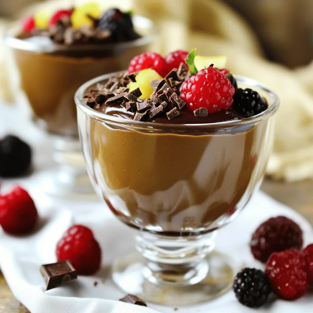 - 1 cup silken tofu - 1 cup dark dairy-free chocolate chips - 1/4 cup pure maple syrup - 1 teaspoon pure vanilla extract - 1/4 teaspoon sea salt The main ingredients create the base for a rich and creamy mousse. I use silken tofu for its smooth texture. It blends well and adds a protein boost. Dark dairy-free chocolate chips provide deep chocolate flavor. Pure maple syrup adds natural sweetness, and vanilla extract enhances the taste. A pinch of sea salt rounds out the flavors beautifully. - Fresh berries (raspberries, strawberries, or blueberries) - Shaved dark chocolate Garnishing ingredients make this mousse visually appealing and add fresh flavors. Fresh berries offer a bright contrast to the rich chocolate. Shaved dark chocolate adds an elegant touch. These toppings not only look great but also enhance the taste. They turn a simple dessert into a gourmet experience. For the full recipe, check out the complete instructions to whip this mousse up easily. Double Boiler Method To melt the chocolate, use a double boiler. Fill a pot with water and bring it to a simmer. Place a heatproof bowl on top, making sure it does not touch the water. Add the dark chocolate chips to the bowl. Stir often until the chocolate is completely melted and smooth. Microwave Method For a quicker option, use the microwave. Put the chocolate chips in a microwave-safe bowl. Heat them in 30-second bursts, stirring each time. Stop when the chocolate is fully melted and smooth. Combine the Ingredients Next, add the melted chocolate to your blender. Include the drained silken tofu, maple syrup, vanilla extract, and sea salt. Achieve the Perfect Texture Secure the lid and blend on high. Stop to scrape down the sides. Blend until you get a rich, creamy texture with no lumps. It should feel velvety and indulgent. Sweetness Adjustment Tips After blending, taste your mousse. If you want it sweeter, add a little more maple syrup. Blend again briefly to mix in the extra sweetness. Serving Methods Carefully spoon the mousse into individual bowls. Use a spatula to smooth the tops. This makes them look nice and tidy. Importance of Chilling Now, place the bowls in the fridge. Let them chill for at least 30 minutes. Chilling helps the mousse firm up, enhancing the flavors and texture. Enjoy making this rich and creamy indulgence with the full recipe! To get that perfect texture in your vegan chocolate mousse, blending is key. Use a high-speed blender for the best results. This tool helps mix the ingredients smoothly. Here are some tips: - Blend slowly at first: Start on a low setting to combine the ingredients. Gradually increase the speed to avoid splatters. - Scrape the sides: Pause while blending to scrape down the sides. This ensures all ingredients mix well. The goal is a smooth, creamy texture without lumps. Common pitfalls to avoid include over-blending, which can make the mousse too airy. Also, under-blending can leave chunks of tofu. Both can ruin the experience of eating this treat. Sweetness is personal. I often use maple syrup in this recipe, but you can change it up. If you prefer a different flavor, try agave nectar or date syrup. Both work well for sweetness. To adjust the sweetness, taste the mousse after blending. If it needs more sweetness, add a bit more maple syrup. Blend it in briefly to mix. You can also add cocoa powder for a richer chocolate flavor. Just remember to blend well to keep that smooth texture. For the full recipe, check out the detailed instructions. Enjoy creating your mousse! {{image_4}} You can make your vegan chocolate mousse even more exciting with some simple additions. - Adding espresso or coffee: A touch of espresso powder or brewed coffee gives the mousse a deeper flavor. It enhances the chocolate and adds a rich, bold note. Just mix in one teaspoon of espresso powder when you blend your ingredients. If you prefer brewed coffee, use two tablespoons. - Infusing with citrus zest: A bit of zest can brighten the mousse. Try adding zest from an orange or lemon. This adds a fresh twist. Just one teaspoon of zest can make a big difference. Mix it in with the other ingredients for a lovely flavor boost. How you serve your mousse can make it even more special. - Alternative toppings and pairings: Fresh berries are classic, but you can try other toppings too. Chopped nuts or coconut whipped cream add nice textures. You might also drizzle some extra melted chocolate on top for a sweet touch. - Creative serving vessels: Presentation matters! Use small jars, cups, or even shot glasses. They look cute and let each guest enjoy their own portion. You can also layer the mousse with fruit or granola in a clear glass for a fun visual treat. To store any extra mousse, place it in an airtight container. This keeps it fresh and tasty. Make sure to cover the container well to avoid any odors from the fridge. The mousse can last up to five days in the fridge. Enjoy it as an easy dessert or a quick snack. If you want to save the mousse for later, you can freeze it. Scoop the mousse into a freezer-safe container, leaving some space at the top. This allows for expansion as it freezes. Seal the lid tightly. The mousse can stay frozen for about two months. When you're ready to eat it, take the mousse out and place it in the fridge overnight to thaw. If you need it faster, you can thaw it at room temperature for about an hour. Just remember to stir it gently before serving to get back that creamy texture. You can use mashed avocado or coconut cream. Both options give a creamy texture. They also help keep the mousse rich and smooth. If you need a nut-free option, avocado is best. Coconut cream adds a nice flavor, but it can be a bit heavier. Yes, this mousse is nut-free. It uses silken tofu and dairy-free chocolate. This makes it safe for those with nut allergies. Always check labels on chocolate to ensure it’s nut-free, just in case. The mousse can last about four to five days in the fridge. Store it in an airtight container to keep it fresh. If you see any change in smell or texture, it's best to toss it. Yes, you can make this mousse ahead of time. It’s perfect for parties or special meals. Just make sure to chill it for at least 30 minutes before serving. You can make the mousse without a blender, but it’s more work. You can use a whisk or a fork to mix the ingredients. It will take longer to get a smooth texture this way. If you choose this method, ensure the chocolate is cool before mixing. This blog post covered how to make a tasty chocolate mousse using simple ingredients, like silken tofu and dark dairy-free chocolate chips. You learned step-by-step instructions to prepare and blend the mousse, plus tips for achieving the best texture. We explored flavor variations and how to store leftovers. In the end, this dessert is easy to make and fun to customize. Enjoy creating it your way!