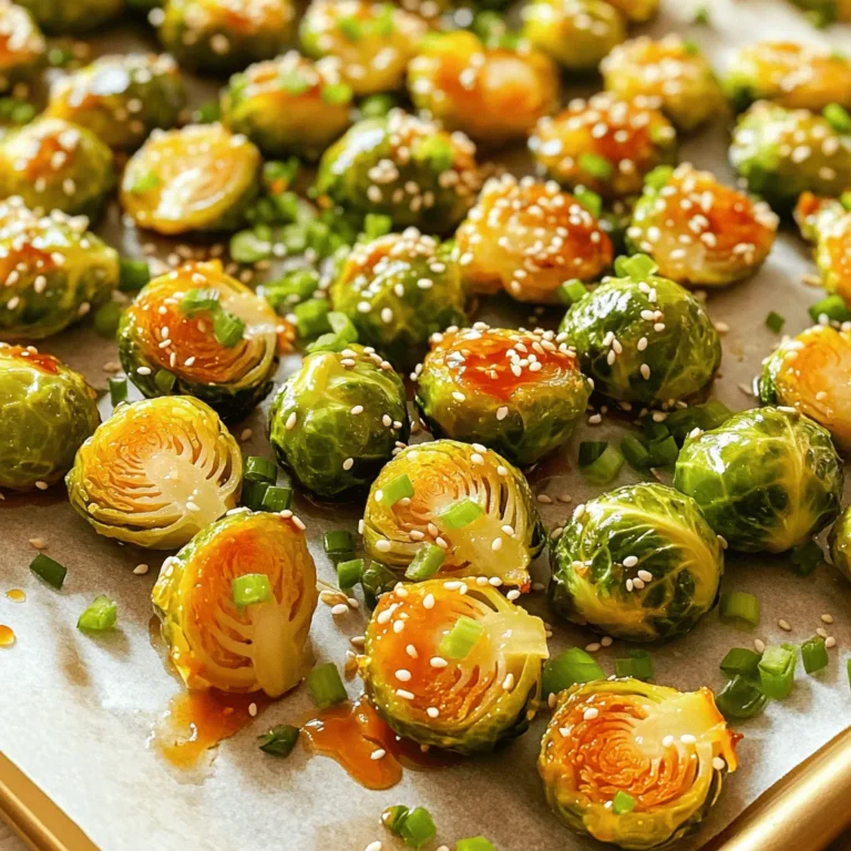 To make Sriracha honey Brussels sprouts, you'll need the following ingredients: - 1 lb Brussels sprouts, trimmed and halved - 3 tablespoons olive oil - 2 tablespoons Sriracha sauce - 2 tablespoons honey - 2 cloves garlic, minced - Salt and pepper to taste - 1 tablespoon sesame seeds (optional) - Chopped green onions for garnish These simple, fresh ingredients come together to create an irresistible flavor. The Brussels sprouts provide a nutty base, while the Sriracha adds heat. Honey balances the spice with sweetness. Garlic enhances the overall taste, making each bite delightful. Using quality olive oil is key for roasting. It helps achieve that crispy texture we all love. You can adjust the amount of Sriracha based on your spice preference. More sauce means more heat! If you want a different twist, try using maple syrup instead of honey. Keep everything on hand, and you’ll be ready to roast these delicious sprouts. For the full recipe, check the details above. Enjoy the process of making this dish! - Set the temperature to 425°F (220°C) - Prepare the baking sheet with parchment paper Start by preheating your oven to 425°F (220°C). This heat is key for crispy sprouts. While the oven warms up, line a baking sheet with parchment paper. This will help keep things clean and prevent sticking. - Combine Brussels sprouts with olive oil and seasonings - Ensure even coating with Sriracha and honey Next, grab a large bowl. Add 1 pound of halved Brussels sprouts. Pour in 3 tablespoons of olive oil, along with 2 tablespoons of Sriracha and 2 tablespoons of honey. If you like a bit of zing, toss in 2 minced garlic cloves, salt, and pepper. Mix everything well. Make sure each sprout is coated in that sweet and spicy glaze. - Place sprouts cut-side down on the baking sheet - Importance of single-layer placement Now it’s time to arrange the sprouts. Place them cut-side down on your baking sheet. Spreading them out in a single layer ensures they roast well. If they overlap, they won’t get crispy. - Roast for 20-25 minutes - Flip halfway for even cooking Slide the baking sheet into the oven. Roast the Brussels sprouts for 20 to 25 minutes. Halfway through, flip them over. This step is important for even cooking. Look for a golden brown color with crispy edges. - Add sesame seeds and green onions - Tips for presentation After roasting, carefully take the baking sheet out. For a nice crunch, sprinkle 1 tablespoon of sesame seeds on top. Add some chopped green onions for a fresh touch. To make it pretty, drizzle a bit of extra honey over the sprouts. Serve them warm, and watch everyone enjoy this Sriracha honey Brussels sprouts dish! To get those Brussels sprouts crispy, high heat is key. I set my oven to 425°F (220°C). This temp helps them brown nicely. For even cooking, flip the sprouts halfway through roasting. I use a spatula to turn them, so every side gets crispy. You can tweak the spice level with Sriracha. If you like it mild, use less Sriracha. For a kick, add a bit more. You can also switch up the sweetener. Try maple syrup or agave for a different taste. Each sweetener adds its unique twist to the dish. These Sriracha honey Brussels sprouts pair well with many main dishes. Serve them alongside grilled chicken or steak for a complete meal. They also make a fun appetizer. Just place them on a platter and watch your guests dive in! For more ideas, check the full recipe. {{image_4}} You can make Sriracha honey Brussels sprouts vegan with simple swaps. Instead of honey, use maple syrup or agave nectar. Both options add sweetness without harming any bees. For seasoning, try a splash of soy sauce or coconut aminos. These give a nice umami kick that works well with the spicy Sriracha. Want to boost the dish? Add other veggies like carrots, peppers, or sweet potatoes. These mix in great and add color. Roasting them together makes a tasty medley. For protein, toss in chickpeas or cooked quinoa. This makes the meal heartier and more filling. You can even add cooked chicken or shrimp for extra protein. Each addition will enhance the flavor and texture of your dish. To keep your Sriracha honey Brussels sprouts fresh, follow these tips. First, let them cool to room temperature. Then, transfer them to an airtight container. Store them in the fridge. They stay good for up to four days. If you want to keep them crispy, avoid stacking them. When it’s time to enjoy leftovers, reheating is key. I recommend using an oven or air fryer. Preheat your oven to 350°F (175°C). Spread the sprouts on a baking sheet. Heat for about 10 minutes. This keeps them crisp. If you want to boost the flavor when reheating, drizzle a bit of honey or extra Sriracha before serving. This adds a nice touch. Enjoy the spicy, sweet goodness again! Sriracha honey Brussels sprouts can last about 3 to 5 days in the fridge. To keep them fresh, store them in an airtight container. Make sure they cool down before sealing. This helps prevent moisture build-up, which can make them soggy. When ready to enjoy, you can reheat them in the oven for crispiness. Yes, you can make this recipe ahead of time! Prepare the Brussels sprouts, coat them, and store them in the fridge for up to 24 hours before roasting. This way, you save time on cooking day. Just remember to let them sit at room temperature for about 15 minutes before roasting. This helps them cook evenly. Sriracha honey Brussels sprouts pair well with many dishes. Here are some great options: - Grilled chicken or tofu - Quinoa or rice bowls - Roasted meats like pork or beef - A fresh salad with citrus dressing These pairings enhance the sweet and spicy flavors of the sprouts. Absolutely! This recipe is great for meal prep. The Brussels sprouts store well and taste amazing reheated. Portion them into meal prep containers with other sides. Add protein like chicken or beans for a full meal. Just remember to keep the sprouts separate until ready to eat. This keeps them crunchy and fresh. You learned how to make Sriracha Honey Brussels Sprouts that are tasty and easy. We covered the key ingredients, step-by-step cooking instructions, and helpful tips. Don't forget to customize your dish with spices or extra veggies. You now have all the tools to impress your friends and family. Enjoy serving these flavorful sprouts at any meal or as an appetizer. Each bite offers a perfect balance of heat and sweetness. Happy cooking, and enjoy every delicious crunchy bite!