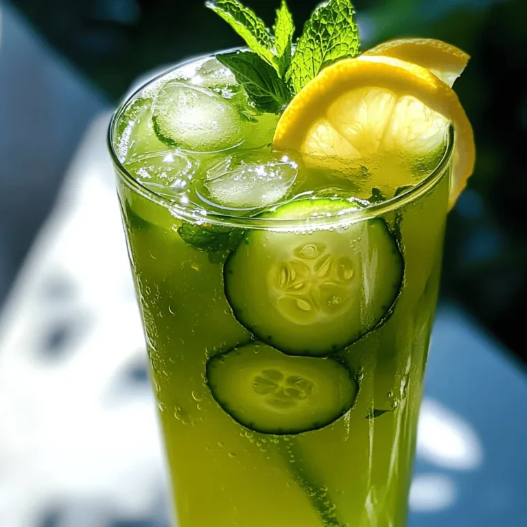 To make a tasty cucumber mint lemonade, you'll need: - 1 large cucumber, peeled and thinly sliced - 1 cup fresh mint leaves, packed - Juice of 4 large lemons (about 1 cup) - 1/2 cup agave syrup or honey (adjust for sweetness) - 5 cups cold water - Ice cubes for serving - Lemon slices and fresh mint sprigs for garnish When making this drink, exact measurements help. Here are some easy swaps if you need them: - Cucumber: You can use English cucumber for less bitterness. - Mint: If you can’t find fresh mint, try using mint extract. Use just a few drops. - Lemon Juice: Fresh is best, but bottled lemon juice works in a pinch. - Sweetener: Swap agave syrup for honey or sugar, just adjust to taste. Cucumber, mint, and lemon pack a health punch: - Cucumber: It has lots of water, which keeps you hydrated. It’s low in calories too. - Mint: This herb helps with digestion and freshens your breath. - Lemon: High in vitamin C, lemons boost your immune system and help detox your body. These ingredients not only make your drink refreshing but also good for your health! You can enjoy this delightful beverage without any guilt. For the complete instructions, check out the Full Recipe. To start, gather your fresh cucumber and mint leaves. Peel and thinly slice one large cucumber. It is important to slice it thin for smooth blending. Place the cucumber slices and one cup of packed mint leaves in a blender. Next, add one cup of cold water. Blend this mix on high speed until it becomes smooth. You want to ensure the cucumber and mint combine well. This step creates a refreshing base for your lemonade. After blending, it’s time to strain the cucumber-mint mixture. Use a fine mesh sieve or cheesecloth for this task. Take a large pitcher and pour the blended mixture into it. With a spatula or spoon, press down gently. This helps to extract all the liquid while leaving the solids behind. What you get is a vibrant, green cucumber-mint juice that is both refreshing and fragrant. Now that you have your cucumber-mint juice, it’s time to make the lemonade base. Squeeze the juice from four large lemons to get about one cup. Pour this juice into the pitcher with the cucumber-mint juice. Add half a cup of agave syrup or honey to the mix. Stir well to dissolve the syrup completely. Finally, add four cups of cold water to the pitcher. Mix everything until it is evenly combined. Taste your lemonade and adjust the sweetness if needed. You can add more syrup or honey based on your preference. For the complete instructions, check the Full Recipe. To get the best taste from your cucumber mint lemonade, you can adjust sweetness and acidity. Start with the recipe's recommended amount of agave syrup or honey. Taste it after mixing, and if you want more sweetness, add a little more. If it’s too sweet, squeeze in more lemon juice. The balance of sweet and tart is key! Chilling your lemonade is very important. For the best flavor, let it sit in the fridge for at least 30 minutes. This time allows the cucumber and mint to infuse into the lemonade. If you need it faster, try putting the pitcher in an ice bath for about 15 minutes. This will cool it down quickly without diluting the flavor. Presentation makes your drink more inviting. Use tall glasses filled with ice cubes when serving. Garnish with a lemon slice and a fresh mint sprig. You can also add cucumber slices to the rim of the glass for a fun look. For an even better display, consider using colorful straws and a tray with extra lemon slices and mint sprigs. This makes your cucumber mint lemonade a real treat! {{image_4}} You can play with flavors in your cucumber mint lemonade. Try adding fresh fruit juices like watermelon, lime, or pineapple for a fruity twist. Each juice brings its own taste and sweetness. You can also mix in herbs like basil or rosemary. These herbs add a unique flavor and aroma. Experiment with different combinations to find your favorite mix. If you want to change up the sweetness, you have options. Use maple syrup or stevia instead of agave syrup. These sweeteners can reduce calories while keeping the drink tasty. You can also try coconut sugar or monk fruit sweetener. Adjust the amount based on your taste. Just remember, some sweeteners are stronger than others. So, add them gradually and taste as you go. Want to make a fun cocktail? You can add spirits to your cucumber mint lemonade. Vodka works well for a light and refreshing drink. Gin can add a herbal note that pairs great with cucumber and mint. Just mix in about 1-2 ounces of your chosen spirit for each glass. Garnish with extra mint and lemon slices for a lovely look. Enjoy your refreshing drink at a summer party or a cozy evening at home. To keep your cucumber mint lemonade fresh, store it in the fridge. Use a clean, airtight pitcher or bottle. This helps keep out air and light, which can change the flavor. If you have any leftover garnishes, keep them separate. This way, your drink stays fresh and tasty. You can enjoy your cucumber mint lemonade for about 3 to 5 days when stored properly. After that, it may lose its crisp flavor. Always check for any strange smells or changes in color before drinking. If you want to save some lemonade for later, freezing is a great option. Pour the lemonade into ice cube trays. Once frozen, transfer the cubes to a freezer bag. You can then add these cubes to your drinks later for a quick refresh. Just remember, frozen lemonade is best used within 2 to 3 months. To make the best cucumber mint lemonade, start with fresh ingredients. Use a large cucumber, peeled and thinly sliced, for smooth blending. Fresh mint leaves packed tightly give the best flavor. Blend the cucumber and mint with cold water until smooth. Strain the blend to remove solids. This step ensures a refreshing drink without pulp. For flavor, mix the cucumber-mint juice with fresh lemon juice and your choice of sweetener. I recommend agave syrup or honey. Stir well to combine all the flavors. Finally, chill the lemonade for at least 30 minutes. This allows the flavors to meld beautifully. You can use dried mint, but the flavor will differ. Dried mint is less potent than fresh mint. If you use dried mint, you need less. About one tablespoon of dried mint equals one cup of fresh. Add the dried mint to the cucumber and water blend. Let it steep for a few minutes before straining. This helps release the flavor. But remember, fresh mint brings a bright, lively taste that dried mint cannot match. To make more cucumber mint lemonade, simply double or triple the recipe. Keep the same ratios of cucumber, mint, lemon juice, sweetener, and water. For example, if you want to serve 12 people, use 2 large cucumbers, 2 cups of mint, and juice from 8 lemons. Make sure to blend and strain in batches if your blender is small. After mixing, chill the lemonade in a larger pitcher. This way, you can serve a crowd while keeping everything tasty and fresh. For the full recipe, check the main article. Cucumber-mint lemonade is a refreshing drink made with simple ingredients. We explored how to blend cucumbers, mint, and lemon for a tasty treat. Health benefits of these ingredients add to its appeal. I shared tips for flavor adjustments, chilling, and eye-catching presentation. You can even customize it with different fruits or make it a cocktail. Store your leftovers wisely for future enjoyment. Overall, this drink is a delightful way to stay cool, healthy, and satisfied. Enjoy making and sharing it with others!