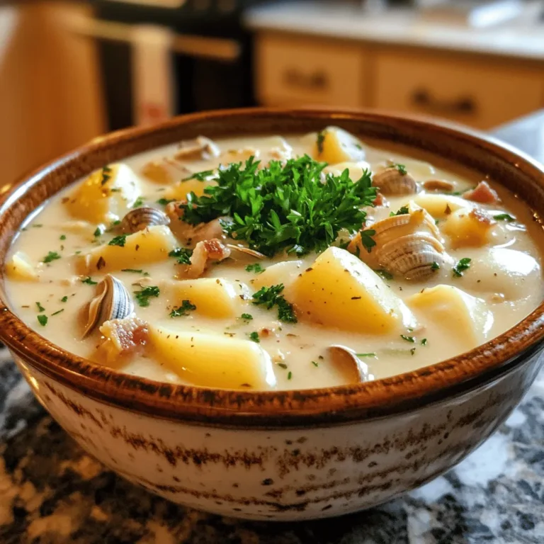 To make a great clam chowder, you need the right ingredients. Here’s what you'll need: - 4 slices thick-cut bacon, chopped (optional for added smokiness) - 1 medium onion, finely chopped - 2 celery stalks, diced - 3 medium potatoes, peeled and cubed - 2 cups fresh clams, shucked (or 1 can of clams in juice) - 2 cups clam juice - 1 cup heavy cream - 1 tablespoon unsalted butter - 1 teaspoon Worcestershire sauce - 1 bay leaf - Salt and freshly ground black pepper, to taste - Fresh parsley, chopped (for garnish) These ingredients create a rich and hearty chowder. The bacon adds a nice touch, but you can skip it for a lighter option. You can make your chowder even better with a few add-ins. Consider these options: - Corn for a sweet crunch - Garlic for extra depth - Thyme or dill for herbal notes - Hot sauce for a spicy kick These add-ins let you customize the chowder to fit your taste. Don’t be afraid to experiment! If you don’t have some ingredients, you can swap them out. Here are a few ideas: - Use turkey bacon instead of pork bacon. - Swap the heavy cream for half-and-half or milk for a lighter chowder. - Use vegetable broth instead of clam juice for a vegetarian version. These substitutions still keep the chowder tasty while allowing flexibility. For the full recipe, check the guidelines provided earlier. Start by cooking the bacon in a large pot. Use medium heat until it gets crispy. This will take around 5 to 7 minutes. If you want a lighter chowder, skip the bacon. Instead, melt butter in the pot. The butter will add a nice flavor too. Once the bacon is crispy or the butter is melted, add the onion and celery. Stir them often for about 5 minutes. You want the onion to look soft and clear. This step builds a strong base for your chowder. Add cubed potatoes, clam juice, and a bay leaf to the pot. Raise the heat to boil this mix. After it boils, lower the heat and cover the pot. Let it simmer for 15 minutes, so the potatoes can get soft. If you use fresh clams, add them in the last 5 minutes. If using canned clams, stir them in during the last 2 minutes. After that, remove the bay leaf and pour in the heavy cream. Add Worcestershire sauce too. Stir gently for 3 to 5 minutes. Finally, adjust the salt and pepper to taste. You can find the full recipe in the earlier section. To get your chowder just right, focus on the potatoes. They add creaminess. Start with starchy potatoes like Yukon Gold or Russet. These will break down nicely and thicken your chowder. Cook them until they are tender but not mushy. If you want an even thicker chowder, mash a few potato cubes before adding the cream. This will give your chowder that perfect, velvety texture we all love. When choosing clams, freshness is key. Look for clams that are closed or close tightly when tapped. This means they are alive and fresh. Avoid clams that are open or have broken shells. Smell is also important. Fresh clams should smell like the sea, not fishy. If using canned clams, check the expiration date. Fresh is always best, but canned can work in a pinch. Seasoning brings your chowder to life. Start with salt and pepper, but don’t stop there. Add a few drops of hot sauce for a kick. A dash of Old Bay seasoning can enhance clam flavors. Fresh herbs like thyme or dill also bring great taste. Worcestershire sauce adds depth, so don’t skip it! Taste as you go to find your perfect balance. Each spoonful should burst with flavor. This chowder recipe is sure to warm your heart. For the complete guide, check the Full Recipe. {{image_4}} New England clam chowder is creamy and rich. It uses milk or cream and potatoes. This style is thick and comforting. You can often find it topped with fresh parsley. Manhattan clam chowder, on the other hand, is tomato-based. It has a lighter and more tangy flavor. This version often includes vegetables like carrots and green peppers. People enjoy both styles, but each has its own unique taste. You can choose your favorite based on your mood or meal. If you want a vegan alternative, try using coconut milk instead of cream. This gives a similar creaminess without dairy. Use vegetable broth instead of clam juice. Fresh vegetables like corn, mushrooms, and carrots can add flavor. You can also add seaweed to mimic the ocean taste. Tofu can replace clams for texture. These swaps keep the chowder tasty while making it meat-free. Everyone can enjoy a bowl of chowder, no matter their diet. Want to spice things up? Add diced jalapeños or red pepper flakes for heat. You can also stir in a bit of hot sauce before serving. For a smoky flavor, try adding smoked paprika. This can give the chowder a deeper flavor profile. Fresh cilantro can also add a fun twist. Experiment with spices to find the right level of heat for you. A spicy chowder can be exciting and full of flavor. Storing leftover clam chowder is easy. First, let it cool to room temperature. Then, transfer it to an airtight container. Make sure to seal it well to keep out air. You can store it in the fridge for up to three days. If you want to keep it longer, consider freezing it. Reheating clam chowder can be tricky. The key is to do it slowly. Pour the chowder into a pot and heat it over low heat. Stir often to avoid sticking. If it looks thick, add a splash of clam juice or cream. This will help bring back the creamy texture. Taste and adjust the seasoning if needed. Freezing clam chowder is a great way to save it. Use freezer-safe containers and leave some space at the top. This allows the chowder to expand as it freezes. Thaw it in the fridge overnight before reheating. Avoid freezing chowder with potatoes, as they can become grainy. Instead, you can add fresh potatoes when you reheat it. For the full recipe, check out the link. You can serve clam chowder with various sides. Here are some great options: - Crusty bread or rolls for dipping - A light salad with fresh greens - Oyster crackers for a nice crunch - Grilled cheese sandwiches for a cozy pairing These sides add warmth and texture. They make the meal more filling and enjoyable. Yes, you can make clam chowder ahead of time. It tastes even better the next day. Here’s how: - Prepare the chowder as directed in the Full Recipe. - Let it cool, then store it in an airtight container. - Refrigerate for up to three days. When ready to eat, reheat on low heat. Stir gently to ensure it warms evenly. Clam chowder has deep roots in American history. It likely started in the 18th century along the East Coast. Early settlers made it with local clams and ingredients. The dish became popular in New England, where each region has its twist. Over time, chowder grew into a beloved comfort food. Today, people enjoy it in many forms across the country. Its rich flavors and cozy warmth keep it a favorite in homes and restaurants. You learned about the key ingredients and steps to make classic clam chowder. Remember to pick fresh clams and season well for the best flavor. You can also try variations like vegan options or spicy versions. When storing, keep your chowder safe and heat it gently to keep the taste. Clam chowder has a rich history and makes a great meal any time. Enjoy making your chowder your own and share it with friends and family!