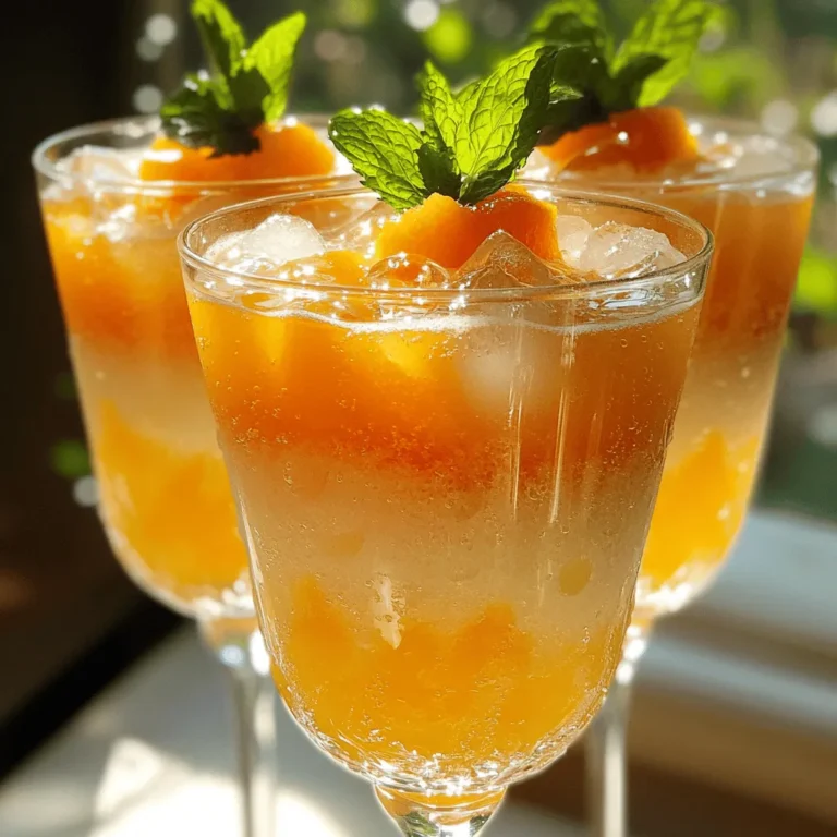 - 3 ripe peaches, pitted and diced - 1 tablespoon honey (or agave syrup for a vegan option) - 1 tablespoon freshly squeezed lemon juice - 2 cups sparkling water or soda - Ice cubes - Fresh mint leaves for garnish Fresh ingredients make this Peach Bellini Mocktail shine. Start with three ripe peaches. They should feel soft but firm. Slice them, remove the pits, and dice them into small pieces. The sweetness of ripe peaches adds a natural flavor. Next, add one tablespoon of honey. If you want a vegan option, use agave syrup instead. This adds a hint of sweetness that blends well with the peaches. Also, squeeze one tablespoon of fresh lemon juice. This brings a nice tang to the drink. For the beverage components, you need two cups of sparkling water or soda. This gives the mocktail its bubbly character. Lastly, gather some ice cubes. They keep your drink cold and refreshing. When it comes to garnishing, fresh mint leaves are a perfect choice. They look great and add a fragrant touch. You can find them in most grocery stores or your garden. Now you're ready to create a refreshing and simple drink. For the complete recipe, check the Full Recipe section! To make a great Peach Bellini mocktail, you first need the peach puree. Start by blending the diced peaches, honey, and lemon juice. Blend until it’s smooth and creamy. You don’t want any chunks in your drink. Once blended, pour the mixture through a fine mesh sieve into a large pitcher. This step makes the puree silky. Use a spatula to press down on the mixture. This helps extract as much puree as possible. Discard any pulp if you prefer a smoother texture. Next, it’s time to assemble your mocktail. Take your serving glasses and fill each one halfway with ice cubes. This keeps the drink cold and refreshing. Pour about a quarter of the peach puree into each glass over the ice. You’ll see the bright color of the puree. Now, carefully top each glass with sparkling water or soda. Pour gently to keep the fizz. If you like, use a spoon or straw to stir lightly. This blends the flavors while keeping the bubbles. Now, let’s add some final touches. Garnish each glass with fresh mint leaves. Place a few sprigs on top of the drink for a pop of color. This adds a lovely aroma too. Serve immediately to enjoy your refreshing and fruity Peachy Paradise Bellini. This drink is perfect for warm days or festive gatherings. For the full recipe, check the main section of this article. Enjoy! To get the best taste in your Peach Bellini mocktail, start with ripe peaches. Look for peaches that are soft to the touch and smell sweet. This ensures your drink will be sweet and fruity. Fresh lemon juice is also key. It adds a bright flavor and balances the sweetness of the peaches. Always squeeze it right before adding it to keep it fresh. Straining the peach puree is vital for a smooth drink. Use a fine mesh sieve to catch any bits of pulp. Pour the mixture slowly and use a spatula to help push it through. This makes sure you get every drop of that delicious peach flavor while keeping the texture silky. If you prefer a bit of pulp, you can skip this step, but a smooth texture feels more refreshing. For this mocktail, choose tall glasses to show off the vibrant colors. Mason jars also work well and add a fun touch. Serve your Peach Bellini at summer parties, picnics, or brunches. It’s perfect for any occasion where you want a light, refreshing drink. Don’t forget to place a sprig of fresh mint on top to add a pop of color and flavor. {{image_4}} You can mix things up by adding other fruits. Raspberries and strawberries work great. They add color and flavor. Simply blend them with the peaches. You can use the same amount of berries as peaches. This twist makes your drink even more fun and tasty! You don’t have to stick with honey. Try agave syrup or maple syrup instead. Both are sweet and delicious. Agave gives a light taste, while maple adds a warm flavor. Adjust the amount based on your sweetness preference. This way, you can make the drink fit your style. If you want a change from sparkling water, try ginger ale or lemon-lime soda. These options add a sweet kick. You can also use tonic water for a slightly bitter taste. Each choice brings a new twist to your Peachy Paradise Bellini. Experiment to find your favorite! To store leftover peach puree, place it in an airtight container. You can refrigerate it for up to three days. If you want to keep it longer, freeze it in ice cube trays. Once frozen, transfer the cubes to a freezer bag. This way, you can use them later for smoothies or other drinks. For the best taste, chill your mocktails before serving. Place the glasses in the fridge for about 30 minutes. You can also fill them with ice just before pouring the drink. This keeps the Peach Bellini Mocktail cold and refreshing. If you have leftovers, store them in the fridge. However, the fizz will fade after a few hours. Fresh peaches will last about five days in the fridge. Lemon juice stays fresh for one week when stored properly. Honey can last for years, but check for any changes in color or smell. Sparkling water is best used within a few days after opening. Always check the expiration dates on your ingredients for the best quality. A Peach Bellini Mocktail is a fun, non-alcoholic drink. It mixes fresh peach puree with sparkling water. This drink keeps the same fruity taste as the classic cocktail but without the alcohol. You can enjoy it at parties or as a refreshing treat on warm days. Yes, you can prep this drink ahead of time! Make the peach puree and store it in the fridge. It will stay fresh for about three days. When you are ready to serve, just mix it with sparkling water and ice. This way, you save time and still enjoy a fresh drink. You can change the flavors easily! Add other fruits like strawberries or raspberries for a twist. You can also adjust the sweetness by using less honey or trying different sweeteners. Experimenting makes this drink even more fun! Check out the full recipe for the Peachy Paradise Bellini. It lists all the ingredients and steps needed to create this refreshing drink. You will make four servings, perfect for sharing with friends or family! This Peach Bellini mocktail is refreshing and easy to make. You blend ripe peaches with honey and lemon, pour it over ice, and top it with sparkling water. You can even add mint for a fresh touch. Experiment by mixing in other fruits or sweeteners. This drink works well for parties or a cool treat at home. Enjoy this delicious, simple drink anytime you want a sweet, fruity refreshment.