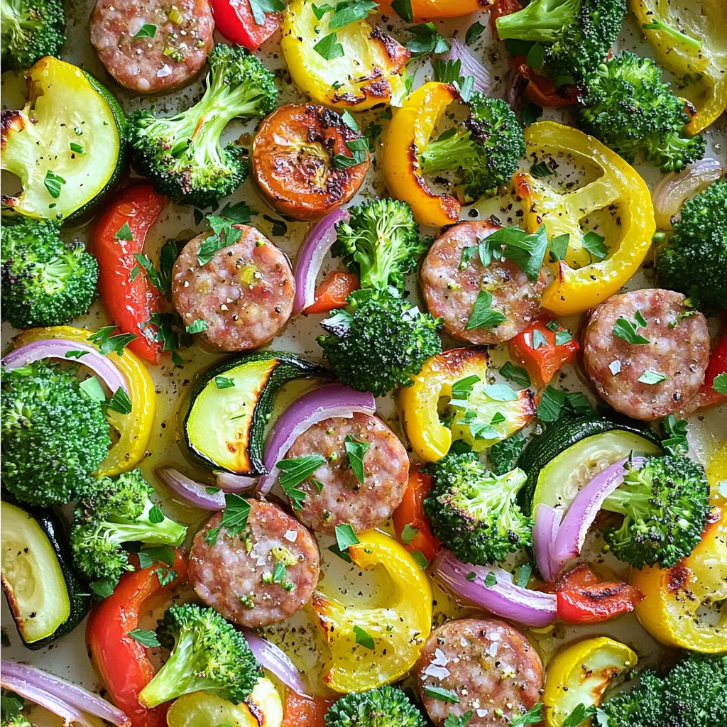 - 1 lb smoked chicken or turkey sausage - 2 cups fresh broccoli florets - 1 red bell pepper - 1 yellow bell pepper - 1 medium zucchini - 1 red onion - 3 tablespoons extra virgin olive oil - 2 teaspoons dried Italian herbs - 1 teaspoon garlic powder - Salt and freshly cracked black pepper - Fresh parsley When I cook Sheet Pan Sausage and Veggies, I love the fresh, vibrant taste of the ingredients. The smoked sausage gives a rich flavor, while the veggies add color and crunch. You can easily adjust the veggies based on what you have. The olive oil and spices bring everything together, making each bite tasty. For this dish, I prefer using smoked chicken or turkey sausage. It adds a nice depth of flavor without being too heavy. Fresh broccoli florets are my go-to for crunch. Red and yellow bell peppers provide sweetness and a pop of color. Zucchini and red onion add great texture and flavor. The seasoning is simple yet powerful. I use extra virgin olive oil, dried Italian herbs, and garlic powder. A sprinkle of salt and black pepper enhances all the flavors. You can also use fresh herbs if you have them on hand. Finally, I always finish the dish with fresh parsley for a touch of brightness. It makes the meal look beautiful and adds a fresh taste. For the full recipe, check out my detailed guide! 1. Preheat your oven to 400°F (200°C). This high heat helps to get the veggies nice and tender. 2. Line a large baking sheet with parchment paper. This step makes cleanup easy and keeps the food from sticking. 3. Chop the sausage into round pieces. 4. Slice the broccoli, bell peppers, zucchini, and red onion into bite-sized pieces. This helps them cook evenly. 1. In a large mixing bowl, combine the sliced sausage and chopped veggies. 2. Drizzle 3 tablespoons of olive oil over the mixture. This adds flavor and helps the veggies roast well. 3. Sprinkle 2 teaspoons of dried Italian herbs, 1 teaspoon of garlic powder, salt, and pepper. 4. Toss everything together until the sausage and veggies are well coated. This ensures every bite is packed with flavor. 1. Spread the mixture evenly across the baking sheet. Make sure it’s in a single layer for even cooking. 2. Roast in the preheated oven for 25-30 minutes. The vegetables should be tender and slightly caramelized. 3. Stir the mixture halfway through cooking. This helps everything cook evenly and adds a nice color. 4. Once cooked, take the pan out and let it cool for a few minutes. 5. Before serving, sprinkle with fresh parsley for a pop of color and freshness. For the full recipe, check the earlier section! - Roast your sausage and veggies at 400°F. This is the best temperature for even cooking. - Spread everything in a single layer on the sheet pan. This helps it cook evenly and brown nicely. - Add a splash of lemon juice or some zest. This brightens the dish and adds a fresh taste. - Try different herbs like rosemary or thyme. Each herb adds its own unique flavor to your meal. - Serve the meal right from the sheet pan. It looks great and saves you from extra dishes. - Add colorful garnishes. A sprinkle of fresh parsley or some cherry tomatoes can make your dish pop! For the complete cooking method, check the Full Recipe. Enjoy your meal! {{image_4}} You can swap the sausage for other meats. Pork or beef sausage works well. They add rich flavor and taste. If you prefer a plant-based option, try vegetarian or vegan sausage. These alternatives keep the meal light and fresh. They provide a tasty way to enjoy this dish without meat. Feel free to mix in other vegetables. Carrots, asparagus, or cauliflower all taste great. You can also use seasonal veggies. For summer, try fresh corn or cherry tomatoes. In fall, add sweet potatoes or Brussels sprouts. This way, you can enjoy different flavors all year round. Changing the spice blend can make a big difference. You could use Cajun or barbecue spices. This adds a kick to the dish. Consider sweet vs. savory options too. A drizzle of honey or maple syrup can give a sweet twist. Experiment with flavors to find your favorite combination! To keep your leftover sheet pan sausage and veggies fresh, follow these steps: - Allow the dish to cool to room temperature. - Store leftovers in an airtight container. - Keep them in the fridge for up to three days. Using glass containers helps maintain taste. They also make reheating easy. When reheating, you can choose between the oven and microwave. - Oven: Preheat to 350°F (175°C). Spread the leftovers on a baking sheet. Heat for about 15 minutes until warm. - Microwave: Place in a microwave-safe dish. Heat for 1-2 minutes. Stir halfway for even warming. To keep the texture, avoid using the microwave for too long. This helps prevent sogginess. If you want to save some for later, freezing is a great option: - Portion the dish into single servings. - Use freezer-safe containers or bags. Remove as much air as possible. - Label with the date and freeze for up to three months. To thaw, place in the fridge overnight. Reheat using the oven or microwave for best results. This keeps the flavors and textures intact. For the full recipe, check the earlier section. Cook your sheet pan sausage and veggies for 25 to 30 minutes at 400°F (200°C). Stir the mix halfway through. This ensures even cooking. The veggies should be tender and the sausage hot. Yes, you can prepare it in advance! Chop the veggies and sausage, then store them in the fridge. You can mix them with olive oil and spices just before cooking. This saves time and keeps it fresh. This dish pairs well with rice, quinoa, or a simple green salad. You can also add crusty bread for dipping. Any side that absorbs juices works great. Feel free to get creative! Yes, this dish is gluten-free! The ingredients, like sausage and veggies, do not contain gluten. Always check labels of pre-made sausages, just to be sure. Absolutely! You can halve the ingredients to make a smaller portion. Just adjust the cooking time if needed. A smaller amount may cook faster, so keep an eye on it! This blog post covered a simple and tasty sheet pan recipe. You learned about the key ingredients, including smoked sausage and fresh veggies. I shared step-by-step instructions to make cooking easy. Useful tips helped enhance flavors, and I provided ideas for variations. In the end, enjoy this dish with your personal touch. It's a crowd-pleaser that’s quick to make and full of flavor. Happy cooking!