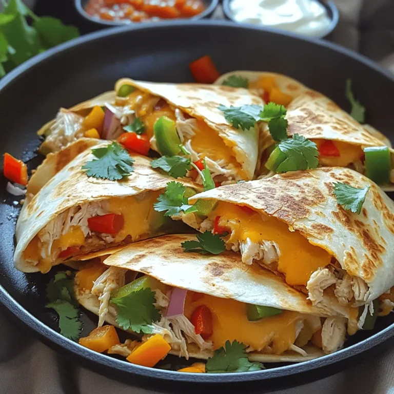To make your Easy Chicken Quesadillas, you will need: - 2 cups cooked chicken, shredded - 1 cup cheddar cheese, shredded - 1 cup Monterey Jack cheese, shredded - 1/2 cup bell pepper, finely chopped (any color) - 1/2 cup red onion, finely chopped - 1 jalapeño, finely chopped (optional, for spicy kick) - 1 teaspoon cumin - 1 teaspoon paprika - 4 large flour tortillas - 2 tablespoons olive oil - Salt and pepper to taste - Fresh cilantro, chopped (for garnish) - Salsa and sour cream (for serving) You can mix it up with different ingredients. Consider using: - Cooked black beans for added protein - Spinach or kale for a health boost - Different cheese, like pepper jack or gouda - Corn for a sweet crunch These swaps keep the dish fun and fresh! Each serving of Easy Chicken Quesadillas is about 350 calories. You get: - Protein: 25g - Fat: 18g - Carbohydrates: 30g - Fiber: 2g This dish is balanced and tasty, perfect for a quick meal. First, gather all your ingredients. You need cooked chicken, cheese, bell pepper, and onion. I love using both cheddar and Monterey Jack for a rich taste. In a large bowl, add the shredded chicken, cheese, and chopped veggies. Toss in cumin, paprika, and a pinch of salt and pepper. Mix well until everything blends nicely. This step is key for flavor. Heat a large skillet over medium heat. Add a tablespoon of olive oil to coat the pan. Place one flour tortilla in the skillet. Spread a generous amount of the chicken and cheese mix over half of the tortilla. Fold the tortilla in half, pressing gently to seal it. Cook for 3-4 minutes until golden brown. Flip it carefully and cook the other side for another 3-4 minutes. Repeat with the rest of the tortillas and filling. If the skillet looks dry, add more olive oil as needed. Once cooked, let the quesadillas cool for a minute. Slice them into wedges for easy serving. I like to garnish with fresh cilantro for color. Serve warm with salsa and sour cream on the side. This adds a nice touch and extra flavor. Enjoy your meal! To make your quesadillas extra tasty, use fresh ingredients. Fresh chicken and cheese bring great flavor. Always preheat your skillet before adding oil. This helps the quesadilla cook evenly. Flip your quesadilla gently to keep the filling inside. Use a spatula for easy flipping. Cook until golden brown for the best texture. One mistake is overfilling the tortilla. Too much filling can make it hard to flip. Another mistake is cooking on high heat. This can burn the outside while the inside remains cold. Don’t forget to let the quesadillas rest for a minute before cutting. This helps the cheese set and makes it easier to slice. You can change the filling to fit your taste. Try adding corn or black beans for more texture. For a spicy kick, use pepper jack cheese instead. You can also mix in some cooked veggies like mushrooms or spinach. The options are endless! For a fun twist, try different sauces like barbecue or pesto. Enjoy experimenting to find your favorite flavor! {{image_4}} You can easily make a tasty vegetarian quesadilla. Just swap out the chicken. Use more veggies like mushrooms, zucchini, or spinach. Add beans for protein and fiber. You can also use extra cheese for a cheesy bite. This version is just as fun and full of flavor. If you love heat, kick up your quesadilla! Add more jalapeños or a spicy sauce. You can mix in hot sauce with the chicken. Another great idea is using pepper jack cheese. It adds flavor and warmth. Don't forget to serve with a spicy salsa for extra zing. Get creative with your quesadillas! Try adding fruits like pineapple or mango for a sweet touch. You can also mix in different spices like taco seasoning or curry powder. For a twist, use smoked cheese for a rich flavor. Each combination can make your meal exciting and new. For the full recipe, check out Cheesy Chicken Fiesta Quesadillas. To keep your leftover quesadillas fresh, let them cool to room temperature. Once cooled, wrap each quesadilla in plastic wrap or aluminum foil. Place them in an airtight container. Store them in the fridge for up to three days. This will keep them tasty and prevent them from drying out. When you're ready to enjoy your leftover quesadillas, you have a few options. You can reheat them in a skillet over medium heat. This method keeps them crispy. Cook for about 2-3 minutes on each side until hot. Alternatively, you can use the microwave. Just place the quesadilla on a microwave-safe plate. Heat it for 30 seconds at a time until warm. If using the microwave, they may not be as crispy. If you want to save quesadillas for later, freezing is a great option. Place the wrapped quesadillas in a freezer-safe bag or container. They can last up to three months in the freezer. To reheat, let them thaw in the fridge overnight. Then, use the skillet method to warm them up. This way, you will enjoy a quick meal anytime. Chicken quesadillas stay fresh in the fridge for about three to four days. To keep them tasty, store them in an airtight container. This helps prevent them from getting soggy. If you want to eat them later, make sure they cool down first. Yes, you can use many types of cheese. Cheddar and Monterey Jack work well, but feel free to try others. Mozzarella, pepper jack, or even feta can add unique flavors. Mixing cheeses creates a fun taste and texture. Just remember to melt them well for the best results. Chicken quesadillas pair great with sides like: - Fresh guacamole - Chips and salsa - A light salad - Mexican rice - Refried beans These side dishes add more flavor and color to your meal. Want to make these tasty quesadillas? Check out the full recipe above! You'll enjoy making and eating them. Easy chicken quesadillas are quick and tasty. We covered key ingredients, cooking steps, and tips. You can customize your quesadillas with add-ins or variations. Store them easily for later meals. Remember, fresh ingredients make a big difference. You can enjoy this dish any day of the week. Keep it fun and explore flavors you love. Enjoy cooking and sharing your creations!