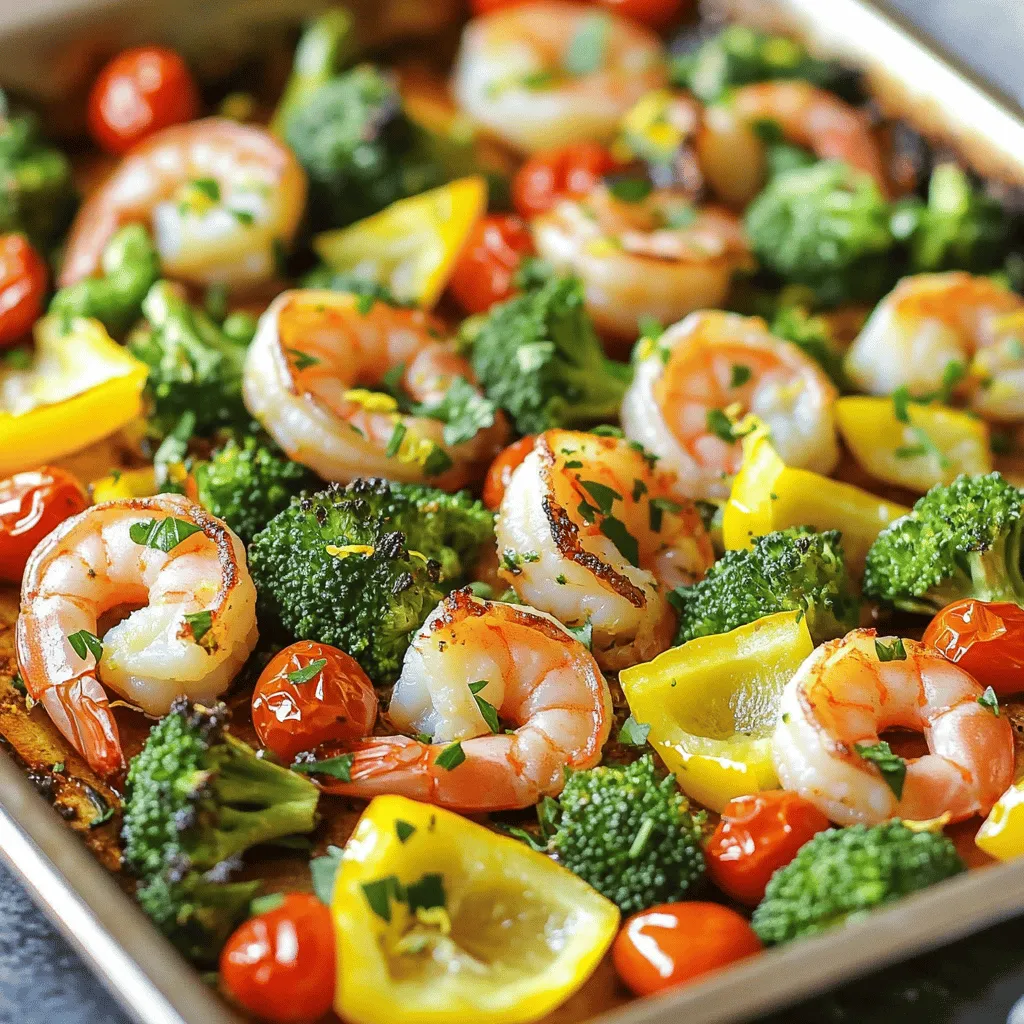 - 1 pound large shrimp, peeled and deveined - 2 cups broccoli florets - 1 cup cherry tomatoes, halved - 1 medium yellow bell pepper, sliced into strips - 3 tablespoons extra virgin olive oil - 4 cloves garlic, finely minced - Zest and juice of 1 large lemon - 1 teaspoon dried oregano - 1 teaspoon dried thyme - Salt and freshly cracked black pepper to taste - Fresh parsley for garnish The main ingredients in this recipe create a bright, fresh dish. The shrimp are the star. Their sweet flavor pairs well with the crunchy broccoli and juicy tomatoes. The yellow bell pepper adds color and sweetness. For the drizzle, I love using olive oil. It adds richness and helps the garlic blend well with the other flavors. The lemon brings a zesty kick. Its zest adds a fragrant aroma, while the juice brightens the dish. Dried oregano and thyme lend an earthy note. They balance the freshness of the lemon and shrimp. Finally, salt and pepper bring out all the flavors. Fresh parsley adds a splash of color and a hint of freshness when you serve. You can find the full recipe here: [Full Recipe]. Enjoy cooking! 1. First, preheat your oven to 400°F (200°C). 2. Line a large baking sheet with parchment paper. This makes cleanup simple. 3. In a big bowl, mix 1 pound of shrimp, 2 cups of broccoli, 1 cup of halved cherry tomatoes, and 1 sliced yellow bell pepper. Toss them gently to combine. 1. In a small bowl, whisk together 3 tablespoons of olive oil, 4 minced garlic cloves, the zest of 1 lemon, and its juice. 2. Then, add 1 teaspoon each of dried oregano and thyme, plus salt and pepper. Mix it well. 1. Pour the lemon herb mix over the shrimp and veggies. Toss everything together to coat well. 2. Spread the mixture evenly on the baking sheet. 3. Place it in the oven and bake for about 12-15 minutes. The shrimp should turn pink, and the veggies should soften. 4. After baking, sprinkle chopped parsley on top for a fresh look and taste. This recipe is quick and makes a colorful dish that bursts with flavor. For the full recipe, check the details above. To know when shrimp are done, look for a bright pink color. They should also be opaque. If you see these signs, they are ready to eat. Cooking time may change with different ovens. Start checking for doneness at around 12 minutes. Your oven may cook faster or slower, so keep an eye on them. Adding more flavors can make this dish even better. You might try a pinch of red pepper flakes for some heat. A dash of smoked paprika adds a nice smoky taste. Fresh herbs are key in this dish. They give a bright and fresh flavor that dried herbs can't match. Always use fresh parsley for a vibrant finish. You can serve the shrimp right from the baking sheet. This gives a fun, casual feel. If you want to impress, transfer them to a nice platter. Drizzle with extra lemon juice for zing. Pair this dish with a light salad or some rice to soak up the juices. These sides complement the shrimp beautifully. For the full recipe, check out the details above. {{image_4}} You can use many vegetables in this dish. Instead of broccoli and bell peppers, try zucchini or asparagus. These options add color and flavor. You can also use seasonal veggies. In summer, fresh corn or green beans work well. In fall, add butternut squash or Brussels sprouts. Mix and match to suit your taste. If you want to change the protein, scallops or chicken are great swaps. Scallops cook fast like shrimp. They need about 8-10 minutes in the oven. Chicken takes longer, around 20-25 minutes. Cut it into small pieces for even cooking. Adjust your bake time based on the protein you choose. This recipe is easy to adapt for different diets. For a gluten-free option, make sure your seasonings are gluten-free. You can also make it dairy-free. Just skip any dairy-based sides. Want a vegan version? Use chickpeas or tofu instead of shrimp. Season them the same way for a delicious meal. Store leftover shrimp and veggies in an airtight container. Keep it in the fridge for up to two days. If you want to save some for later, freezing is a good option. Place shrimp and vegetables in a freezer-safe bag. Remove as much air as you can before sealing. They can last up to three months in the freezer. When reheating, use the oven or stovetop for best results. Preheat your oven to 350°F (175°C) and place the shrimp and veggies on a baking sheet. Heat for about 10 minutes. This keeps everything warm and tasty. You can also use a skillet on low heat. Stir gently to warm the dish without overcooking the shrimp. Avoid the microwave if possible, as it can make shrimp tough. For the full recipe of Sheet Pan Lemon Herb Shrimp, check the earlier section! Shrimp cook quickly. The best time is 12 to 15 minutes at 400°F. They turn pink and opaque when done. Overcooking makes them tough, so watch closely. Each oven is different, so check them a little early. Yes, you can prep this dish in advance. Mix the shrimp and veggies, then store them in the fridge. You can also make the marinade ahead. Just keep the shrimp and marinade separate until you are ready to bake. This keeps the shrimp fresh. This shrimp pairs well with many sides. Here are some great options: - Quinoa salad for a healthy touch - Garlic bread for a filling option - Steamed rice for a classic choice - A fresh garden salad for crunch These sides balance the flavors and make a complete meal. In this post, I shared how to make a delicious sheet pan lemon herb shrimp dish. We covered main ingredients, step-by-step instructions, and tips for perfecting the recipe. I also included variations based on your taste. Cooking should be fun and easy. With quick steps and fresh ingredients, you can create a meal everyone will love. Enjoy experimenting with flavors and make this recipe your own!