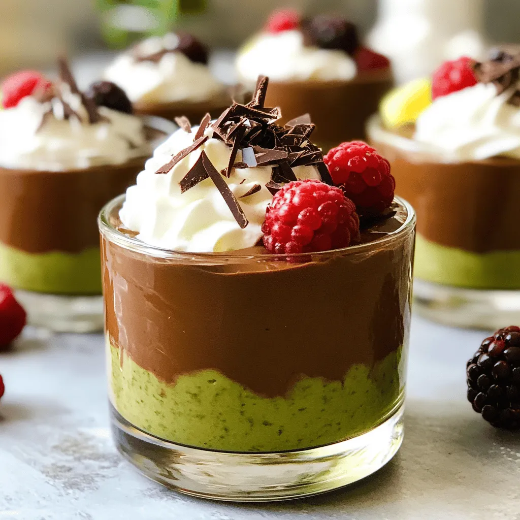 - Ripe avocados - Unsweetened cocoa powder - Sweetener options (maple syrup or honey) - Milk options (almond milk or alternatives) The core of this mousse starts with ripe avocados. They give a creamy texture and healthy fats. Unsweetened cocoa powder adds rich chocolate flavor without extra sugar. For sweetness, you can use maple syrup or honey. Maple syrup gives a nice, deep flavor. If you want a vegan treat, choose maple syrup. Almond milk or any milk you like helps blend everything smoothly. - Pure vanilla extract - Fine sea salt - Optional toppings (whipped coconut cream, dark chocolate, berries, nuts) A dash of pure vanilla extract brings warmth and depth to the mousse. Just a pinch of fine sea salt enhances the chocolate taste. For toppings, the sky's the limit! Whipped coconut cream adds a light touch. Dark chocolate shavings give a rich finish. Fresh berries or chopped nuts add color and crunch. These extra touches take the mousse to a whole new level of deliciousness! If you want to dive deeper into crafting this treat, check out the Full Recipe. Start by slicing the ripe avocados in half. Carefully remove the pit from each half. Use a spoon to scoop the creamy flesh into a food processor. Make sure to get all the green goodness. This adds a rich texture to your mousse. Now, add the unsweetened cocoa powder, maple syrup, almond milk, pure vanilla extract, and a pinch of fine sea salt to the processor. These ingredients will create a delightful chocolate flavor. Blend everything on high speed. You want a velvety smooth texture. This process should take about 1-2 minutes. Pause to scrape down the sides with a spatula. This helps mix everything evenly. After blending, taste the mousse for sweetness. If you want it sweeter, add a bit more maple syrup and blend again. Once it’s perfect, fill small serving dishes with the chocolate avocado mixture. Cover them and chill in the fridge for at least 30 minutes. This helps the flavors blend and firms up the mousse. For serving, add your favorite toppings. You can use whipped coconut cream, dark chocolate shavings, fresh berries, or chopped nuts. These add great flavor and texture. Check out the Full Recipe for more details! To get a smooth and creamy mousse, use a strong blender. A food processor works well, too. Start by blending the avocados first. This helps break them down easily. Then, add the cocoa powder, sweetener, milk, vanilla, and salt. Blend on high speed for 1 to 2 minutes. Stop to scrape down the sides. This ensures every part mixes well. Choose ripe avocados. They give a creamier texture and better flavor. Firm avocados may not blend smoothly. You can make this mousse as sweet as you like. Start with the amount of sweetener in the recipe. Taste it after blending. If you want more sweetness, add a little more maple syrup or honey. Blend again until mixed. Remember, the cocoa may taste strong at first. The sweetness balances the chocolate flavor. For a fun look, serve the mousse in clear cups. This shows off the rich, dark color. You can layer the mousse for added style. Top it with things like whipped coconut cream or fresh berries. Shaved dark chocolate adds a nice touch, too. These toppings not only look great but also add flavor. Be creative with your choices! {{image_4}} You can easily make this mousse vegan. For sweeteners, try using agave syrup or coconut sugar. Both options work well and keep it plant-based. Use almond milk, soy milk, or oat milk as your dairy-free choice. These milks blend smoothly with avocados. To change the chocolate taste, try different cocoa powders. Choose raw cacao for a richer flavor. Dark chocolate can also add depth. If you want a mocha twist, add a teaspoon of espresso powder. It enhances the chocolate and gives a nice kick. Want to boost the health benefits? Add superfoods like chia seeds or protein powder. These add nutrients without changing the taste much. You can also mix in fruits like banana or berries for extra flavor. Nuts add a nice crunch and healthy fats too. For the complete recipe, check out the Full Recipe section. Your chocolate avocado mousse stays fresh in the fridge for up to 3 days. To keep it tasty, cover the mousse tightly with plastic wrap or a lid. This helps prevent it from absorbing any fridge odors. I recommend using small, airtight containers for easy serving. Yes, you can freeze chocolate avocado mousse! It keeps well for up to 2 months in the freezer. To freeze, scoop it into an airtight container. Make sure to leave some space at the top for expansion. When you're ready to enjoy it, thaw the mousse in the fridge overnight. Avoid thawing it in the microwave, as this can change its creamy texture. Yes, chocolate avocado mousse is healthy. Avocados are full of good fats, fiber, and vitamins. They help keep your heart healthy. Cocoa powder is rich in antioxidants. It can boost mood and support brain health. Together, these ingredients create a treat that feels indulgent but is also packed with nutrition. Absolutely! You can make this mousse a day in advance. Just store it in the fridge. Cover it well to keep it fresh. This gives the flavors time to blend. It also helps the mousse set nicely. If you need a substitute for avocado, try silken tofu. It has a smooth texture and will work well. You can also use banana for sweetness and creaminess. Keep in mind that the flavor may change slightly with these swaps. The mousse takes about 30 minutes to chill. This chilling time is key for the best texture. It helps the mousse firm up and become creamy. If you want it extra firm, you can chill it longer. Just remember to cover it! For the full recipe, check out the earlier section. Chocolate avocado mousse is simple, delicious, and healthy. You learned about its main and additional ingredients, preparation steps, and tips for the best results. I shared options for vegan substitutes and variations to try. You can store this treat easily, and I answered common questions. Enjoy experimenting with flavors and toppings. You will impress your friends and family with this rich dessert. Keep it fresh, and savor the goodness.