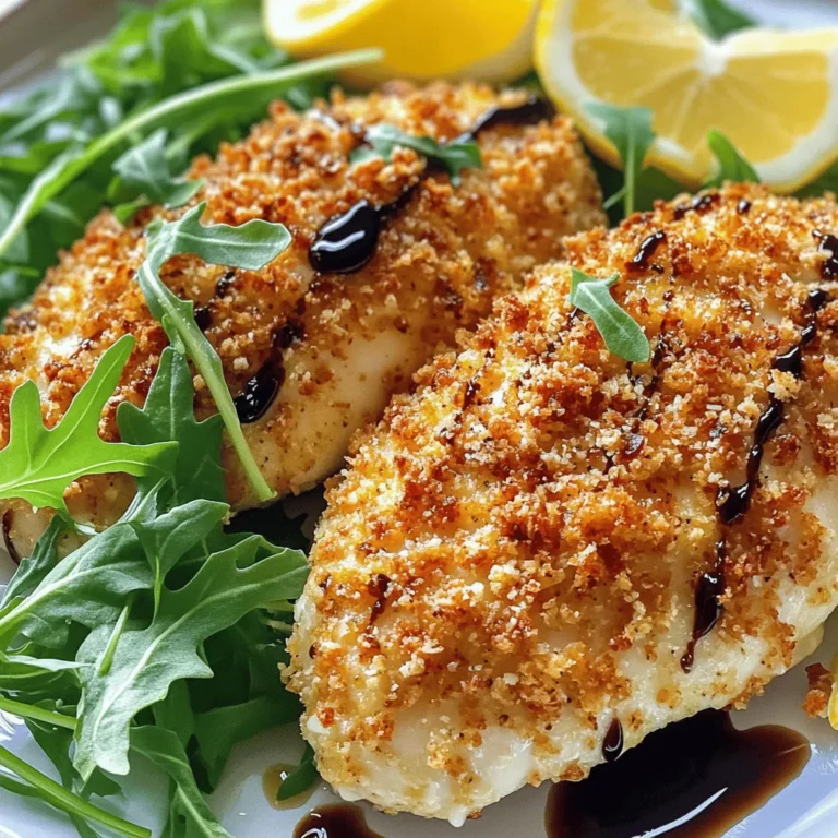To make this dish, you need some key ingredients: - 4 boneless, skinless chicken breasts - 1 cup finely grated Parmesan cheese - 1 cup seasoned breadcrumbs - 1 teaspoon garlic powder - 1 teaspoon onion powder - 1 teaspoon dried Italian herbs (a blend of oregano, basil, and thyme) - 2 large eggs - 1 tablespoon Dijon mustard - Salt and freshly ground pepper to taste - Olive oil for drizzling Each ingredient plays an important role in creating a tasty crust. The Parmesan cheese gives a rich, nutty flavor. The breadcrumbs add crunch, while the herbs and spices bring depth. You can add some optional ingredients to boost the flavor: - Fresh parsley for garnish - Lemon zest for brightness - Red pepper flakes for heat - A sprinkle of smoked paprika for a unique twist These extras can personalize your dish. Try adding lemon zest for a fresh kick or red pepper flakes for a bit of spice. Parmesan crusted chicken pairs well with many sides: - Roasted vegetables for a healthy touch - Mashed potatoes for comfort food - A fresh garden salad for crunch - Pasta tossed in garlic and olive oil for a hearty meal Choosing the right side dish can enhance the meal. A bright salad balances the richness of the chicken, while roasted veggies add color and nutrition. For more details on cooking this dish, check out the Full Recipe. Start by preheating your oven to 400°F (200°C). This step is key for crispy chicken. Take your baking sheet and line it with parchment paper. This will help the chicken not stick. Next, grab the chicken breasts and pat them dry with paper towels. This helps the coating stick better. After drying, season both sides of the chicken with salt and freshly ground pepper. In a shallow bowl, whisk together the eggs and Dijon mustard. You want a smooth mix here. In another bowl, mix the grated Parmesan cheese, seasoned breadcrumbs, garlic powder, onion powder, and dried Italian herbs. Stir it well to blend all the flavors. Now, take each chicken breast and dip it into the egg mixture first. Let the excess drip off. Then, transfer it to the breadcrumb mix. Press down to make sure the coating sticks well. This step is vital for a crunchy crust. Place the coated chicken breasts on the prepared baking sheet. Drizzle a little olive oil over each piece. This adds flavor and helps brown the crust. Bake the chicken in your preheated oven for 25-30 minutes. Check that the chicken reaches an internal temperature of 165°F (75°C). It should be golden brown on the outside. Once baked, take the chicken out and let it rest for about 5 minutes. This helps keep the juices inside. If you need the full recipe, check the earlier section in this article. To get that perfect crispy coating, start with dry chicken. Pat your chicken breasts with paper towels. This helps the coating stick better. Use fresh breadcrumbs for the crunchiest texture. Press the breadcrumb mixture firmly onto the chicken. This ensures a thick layer that crisps up nicely in the oven. Drizzling olive oil on top before baking also helps create a golden brown crust. Seasoning is key to great taste. Use garlic powder and onion powder for a savory touch. Dried Italian herbs add a nice herb flavor. Feel free to adjust the seasoning to your liking. A pinch of red pepper flakes can add a hint of heat. Don't be shy with salt and pepper; they enhance all the other flavors. If you have leftovers, store them in an airtight container. This keeps the chicken fresh and moist. Place a paper towel in the container to absorb excess moisture. When you're ready to eat, reheat the chicken in an oven for best results. This helps keep the coating crispy. You can also enjoy it cold in a salad or sandwich. {{image_4}} You can change the herbs in the recipe to match your taste. Try using fresh herbs like rosemary, parsley, or thyme. You can also mix in some smoked paprika for a slight kick. This gives your chicken a new twist while keeping it delicious. Each herb adds its own flair, so feel free to experiment. If you want to switch up your protein, you have options. You can use turkey cutlets, which work well and cook quickly. Pork chops are another great choice; just adjust the cooking time a bit. For a leaner option, consider using fish like salmon or tilapia. These can also be coated and baked for a tasty change. For a gluten-free version, use crushed rice crackers or gluten-free breadcrumbs. You can also try ground almonds or cornmeal as a coating. These alternatives will give you a nice crunch without the gluten. Just ensure you check that all your other ingredients are gluten-free too. Now, you can enjoy Parmesan crusted chicken in many ways! For the full recipe, don't forget to check the instructions on how to make this dish perfectly. To store leftover Parmesan crusted chicken, let it cool first. Place it in an airtight container. Make sure to separate the pieces with parchment paper to avoid sticking. You can store it in the fridge for up to three days. Keep it away from strong-smelling foods to preserve its flavor. For the best results when reheating, use an oven. Preheat your oven to 350°F (175°C). Place the chicken on a baking sheet. Cover it with foil to keep it moist. Heat for about 10-15 minutes, until warm. Check that it reaches an internal temperature of 165°F (75°C). This method keeps the crust crispy. If you want to freeze Parmesan crusted chicken, wrap each piece in plastic wrap. Then, place them in a freezer bag. Remove as much air as possible to prevent freezer burn. You can freeze it for up to three months. When ready to eat, thaw in the fridge overnight. Reheat in the oven as mentioned above for the best taste. For the full recipe, check the earlier sections for detailed steps on making this delicious dish! You can tell when your Parmesan Crusted Chicken is done by checking its temperature. Use a meat thermometer. It should read 165°F (75°C) in the thickest part. The chicken should also be golden brown and have a crispy crust. If you cut into it, the juices should run clear, not pink. This means your chicken is safe to eat and perfectly cooked. Yes, you can make Parmesan Crusted Chicken ahead of time. Prepare the chicken and coat it with the Parmesan mixture. Cover it and place it in the fridge for a few hours or overnight. When you are ready to cook, just bake it as directed in the Full Recipe. This saves time and makes meal prep easier. Parmesan Crusted Chicken pairs well with many sides. Here are some great options: - Roasted vegetables like carrots, broccoli, or Brussels sprouts. - Mashed potatoes or creamy polenta for a comforting touch. - Fresh salad with mixed greens, tomatoes, and a light vinaigrette. - Pasta with a simple olive oil and garlic sauce. These sides enhance the chicken's flavor and create a balanced meal. Parmesan crusted chicken is a delicious dish you can make easily. We covered key ingredients and how to enhance their flavor. I shared the best techniques for crispiness and baking. Storing leftovers is simple, and variations allow for creativity with herbs or meats. For questions about cooking times or serving ideas, the FAQs provide quick answers. Making this dish can impress friends and family. Enjoy creating this tasty meal complete with your favorite sides!