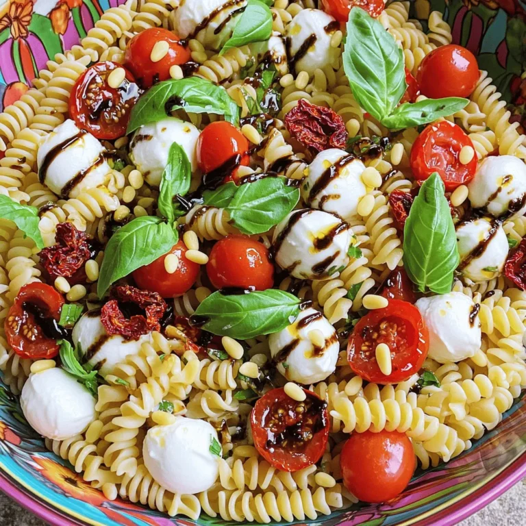 For a great Caprese Pasta Salad, you need some basic items. Here’s what you will need: - 8 ounces of pasta (fusilli or farfalle are excellent choices) - 1 cup cherry tomatoes, halved - 1 cup fresh mozzarella balls (bocconcini), halved - 1/2 cup fresh basil leaves, roughly chopped - 1/4 cup sun-dried tomatoes, diced - 3 tablespoons balsamic glaze - 2 tablespoons extra-virgin olive oil - 1 teaspoon garlic powder - Sea salt and freshly cracked black pepper to taste These ingredients create a fresh and tasty dish that is perfect for any occasion. You can add extra ingredients to make your salad unique. Here are some ideas: - 1/4 cup pine nuts, toasted (for a delightful crunch) - 1/2 cup arugula (for a peppery touch) - 1/4 cup olives (for a briny flavor) - 1/4 cup chopped bell peppers (for extra color and taste) Feel free to mix and match these options. This way, you can create a dish that suits your taste. Understanding the nutrition in your meal is important. Here’s a rough idea of what you get per serving: - Calories: About 300 - Protein: 10 grams - Carbohydrates: 40 grams - Fat: 14 grams - Fiber: 3 grams This salad is a great way to enjoy fresh ingredients while keeping it light. It is perfect for lunch or dinner! You can find the Full Recipe to ensure you have everything you need for this delightful dish. To start, fill a large pot with water and add a good amount of salt. Bring it to a boil. Once boiling, toss in 8 ounces of pasta. I like using fusilli or farfalle for this recipe. Cook the pasta until it is al dente, which usually takes about 8-10 minutes. When done, drain the pasta and rinse it with cold water. This stops the cooking and cools it down. Set the pasta aside for later. In a big bowl, add 1 cup of halved cherry tomatoes and 1 cup of halved mozzarella balls. I love using fresh mozzarella, as it adds a creamy texture. Next, add 1/4 cup of diced sun-dried tomatoes and 1/2 cup of roughly chopped fresh basil leaves. These ingredients give the salad a vibrant look and great taste. Gently mix everything together so the flavors combine well. Now, grab a smaller bowl. Whisk together 3 tablespoons of balsamic glaze, 2 tablespoons of extra-virgin olive oil, and 1 teaspoon of garlic powder. Add a pinch of sea salt and freshly cracked black pepper to taste. Taste the dressing and adjust if needed. It should be tangy and rich, enhancing the salad's flavors. Pour the cooled pasta into the bowl with the veggies and cheese. Drizzle the dressing over everything. Toss it gently to coat all the ingredients well. You want each piece to be covered in the tasty dressing. This step is key to getting all the flavors to shine. If you want some extra crunch, sprinkle 1/4 cup of toasted pine nuts over the salad. They add a lovely nutty flavor and texture. It’s an optional step, but I highly recommend it for that delightful crunch! Let the salad sit at room temperature for about 15 minutes. This time helps the flavors meld nicely. If you prefer a chilled salad, pop it in the fridge for up to 1 hour before serving. This makes the Caprese Pasta Salad even more refreshing. You can serve it in a large bowl, maybe drizzle a bit more balsamic glaze on top, and garnish with fresh basil leaves for a beautiful presentation. Enjoy your Caprese Pasta Salad with a twist! For the full recipe, check back at the beginning. To cook pasta perfectly, start with a large pot of water. Add a pinch of salt to flavor the pasta. Bring the water to a rolling boil. Then, add the pasta and stir to prevent sticking. Follow the cooking time on the package for al dente. When the pasta is ready, drain it but do not rinse. Rinsing washes away flavor and starch. For the best Caprese Pasta Salad, choose ripe cherry tomatoes. Look for tomatoes that are plump and fragrant. Fresh mozzarella should be soft and springy. If you can, buy mozzarella balls packed in water. Always pick bright green basil leaves. They should be fresh and fragrant. Check for any brown spots on the leaves. Sun-dried tomatoes should be firm and not overly dry. This salad serves about 4 to 6 people. For larger gatherings, you can double the recipe. If you plan to serve this as a side dish, consider 1 cup per person. For a main dish, serve about 1.5 cups per person. Adjust the serving sizes based on appetite and the number of other dishes. {{image_4}} You can easily make this dish gluten-free. Just swap the pasta with gluten-free options. Look for brands that use rice or corn. They cook similarly and taste great. You still get all the yummy flavors of the Caprese salad. Toss in the same fresh tomatoes, mozzarella, and basil. The dressing stays the same too, keeping it simple and delicious. Want to add protein? Grilled chicken works wonders. Cook the chicken breasts on a grill or in a pan. Season with salt and pepper for flavor. Once it's cooked, let it cool and chop it into bite-sized pieces. Mix it into the pasta salad with the other ingredients. The chicken adds a savory touch. Plus, it makes the salad a complete meal. For a vegan version, skip the mozzarella. Instead, use vegan cheese or firm tofu. Cut the tofu into small cubes. Marinate it in balsamic vinegar for extra flavor. You can also add avocado for creaminess. This keeps the salad fresh and plant-based. The cherry tomatoes and fresh basil still shine bright in this version. Enjoy all the flavors while sticking to a vegan diet. For the full recipe, check the Caprese Pasta Salad with a Twist section. After you enjoy your Caprese Pasta Salad, store the leftovers in an airtight container. Keep it in the fridge. It stays fresh for about three days. Make sure the lid is tight to prevent air from getting in. This helps keep the flavors intact. Freezing Caprese Pasta Salad is not the best choice. The texture of the fresh ingredients can change. If you must freeze, store just the pasta. Avoid freezing tomatoes and mozzarella. When ready to eat, thaw the pasta in the fridge overnight. If you want to warm up your pasta, do so gently. Use a microwave or a stovetop. Add a splash of olive oil to keep it moist. Stir it well to heat evenly. Enjoy your Caprese Pasta Salad fresh rather than hot for the best taste. Yes, you can use many types of pasta. Fusilli and farfalle are great options. You can also try penne or rotini. Just pick a shape that holds dressing well. This choice adds variety and fun to your dish. If you need a mozzarella substitute, use feta or ricotta. Both add a creamy texture. You can also try vegan cheese if you're dairy-free. These options keep the salad tasty and fresh. Caprese pasta salad lasts about 3 days in the fridge. Keep it in an airtight container. The flavors will blend better over time. However, the texture might change, so enjoy it fresh for the best taste. Yes, Caprese pasta salad is healthy! It offers fresh veggies and healthy fats. The cherry tomatoes add vitamins, while mozzarella adds protein. Use whole grain pasta for more fiber. It’s a balanced meal you can feel good about. For the full recipe, check out Caprese Pasta Salad with a Twist. Caprese pasta salad is a simple yet tasty dish. We covered all the key elements, from required and optional ingredients to helpful tips and variations. You can make it gluten-free or vegan if needed. Storing leftovers is easy, and I provided tips for the best taste. In the end, this salad is not just a meal; it’s a fun way to enjoy fresh ingredients. Enjoy making your own version, and share it with friends and family!