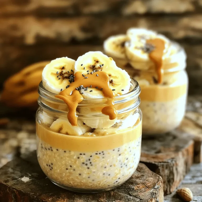 Peanut butter banana overnight oats are simple and quick. You can make them in just ten minutes. They are creamy, tasty, and filling. This recipe serves two and is perfect for busy mornings. - 1 cup rolled oats - 2 cups almond milk (or any milk of your choice) - 2 ripe bananas, mashed - 1/4 cup creamy peanut butter - 2 tablespoons honey or maple syrup (optional) - 1 teaspoon vanilla extract - 1/2 teaspoon ground cinnamon - A pinch of salt These ingredients work well together. The oats soak up the milk and flavors overnight. The bananas and peanut butter add a rich taste. - Sliced bananas - Chopped nuts - Chia seeds - Chocolate chips You can mix and match toppings to fit your taste. Add them right before you eat. They add crunch and extra flavor to your oats. Enjoy your delicious breakfast! First, gather your ingredients. You need rolled oats and almond milk. Measure 1 cup of oats and pour in 2 cups of almond milk. Mix them in a large bowl. Make sure the oats soak up the milk well. This step helps make the oats soft. Next, add ripe bananas. You will need 2 bananas, mashed well. Stir the bananas into the oats and milk. Then, add 1/4 cup of creamy peanut butter. For sweetness, mix in 2 tablespoons of honey or maple syrup if you like. Add 1 teaspoon of vanilla extract and 1/2 teaspoon of ground cinnamon. A pinch of salt helps balance the flavors. Stir everything until it looks smooth and creamy. Now, divide the mixture into two jars. Leave some space at the top. Seal the jars tightly and put them in the fridge. Let them sit overnight or at least 4 hours. This time helps the oats soak in all the tasty flavors. When you are ready to eat, stir the oats again. If they are thick, add a little extra almond milk. Top with sliced bananas, nuts, chia seeds, or even chocolate chips for fun. Enjoy your Peanut Butter Banana Overnight Oats with the full recipe! You can change how sweet your oats taste. Start with two tablespoons of honey or maple syrup. If you like it sweeter, add more syrup. If you want less sweetness, skip it. The ripe bananas add natural sweetness too. Always taste as you mix! For creamy oats, use enough almond milk. Start with two cups, but feel free to adjust. If your oats seem too thick after chilling, add a splash of milk. Stir well to combine everything. This will help you get the perfect creamy texture you want. Serve your peanut butter banana overnight oats in clear glass jars. This shows off the layers of oats and toppings. Add extra banana slices on top for color. You can also sprinkle chopped nuts or chia seeds for crunch. A drizzle of peanut butter makes it look fancy and tasty! Enjoy your creation! {{image_4}} If you want a nut-free version, swap peanut butter for sun butter or soy nut butter. These options give a similar creamy texture. You still get the rich flavor without the nuts. This is great for schools or nut-free zones. Want to spice things up? Add cocoa powder for chocolatey oats. Just two tablespoons will do. You can also try a dash of nutmeg or ginger for warmth. These small changes make a big difference in taste. Feel free to change the fruit! Swap bananas with apples or berries. Chopped apples bring a nice crunch. Berries add a pop of color and flavor. Mix and match for fun and tasty overnight oats. To keep your peanut butter banana overnight oats fresh, store them in airtight jars. This helps seal in flavors and moisture. Always place the jars in the fridge right after making them. It is best to eat them within a few days for the best taste and texture. When stored properly, these oats last up to five days in the fridge. After that, they may lose their flavor and texture. If you notice any off smell or change in color, it's best to toss them out. Remember, freshness is key to enjoying this dish! Overnight oats are usually enjoyed cold. However, if you prefer them warm, you can reheat them. Transfer the oats to a microwave-safe bowl. Heat them for about 30 seconds, then stir. If they are still too cold, heat them for an additional 15 seconds. Be careful not to overheat, as this can dry them out. If needed, add a splash of milk to restore creaminess. Yes, you can use quick oats. Quick oats cook faster and soften more than rolled oats. They can work well in overnight oats. However, you may find the texture a bit different. Your oats will be creamier but less chewy. If you like a softer bite, quick oats are perfect. If you prefer more texture, stick with rolled oats. To make this recipe vegan, simply substitute honey with maple syrup. Use any plant-based milk, such as almond or oat milk. The peanut butter and bananas are already vegan-friendly. This way, you still enjoy a creamy, tasty dish without any animal products. It’s an easy swap that keeps all the flavor! If your oats are too thick, just add a splash of milk. This helps loosen the mixture. Stir well to combine the milk with the oats. You can keep adding milk until you reach your desired creaminess. This is a simple fix to ensure every bite is smooth and delicious. We covered all the key parts of making overnight oats. You learned about the ingredients, step-by-step instructions, and tips to make them tasty. I also shared ways to customize and store your oats. Try out different flavors and toppings. You can enjoy this meal any time of day. With these easy steps, you can create a healthy and fun breakfast that fits your taste. Happy cooking!