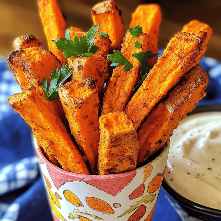 To make crispy baked sweet potato fries, you need simple ingredients. Here is the list: - 2 large sweet potatoes - 2 tablespoons olive oil - 1 teaspoon smoked paprika - 1 teaspoon garlic powder - 1 teaspoon onion powder - ½ teaspoon salt - ½ teaspoon black pepper - ½ teaspoon cayenne pepper (optional) - Fresh parsley for garnish These ingredients work together to create a tasty snack. Sweet potatoes give a sweet, earthy flavor. Olive oil helps them crisp up in the oven. The spices add depth and warmth. You can easily find these ingredients at your local store. For the full recipe, follow the steps to bring this dish to life. - Preheat oven to 425°F (220°C) - Line a baking sheet with parchment paper Start by preheating your oven. This helps cook the fries evenly. While the oven heats, line a baking sheet with parchment paper. This keeps the fries from sticking and makes cleanup easy. - Peel and slice sweet potatoes into fries Next, take your sweet potatoes and peel them. Use a sharp vegetable peeler for this task. After peeling, slice the sweet potatoes into long, thin shapes. Try to keep the fries the same size. This ensures they cook at the same rate. - Mix olive oil and spices for the marinade - Coat the sliced sweet potatoes evenly In a large bowl, mix olive oil with spices. Use smoked paprika, garlic powder, onion powder, salt, black pepper, and cayenne pepper if you like heat. Stir well until everything blends. Add your sliced sweet potatoes to the bowl. Toss them gently to coat each fry with the marinade. This will add great flavor. - Spread fries in a single layer on the baking sheet - Bake for 20 minutes, flip, and bake an additional 10-15 minutes Now, spread the fries on the baking sheet. Make sure they are in a single layer. This spacing is key for crispiness. Place the sheet in the oven and bake for 20 minutes. After that, use a spatula to flip the fries over. Bake them for another 10-15 minutes until golden brown. Keep an eye on them to avoid burning. To make the crispiest sweet potato fries, slice the potatoes evenly. Uniform thickness helps them cook at the same rate. Aim for about 1/4 inch thick pieces. This way, each fry will be golden and crunchy. When you place the fries on the baking sheet, give them space. Avoid overcrowding the pan. If they touch, they will steam instead of crisp up. Use two baking sheets if needed. Adding extra seasonings can boost the taste of your fries. Try adding cumin for a warm flavor or a pinch of cinnamon for sweetness. You can also use ranch seasoning for a tasty twist. If you want a healthier option, swap olive oil for cooking spray. This will cut down on calories without losing flavor. You can also bake the fries without oil for a lighter snack. Get fun with your presentation! Serve the fries in a mason jar or a colorful cone. This makes your snack look special and inviting. Dipping sauces also add a lot to the experience. Honey mustard is a perfect match, giving a sweet and tangy taste. Spicy mayo adds a nice kick. You can even mix ketchup with a bit of hot sauce for a fun dip. For the full recipe, check out the section above and enjoy making these crispy baked sweet potato fries! {{image_4}} You can change up your sweet potato fries by adding different seasonings. For a sweet twist, try cinnamon and sugar. This mix gives a fun, dessert-like flavor. If you like heat, add spicy jalapeño or chili powder. These spices will give your fries a nice kick. Experimenting with seasonings makes each batch unique! You can cook sweet potato fries in different ways to change the flavor. An air fryer is a great choice if you want extra crispy fries. Just follow the same steps as baking but adjust the time to about 15-20 minutes. For a smoky flavor, try grilling them. Grill until they are tender and have nice marks from the grill. If you're concerned about diets, there are easy swaps. Sweet potato fries are naturally gluten-free, so you can enjoy them without worry. For vegan-friendly fries, just use olive oil and the seasonings in the recipe. There’s no need for animal products here. Both variations taste amazing and fit many diets. For more ideas, check out the [Full Recipe]. To keep your leftover sweet potato fries fresh, store them in an airtight container. Place them in the fridge. They will last for about 3 days. When you want to eat them again, reheating is key. To get that crispy texture back, use the oven. Set it to 400°F (200°C). Spread the fries on a baking sheet and heat for about 10 minutes. This method keeps them crunchy and tasty. If you want to freeze uncooked fries, follow these steps. Start by slicing the sweet potatoes as you normally would. Next, spread the fries out on a baking sheet in a single layer. Freeze them for about 1 hour. Once they are frozen, transfer them to a zip-top bag. Remove as much air as you can before sealing. They can stay fresh in the freezer for up to 3 months. When you’re ready to cook the frozen fries, there’s an easy way to reheat them. Preheat the oven to 425°F (220°C). Spread the frozen fries on a baking sheet without thawing them first. Bake for 25 to 30 minutes, flipping halfway through. This method ensures they will come out crisp and delicious. Enjoy your crispy baked sweet potato fries! For the complete recipe, check out the Full Recipe. To make crispy baked sweet potato fries, start with dry sweet potatoes. Cut them into even pieces. This helps them cook evenly. Coat the fries well with olive oil and spices. Spread them out on the baking sheet. Don’t let them touch! Bake at 425°F (220°C) for 20 minutes. Flip them halfway to crisp all sides. This method lets air flow around the fries, which helps them get crispy. Yes, you can use other potatoes like russet or Yukon gold. These types will give you a different taste and texture. Russet potatoes are starchy and can get very crispy. Yukon golds are creamy and have a rich flavor. Just remember to cut them the same size for even cooking. Experimenting with different potatoes can be fun and tasty. Sweet potato fries go great with many sauces. Honey mustard is a popular choice. It pairs well with the sweet flavor of the fries. Spicy mayo adds a nice kick. You can mix mayo with sriracha for heat. BBQ sauce also works well and adds a smoky touch. Try different sauces to find your favorite! You learned how to make tasty sweet potato fries from scratch. We covered key ingredients, step-by-step baking, and tips for crispiness. I shared flavor options and ways to store leftovers. Sweet potatoes offer many cooking choices, like air frying or grilling. For a fun twist, try unique seasonings or fun serving styles. Now, it’s time to enjoy your delicious fries. With these steps and ideas, you can make this dish over and over again. Happy cooking!