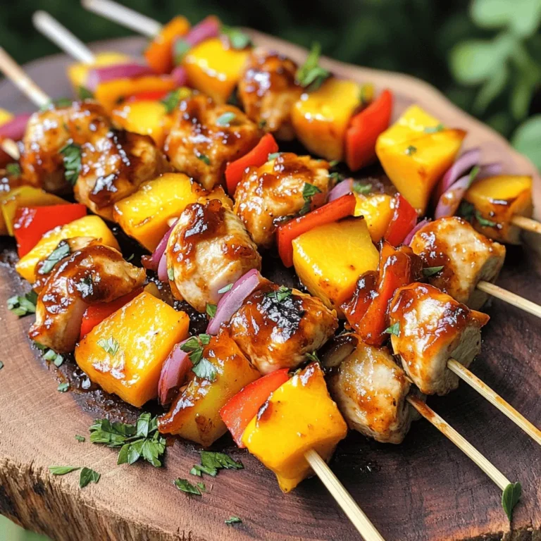 Here are the ingredients you need for the Peach BBQ Chicken Skewers: - 1 lb (450g) boneless, skinless chicken breasts - 2 ripe peaches - 1 red bell pepper - 1 medium red onion - 1/4 cup barbecue sauce - 2 tablespoons honey - 2 tablespoons olive oil - 1 teaspoon smoked paprika - 1/2 teaspoon garlic powder - Salt and pepper - Bamboo skewers Using fresh ingredients makes a big difference. Choose ripe peaches for sweetness and juicy flavor. The red bell pepper adds crunch and color. The red onion gives a mild bite that balances the dish. For the chicken, I prefer boneless and skinless breasts. They cook quickly and absorb flavors well. The barbecue sauce is key too. You can use your favorite brand or make your own. The combination of honey and smoked paprika adds depth to the taste. Don’t forget the bamboo skewers! Soaking them in water prevents burning on the grill. This simple step keeps your skewers intact while cooking. If you want to explore variations, try different vegetables or substitute chicken for shrimp or tofu. Each option brings its own twist to this fun recipe. You can find the Full Recipe to guide you through the cooking process. Enjoy making these delicious and colorful skewers! - In a medium bowl, mix barbecue sauce, honey, olive oil, smoked paprika, garlic powder, salt, and pepper. - Add the cubed chicken to the bowl and stir well to coat every piece. - Cover the bowl with plastic wrap and place it in the fridge for at least 30 minutes. - Cut the peaches into wedges, the bell pepper into cubes, and the onion into wedges. - Make sure all pieces are similar in size for even cooking on the skewers. - Take the soaked bamboo skewers and thread on the marinated chicken and cut vegetables. - Alternate chicken, peach, bell pepper, and onion for a pretty look. - Leave a little space between each piece to help them cook evenly. - Heat your grill to medium-high. - Use a paper towel to brush olive oil on the grates to prevent sticking. - Place the skewers on the hot grill carefully. - Grill for about 10-12 minutes, turning them often for even cooking. - In the last 2 minutes of grilling, brush more barbecue sauce over the skewers. - Once done, take the skewers off the grill and let them rest for a few minutes before serving. For the full recipe, visit the recipe section. When picking a BBQ sauce, you have options. You can buy it or make it. Store-bought sauces save time but may lack freshness. Homemade sauces let you control the flavor. For a sweet sauce, look for honey or peach-based options. For a spicy kick, try sauces with chipotle or cayenne pepper. To keep your skewers from sticking, brush the grill grates with olive oil. This simple step helps a lot. Use tongs to turn the skewers every few minutes. This ensures even cooking on all sides. Always check that the chicken is fully cooked. The juices should run clear, not pink. Make your skewers look great on the plate. You can garnish them with fresh herbs like cilantro or parsley. This adds a pop of color. Serve the skewers on a big platter. Adding small bowls of extra BBQ sauce for dipping also makes a nice touch. It lets everyone enjoy more flavor with each bite. {{image_4}} You can switch up your proteins. Try shrimp or tofu for a fun twist. These options soak up flavors well and add variety. For veggies and fruits, use zucchini or pineapple. Both bring sweetness and color to your skewers. Experiment with colors and tastes to make your dish pop. Don’t feel stuck with just barbecue sauce. Try teriyaki for a sweet and savory mix. A citrus marinade can add brightness and zest. You can make a simple marinade with lime juice, soy sauce, and a touch of honey. Each marinade brings its own flair and can change the whole dish. If you don’t have a grill, you can still enjoy these skewers. Bake them in the oven at 400°F (200°C) for about 20-25 minutes. Use a baking sheet lined with parchment for easy cleanup. For stovetop grilling, use a grill pan. It gives you nice grill marks and crispy edges. Just heat the pan over medium-high heat and cook for about 10-12 minutes, turning often. These methods ensure you can enjoy Peach BBQ Chicken Skewers no matter your cooking setup. To keep your Peach BBQ Chicken Skewers fresh, store them right. First, let them cool after cooking. Then, place them in an airtight container. They will stay good in the fridge for up to three days. If you want to keep them longer, freeze the skewers. Wrap each one in plastic wrap. Place them in a freezer-safe bag. Label the bag with the date. They can last in the freezer for up to three months. When it’s time to eat leftovers, reheat them carefully. You can use an oven or a microwave. For the oven, preheat it to 350°F (175°C). Place the skewers on a baking sheet. Cover them with foil to keep them moist. Heat for about 10-15 minutes. For the microwave, place the skewers on a plate. Cover them with a damp paper towel. Heat in 30-second intervals until warm. This helps keep the flavor and texture of the chicken and peaches intact. To make Peach BBQ Chicken Skewers, follow these basic steps: - Mix barbecue sauce, honey, olive oil, smoked paprika, garlic powder, salt, and pepper. - Coat diced chicken in this mixture and refrigerate for at least 30 minutes. - Prepare peaches, bell pepper, and onion by cutting them into even pieces. - Thread the chicken and veggies onto soaked bamboo skewers, alternating for color. - Preheat your grill to medium-high and brush the grates with olive oil. - Grill the skewers for 10-12 minutes, turning often until cooked through. These simple steps give you tasty skewers! The ideal cook time for chicken skewers is about 10-12 minutes. Checking doneness is key to avoiding undercooked chicken. Turn the skewers regularly for even cooking and a nice char. Yes, you can use frozen chicken for skewers. Make sure to thaw it completely before marinating. Place the chicken in the fridge overnight or use the microwave for a quick thaw. Once thawed, follow the same marinating and cooking steps. You can serve these skewers with various sides. Here are some great ideas: - Grilled corn on the cob - Mixed green salad with a light dressing - Creamy coleslaw for crunch - Rice or quinoa for a filling option These sides complement the sweet and smoky flavors well. To check if the chicken is fully cooked, use a meat thermometer. Insert it into the thickest part of the chicken. It should read 165°F (75°C) to ensure safety. If you don’t have a thermometer, cut into a piece; clear juices mean it’s done. Always check to avoid any food safety issues. For the full recipe, refer to the instructions above. In this blog post, I covered how to make delicious Peach BBQ Chicken Skewers. We discussed the ingredients, marinating the chicken, and preparing the fruits and veggies. I shared tips for grilling and glazing, plus ideas for storage and reheating. Don’t forget that you can swap in other proteins or marinades to suit your taste. Enjoy your backyard grilling with these skewers. They are fun and tasty, perfect for any cookout!
