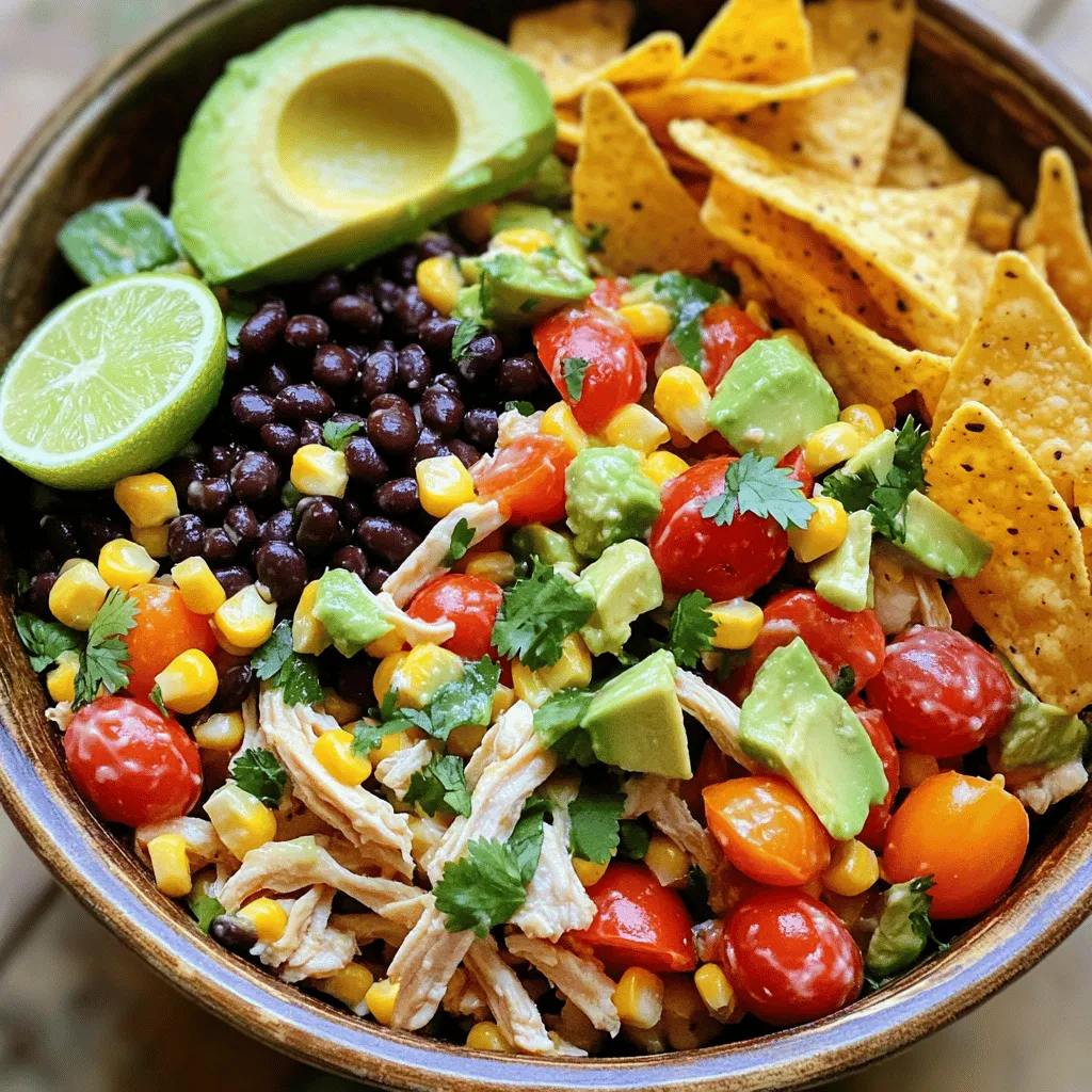 - 2 cups cooked chicken breast, shredded - 1 can (15 oz) black beans, rinsed and drained - 1 cup corn kernels (can be fresh, frozen, or canned) - 1 red bell pepper, diced into bite-sized pieces - 1 ripe avocado, diced - ½ red onion, finely chopped - 1 cup cherry tomatoes, halved - ½ cup fresh cilantro, chopped, plus extra for garnish - Juice of 2 limes (about ¼ cup) - 4 tablespoons extra virgin olive oil - 1 tablespoon honey (optional, for a touch of sweetness) - 1 teaspoon ground cumin - 1 teaspoon chili powder - Salt and freshly ground black pepper to taste The main ingredients bring a hearty base to the salad. I love using shredded chicken, black beans, and corn. They add protein and texture. The fresh vegetables and herbs give the salad a vibrant look. The red bell pepper and avocado add crunch and creaminess. Cherry tomatoes bring sweetness, while cilantro adds a fresh kick. The dressing is key to tying everything together. I like using lime juice and olive oil for a zesty flavor. Honey is optional but adds a nice touch of sweetness. Cumin and chili powder give it that Southwest flair. Seasoning with salt and pepper makes it pop. You can easily find the full recipe in my article for step-by-step guidance and tips. Enjoy making this colorful and tasty salad! Mixing the Salad Ingredients Start by taking a large mixing bowl. Add the shredded chicken, black beans, corn, diced red bell pepper, diced avocado, chopped red onion, halved cherry tomatoes, and chopped cilantro. Use a spatula to gently mix everything. You want to make sure all the ingredients are well combined. Preparing the Dressing In a separate small bowl, whisk together the lime juice, extra virgin olive oil, and honey if you like it sweet. Add the ground cumin, chili powder, salt, and pepper. Whisk well until the dressing is smooth and fully blended. This dressing adds a zesty kick to the salad. Tossing Ingredients Together Now it’s time to combine! Drizzle the dressing over the salad mixture in your large bowl. Carefully toss all the ingredients together. You want everything to be coated with that delicious dressing. This step really brings out the flavors. Allowing Flavors to Meld Let the salad sit for at least 10 minutes. This waiting time helps the flavors blend. You’ll notice a big difference in taste after resting. The salad becomes even more vibrant and tasty. Plating the Salad When ready to serve, spoon the Southwest Chicken Salad into individual bowls. Make sure each bowl has a nice mix of all the ingredients. This salad looks colorful and inviting. Garnishing and Adding Crunch For a final touch, add more chopped cilantro on top. This adds freshness. If you want crunch, serve with tortilla chips on the side. They make the salad even more fun to eat. Enjoy your meal! Marinade Suggestions for Chicken To boost the chicken’s flavor, use a simple marinade. Combine lime juice, olive oil, cumin, and chili powder. Let the chicken soak for at least 30 minutes before cooking. This step adds depth to the taste and makes the chicken juicy. Adjusting Spice Levels If you prefer mild flavors, cut down on the chili powder. You can add more lime juice for a tart kick without heat. If you like heat, add diced jalapeños or cayenne pepper to the dressing. Always taste and adjust until it’s just right for you. Choosing the Right Avocado Pick ripe avocados that yield slightly to gentle pressure. They should not feel mushy. A good avocado adds creaminess. If it’s too hard, it won’t blend well in the salad. Best Practices for Mixing When mixing the salad, be gentle. Overmixing can mash the avocado and make it mushy. Use a large bowl to toss the ingredients lightly. This keeps each piece intact and makes the salad look great. Creative Serving Ideas Serve the salad in colorful bowls for a vibrant look. You can also layer the salad ingredients in a clear glass. This makes it visually appealing and fun to eat. Using Colorful Dishes Choose dishes that contrast with the salad. A bright blue or yellow plate can enhance the colors of the salad. This small touch makes your meal more inviting and appetizing. For the full recipe, check out the Southwest Zesty Chicken Salad 🥗. {{image_4}} You can switch up the protein in your Southwest Chicken Salad. If you want a leaner option, consider using turkey instead of chicken. Turkey works well, and it still gives you a great taste. If you prefer a plant-based choice, try tofu. Just press it to remove excess water, then cube it. You can also add shrimp or steak for a different flavor. Shrimp cooks quickly and adds a nice touch. Steak can give a hearty feel. Just make sure to season it well to fit the salad's bold flavors. Boost the nutrition and taste by adding more veggies. You can try diced cucumbers for some crunch or shredded carrots for sweetness. Radishes add a nice kick, too! Don’t forget about leafy greens like spinach or kale for extra nutrients. Incorporating grains can make your salad more filling. Quinoa or brown rice can add texture and flavor. Just cook them ahead of time and mix them in with the salad. The dressing can change the whole salad vibe. You can use a creamy dressing if you want something rich. Ranch or blue cheese can work well. If you prefer a homemade touch, mix yogurt with herbs and lime juice for a fresh twist. Store-bought dressings are quick and easy but check the labels for healthier options. Remember to adjust the dressing based on your taste. For the full recipe, check out the Southwest Zesty Chicken Salad. To keep leftover Southwest Chicken Salad fresh, store it in an airtight container. Refrigerate it right after serving. This helps the salad stay crisp. Avoid adding avocado or dressing before storage. They can cause the salad to brown. Instead, add them when you're ready to eat. You can freeze some ingredients but not the whole salad. Cooked chicken and black beans freeze well. Place them in freezer bags, removing as much air as you can. They can last up to three months in the freezer. Thaw them overnight in the fridge before using. For best results, use them in soups or casseroles. In the fridge, the salad lasts about three days. Check for signs of spoilage. If the salad smells off or the ingredients look slimy, it’s time to toss it out. Freshness is key for taste and safety. Southwest Chicken Salad is a colorful and tasty dish. It combines cooked chicken, black beans, corn, and fresh veggies. This salad has roots in the American Southwest, where bold flavors shine. People love it for its crunch and zest. Yes, you can make this salad ahead of time. To prep, chop the veggies and cook the chicken. Keep the dressing separate until you serve it. This way, the salad stays fresh and crisp. Store it in the fridge for up to two days. This salad is packed with nutrients. The chicken provides protein, while beans add fiber. Avocado gives healthy fats, and veggies offer vitamins. Eating this salad can support a balanced diet. It’s a tasty choice for lunch or dinner. You can easily change the spice level. For a milder taste, skip the chili powder. Add some diced bell pepper for sweetness. If you want it spicy, add more chili powder or fresh jalapeños. Taste as you go to find your perfect heat. For the full recipe, check the Southwest Zesty Chicken Salad recipe to enjoy this delicious meal. In this blog post, we covered how to make a delicious Southwest Chicken Salad. We explored key ingredients like shredded chicken, veggies, and a zesty dressing. I shared steps for preparation, mixing, and serving. Plus, I included tips to enhance flavor and presentation. Lastly, we discussed storage tips and variations to customize your salad. With these insights, you can easily create this tasty dish at home. Enjoy your cooking adventure!
