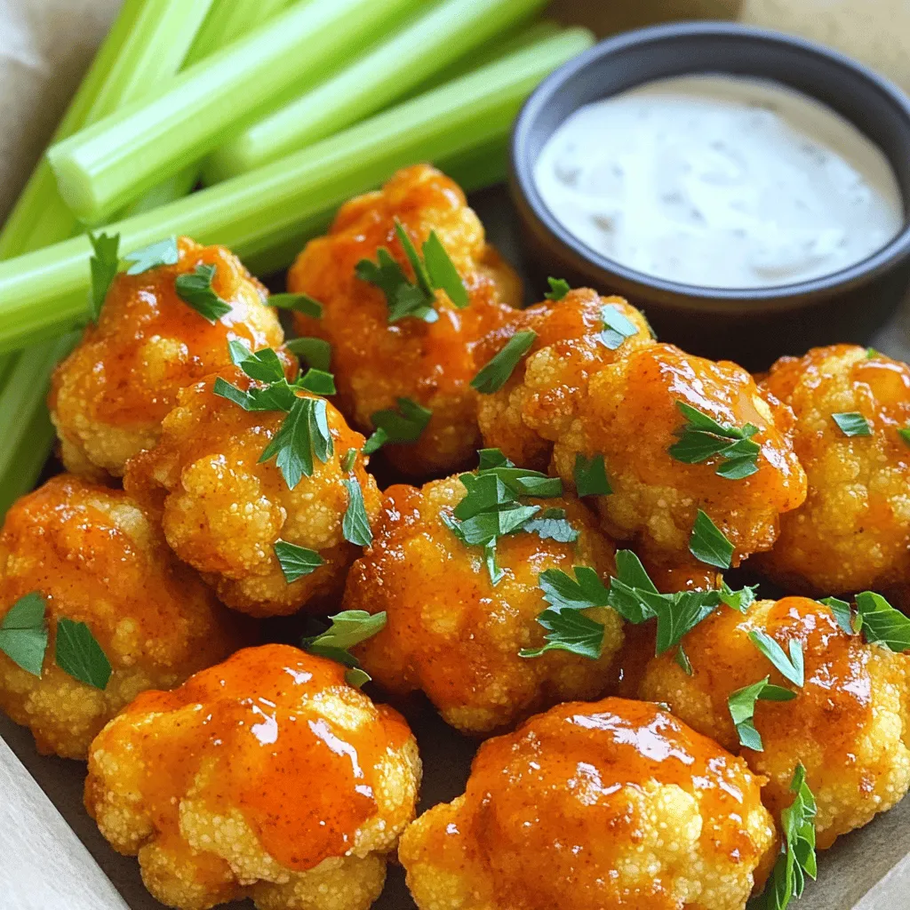 To make these tasty bites, you need some fresh and simple ingredients. Here’s what you will need: - 1 large head of cauliflower, cut into bite-sized florets - 1 cup all-purpose flour - 1 cup water - 1 teaspoon garlic powder - 1 teaspoon smoked paprika - 1 teaspoon onion powder - 1/2 teaspoon cayenne pepper (adjust this to fit your spice level) - 1/4 teaspoon salt - 1 cup buffalo sauce (store-bought or homemade for more flavor) - 2 tablespoons olive oil - Fresh parsley, finely chopped (for garnish) These ingredients create a crunchy and flavorful snack that you can enjoy anytime. The spices you choose make a big difference. Garlic powder adds a nice depth of flavor. Smoked paprika gives a warm touch, while onion powder brings out the taste of cauliflower. Cayenne pepper gives a kick. Adjust it based on how spicy you want your bites. The salt enhances all these flavors, making each bite better. Buffalo cauliflower bites are best served warm. I love to pair them with crunchy celery sticks and creamy ranch dressing. The cool ranch balances the heat from the buffalo sauce perfectly. You can also serve them with blue cheese dressing if you prefer. Enjoy experimenting with dips and sides to find your favorite combos. For the full recipe, check out the instructions provided earlier. First, wash the head of cauliflower. Cut it into bite-sized florets. Make sure the pieces are even in size for cooking. This helps them cook at the same rate. Once cut, set them aside. You are ready for the next step. In a bowl, mix 1 cup of all-purpose flour with 1 cup of water. Add 1 teaspoon of garlic powder, 1 teaspoon of smoked paprika, and 1 teaspoon of onion powder. Then, add 1/2 teaspoon of cayenne pepper and 1/4 teaspoon of salt. Whisk until smooth. The batter should not have lumps. This will coat the cauliflower well. Preheat your oven to 450°F (230°C) and line a baking sheet with parchment paper. Dip each cauliflower floret into the batter. Make sure to coat it fully and let the extra batter drip off. Place the florets in a single layer on the baking sheet. Bake for 20-25 minutes. Remember to turn them halfway through. This will make them golden and crispy. While baking, mix 1 cup of buffalo sauce with 2 tablespoons of olive oil in a bowl. Stir to blend. After baking, take the florets out and toss them in the buffalo sauce mixture. Coat them well for great flavor. Return them to the oven for another 10-15 minutes. Keep an eye on them as they crisp up. When they look perfect, take them out and let them cool. Garnish with fresh parsley for color. Serve warm with celery sticks and ranch dressing. Enjoy these flavorful and healthy bites! For the full recipe, check the earlier section. To get that crunchy texture, start by using a dry cauliflower. After washing, pat it with a towel. This helps the batter stick well. When you dip the florets, make sure they are fully coated. The batter should not be too thick. Thin batter helps create a crispier bite. Remember to bake at a high temperature, like 450°F. This ensures they cook fast and turn golden. Flip the florets halfway through baking to keep them even. For extra crunch, you can broil them for the last few minutes. Just watch them closely to prevent burning. Making your own buffalo sauce is simple and fun. You’ll need hot sauce and butter. Start by melting the butter in a pot over low heat. Once melted, slowly stir in your choice of hot sauce. For added flavor, mix in garlic powder and a pinch of salt. Adjust the heat by adding more or less hot sauce. This gives you control over the spice level. Let the sauce simmer for a few minutes to blend the flavors. Homemade sauce tastes fresher and can be tweaked to your liking. For a milder option, try mixing it with ranch dressing. To make buffalo cauliflower bites, a few tools can make the process easier. Here’s what I recommend: - Large baking sheet: A good size helps with even cooking. - Parchment paper: This prevents sticking and makes cleanup fast. - Mixing bowls: Have a couple on hand for batter and sauce. - Whisk: A whisk helps mix the batter smoothly. - Tongs: These make it easy to coat and flip the florets. Using the right tools saves time and helps ensure success. Enjoy making and sharing these tasty bites! For the complete recipe, check out the Full Recipe above. {{image_4}} You can easily make Buffalo cauliflower bites vegan and gluten-free. Instead of all-purpose flour, try using chickpea flour. It gives a nice texture and flavor. For a gluten-free option, use a gluten-free flour blend. Make sure to check the buffalo sauce label too. Some brands add gluten. Buffalo sauce is great, but you can switch it up! Try BBQ sauce for a sweet twist. Teriyaki sauce gives a nice Asian flair. You can also mix sauces for a unique taste. Adding different spices can change the game. Try garlic powder, cayenne, or even some lemon zest. Buffalo flavor goes well with many veggies. Try carrots, zucchini, or broccoli. These veggies add crunch and flavor. You can roast them alongside the cauliflower for a full meal. Another option is to make a veggie platter with celery sticks. They are perfect for dipping! For more details, check out the Full Recipe. To keep your buffalo cauliflower bites fresh, store them in an airtight container. Let them cool completely before sealing the container. This prevents moisture buildup. You can keep them in the fridge for up to three days. If you want them to last longer, consider freezing. Crispy bites are the best! To reheat, use the oven or an air fryer. Preheat your oven to 350°F (175°C). Spread the bites on a baking sheet and heat for about 10-15 minutes. This method keeps them crispy. If using an air fryer, set it to 350°F (175°C) and cook for about 5-7 minutes. Freezing buffalo cauliflower bites is simple. After baking and cooling, arrange them in a single layer on a baking sheet. Freeze them for about an hour until firm. Then, transfer them to a freezer bag or container. They can stay frozen for up to three months. When ready to enjoy, bake them straight from the freezer. Just adjust the cooking time to ensure they heat through. You should cook Buffalo Cauliflower Bites for about 30 to 40 minutes. Bake them at 450°F (230°C). The first bake takes 20 to 25 minutes. After applying the buffalo sauce, bake for an extra 10 to 15 minutes. This ensures they become crispy and golden brown. Yes, you can use frozen cauliflower. However, I recommend thawing and draining it first. Frozen cauliflower may have more water, which can make the bites soggy. Pat it dry with a towel before you coat it in the batter. This will help maintain that desired crispiness. Buffalo Cauliflower Bites pair well with many dipping sauces. Here are some great options: - Ranch dressing - Blue cheese dressing - Vegan mayo - Honey mustard These sauces add a nice contrast to the heat of the buffalo sauce. To adjust spice levels, simply change the amount of cayenne pepper. If you want less heat, use less than 1/2 teaspoon. For more spice, add more cayenne or a splash of hot sauce to the batter. You can also choose a milder buffalo sauce if you prefer. Cauliflower is a superfood packed with nutrients. It is low in calories and high in fiber. Here are some benefits: - Rich in vitamins C and K - Contains antioxidants - Supports heart health - Aids in digestion These benefits make cauliflower a great choice for healthy snacks like Buffalo Cauliflower Bites. For the full recipe, check the earlier section. We covered how to make tasty Buffalo Cauliflower Bites. You learned about the best ingredients, step-by-step instructions, and helpful tips for perfect results. Remember, you can add your own flavors or store leftovers easily. Enjoy these bites with a dip and some crunch from celery sticks. Experiment and find your favorite way to serve them. These bites can be a fun and healthy treat for any gathering!