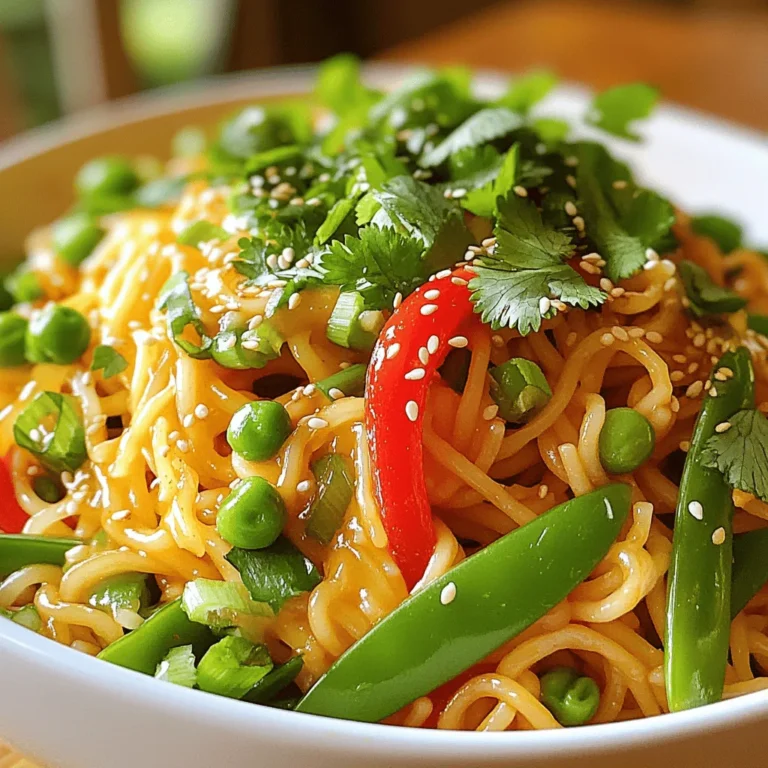 To make the Spicy Sriracha Noodles, gather these ingredients: - 8 oz rice noodles - 2 tablespoons Sriracha sauce - 1 tablespoon soy sauce - 1 tablespoon sesame oil - 1 red bell pepper, thinly sliced - 1 cup snap peas, trimmed - 3 green onions, finely chopped - 2 cloves garlic, minced - 1 tablespoon fresh ginger, grated - ½ cup fresh cilantro, roughly chopped - Juice of 1 lime - Salt to taste - Sesame seeds for garnish This recipe serves about 2 to 3 people. Each serving contains: - Calories: Approximately 350 - Protein: 10g - Carbohydrates: 55g - Fats: 12g - Fiber: 5g These noodles are a great choice for a quick, flavorful meal. They balance carbs and protein while being low in calories. You can customize this recipe easily. Here are some swaps: - Rice noodles: Use whole grain or egg noodles if you prefer. - Sriracha sauce: Try chili paste or hot sauce for a different heat. - Soy sauce: Use tamari for a gluten-free option. - Sesame oil: Olive oil or coconut oil can work too. - Red bell pepper: Any bell pepper or even carrots will add crunch. - Snap peas: You can swap these for green beans or broccoli. These substitutions keep your dish exciting while still delivering great flavor. For the full recipe, check out the complete guide. Start by boiling water in a large pot. Add the rice noodles and cook them for about 4-6 minutes, or until they are soft but still firm. Drain the noodles and rinse them with cold water. This stops the cooking process and keeps them from getting sticky. Set them aside to cool. Grab a large skillet or wok and pour in the sesame oil. Heat it on medium until it shimmers. Add minced garlic and grated ginger, stirring for about 30 seconds. The smell should make your mouth water! This step adds a tasty base to your noodles. Now, toss in the sliced red bell pepper and snap peas. Stir-fry these veggies for about 3-4 minutes. They should be bright and slightly tender. In a small bowl, mix Sriracha, soy sauce, and lime juice. Pour this sauce over the veggies, stirring well. Then, gently fold in the cooked noodles, making sure everything is coated evenly. Season with salt to taste. Stir-fry for another 1-2 minutes. Finally, add chopped green onions and cilantro for a fresh kick. Serve your spicy Sriracha noodles hot, garnished with sesame seeds from the recipe provided! To get the best texture for your noodles, cook them until they are al dente. This means they should be firm to the bite. Follow the package instructions closely. After cooking, drain and rinse them with cold water. This stops the cooking process and keeps them from getting too soft. Want to adjust the spice? You can! Add more Sriracha for a hotter dish. If you prefer it milder, use less Sriracha or mix in a little soy sauce. You can also add sugar to balance the heat. Taste as you go to find your perfect level of spice. Garnishing makes your dish pop! Use fresh cilantro and green onions for color. A sprinkle of sesame seeds adds a nice crunch too. You can also add lime wedges on the side. This gives a fresh touch and looks great on the plate. Serve your noodles hot to enjoy all the flavors! {{image_4}} You can add proteins to your spicy Sriracha noodles for extra flavor and nutrition. Tofu is a great choice for a vegetarian option. Cut firm tofu into small cubes, then sauté it until golden. Add it to the noodles at the end for a satisfying bite. If you like chicken, use thinly sliced breast. Cook it in the skillet before the veggies. Shrimp is another tasty option. Toss it in after the veggies cook. Shrimp only takes a few minutes to cook. This way, you get a quick and hearty meal. Feel free to swap in different vegetables for variety. Zucchini adds a nice crunch. Slice it into thin rounds and add it to the skillet with the bell pepper. Broccoli is another great option. Cut it into small florets and steam it slightly before adding to your dish. This keeps it bright and tender. You can mix and match any veggies you have. Spinach, carrots, or bell peppers work well too. The more colors, the better your dish looks and tastes. Making this dish vegetarian or vegan is easy. Just use vegetable broth instead of chicken broth. You can also swap out the honey or sugar for maple syrup. Many store-bought Sriracha sauces are vegan, but check the label. You want to keep the flavors bold and spicy while ensuring it fits your diet. Try adding more herbs or spices, like basil or cilantro, for extra depth. The main goal is to keep it fresh and flavorful. This dish can fit any diet with simple swaps. For the full recipe, check above. After enjoying your spicy Sriracha noodles, store any leftovers in an airtight container. Make sure to let them cool first. This helps keep the noodles fresh and tasty. Refrigerate them right away. They will stay good for up to three days. If you want to enjoy them later, it’s best to eat them within this time frame. When you’re ready to eat your leftovers, there are a few ways to reheat them. You can use a microwave or a skillet. For the microwave, place the noodles in a bowl. Add a splash of water to keep them moist. Heat them for about 1-2 minutes, stirring halfway through. If you choose the skillet, warm it over medium heat. Add a little oil and toss the noodles until they are hot. This method helps keep the texture nice. You can freeze these noodles if you want to save them for later. First, let them cool completely. Then pack them in a freezer-safe container or bag. Make sure to remove as much air as possible. The noodles can last up to two months in the freezer. When you’re ready to eat, thaw them in the fridge overnight. Reheat as mentioned above. This way, you can enjoy your spicy Sriracha noodles even after some time. For the full recipe, check out the previous section. You can easily make Spicy Sriracha Noodles vegetarian. Just skip any meat or seafood. Use vegetables like bell peppers, snap peas, and carrots. You can also add tofu for extra protein. Tofu soaks up the sauce well and adds a nice texture. Make sure to use soy sauce that is vegetarian to keep it meat-free. These noodles pair well with many sides. You could serve a light salad, like a cucumber salad, for a refreshing crunch. Spring rolls or dumplings also make great sides. You can also try some grilled veggies for a hearty touch. If you want something warm, a bowl of miso soup works wonderfully too. Yes, you can use different types of noodles. Rice noodles are great, but you can try egg noodles or udon noodles too. Each type will bring its own flavor and texture. Just cook them according to the package instructions. For the best results, pick a noodle that absorbs the sauce well. Check the [Full Recipe] for cooking tips. In this blog post, we explored key steps to make delicious spicy Sriracha noodles. We discussed ingredients, including nutritional info and possible swaps. You learned how to cook the noodles and sauté the aromatics for great flavor. Tips helped you achieve the perfect texture and customize spice levels. You can even add proteins or veggies for extra variety. Now, you can enjoy a tasty meal that fits your taste and needs. Happy cooking!
