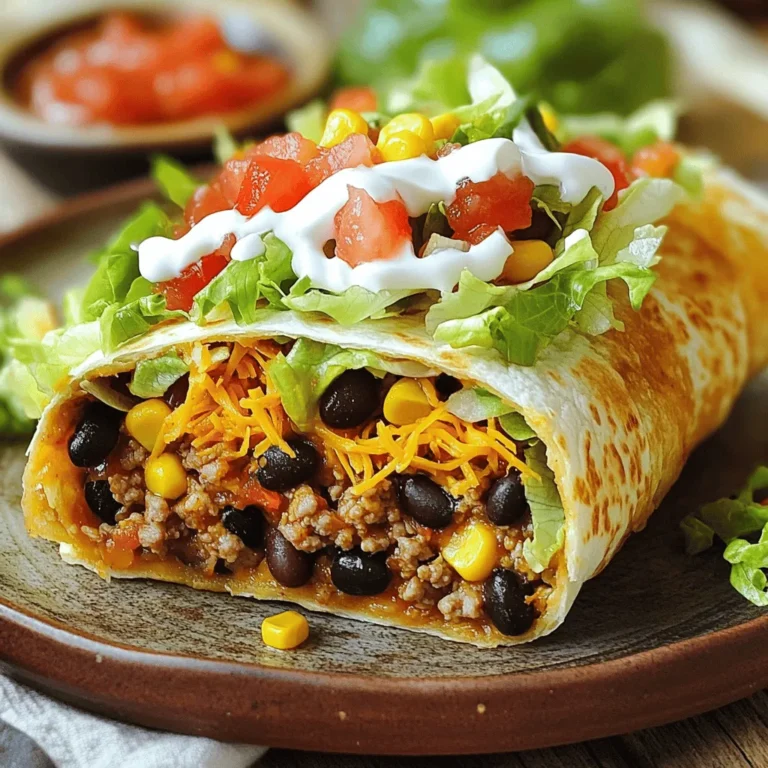 To make the Homemade Crunchwrap Supreme, gather these items: - 1 lb ground turkey or beef - 1 packet of taco seasoning - 1 cup black beans, drained and rinsed - 1 cup corn kernels (fresh or frozen) - 1 cup shredded cheddar cheese - 1 cup lettuce, finely shredded - 1 large tomato, diced - ½ cup sour cream - 4 large flour tortillas - 4 small tostada shells - 1 tablespoon olive oil - Salsa for serving Each Crunchwrap has around 500 calories. It includes protein from the meat and beans. The cheese adds calcium but also fat. Fresh veggies bring fiber and vitamins. If you want to cut calories, use less cheese or sour cream. This recipe feeds four, perfect for a family meal or a fun gathering. You can swap ground turkey for chicken or even tofu for a veggie option. Use black beans or pinto beans based on your taste. For cheese, try pepper jack for some heat. If you need a gluten-free option, use corn tortillas instead of flour. You can also replace sour cream with Greek yogurt for a healthier twist. Enjoy making it your own! Making a Homemade Crunchwrap Supreme is fun and easy. You start by cooking the meat. Then, you mix it with beans, corn, and cheese. Next, you assemble the wrap with layers of toppings. Finally, you cook the wrap until it’s crispy and golden. 1. Brown the Meat: Heat 1 tablespoon of olive oil in a skillet. Add 1 lb of ground turkey or beef. Cook it for 5-7 minutes until it’s browned. 2. Season the Meat: Drain any extra grease. Add 1 packet of taco seasoning. If needed, splash in some water. Cook for another 2-3 minutes. 3. Combine Ingredients: In a bowl, mix the seasoned meat with 1 cup of black beans, 1 cup of corn, and half of 1 cup of shredded cheese. Stir well. 4. Prepare the Tortilla: Lay out 1 large flour tortilla on a flat surface. 5. Assemble the Crunchwrap: Spoon the meat and bean mix into the center. Leave about 2 inches of space from the edges. 6. Add Tostada and Toppings: Place 1 small tostada shell on top of the mixture. Spread ½ cup of sour cream over the tostada. Add 1 cup of shredded lettuce, 1 diced tomato, and the rest of the cheese. 7. Fold the Crunchwrap: Fold the edges of the tortilla over the filling. Make pleats around the edge until it’s all enclosed. 8. Cook the Crunchwrap: Heat a non-stick skillet on medium heat. Place the crunchwrap seam-side down. Cook for 2-3 minutes until golden, then flip it and cook for another 2-3 minutes. 9. Serve: Cut each crunchwrap in half. Serve warm with salsa on the side. While I can't show pictures, I recommend you take photos of each step. It can help you track your progress. You can also find great visual aids in the [Full Recipe]. They can guide you through the cooking process with ease! To get that perfect crunchwrap texture, you want a good balance. Start with a large flour tortilla. This gives you room to fold. Use a small tostada shell inside. This will add a nice crunch. When you cook it, make sure your skillet is hot. A hot skillet helps create a nice, crispy outside. Flip it gently to avoid spills. Let it brown evenly on both sides for the best result. Flavorful meat is key to a great crunchwrap. I like to use ground turkey or beef. Sauté it in olive oil until browned. After that, add taco seasoning. This is where the magic happens. Follow the packet instructions for best results. If the meat seems dry, add a splash of water. This helps the seasonings stick and blend. Mix in black beans and corn for added taste and texture. Making ahead can save you time. You can prepare the meat mixture a day before. Just store it in an airtight container. When you are ready, assemble your crunchwraps. This way, you can enjoy a fresh meal with less work. You can also freeze the assembled crunchwraps. Just make sure to wrap them well. When you are ready to eat, heat them up in the skillet. This keeps them nice and crispy. For more details, check the Full Recipe. {{image_4}} You can easily make a tasty veggie crunchwrap. Just replace the meat with veggies. Use a mix of black beans, corn, and diced peppers. You can add mushrooms for a nice texture. To keep it creamy, use extra sour cream or a plant-based option. This way, you get all the flavor without meat! Want to spice things up? Add some jalapeños to the filling. You can use fresh slices or pickled ones. If you like heat, toss in some hot sauce or pepper flakes. A dash of chipotle seasoning in the meat gives a smoky kick. This adds a new level of flavor! Don’t stick to just one topping. Try different sauces like guacamole or zesty salsa. You can also add sliced olives or diced onions for crunch. Consider using different cheeses, like pepper jack, for extra flavor. Mix and match to create your perfect crunchwrap. For the full recipe, check out the Ultimate Crunchwrap Supreme. To keep your leftover Crunchwrap Supreme fresh, wrap it tightly in plastic wrap or foil. Place it in an airtight container. This way, it stays safe from air and moisture. Store it in the fridge for up to three days. To enjoy it later, make sure you don’t leave it out too long. Reheating your Crunchwrap is easy. Start by taking it out of the fridge. Place it in a skillet over medium heat. Cover it with a lid. Heat for about 3-4 minutes on each side. This method keeps it crispy. You can also use the microwave if you're in a hurry. Just place it on a microwave-safe plate. Heat it for about 1-2 minutes until warm. If you want to save your Crunchwrap for later, freezing is a great option. Wrap each Crunchwrap in plastic wrap, then in foil. This helps protect it from freezer burn. You can freeze them for up to three months. When you’re ready to eat, let it thaw in the fridge overnight. Then, reheat it as described above. Enjoy your homemade Crunchwrap Supreme whenever you crave it! For the full recipe, check out the Ultimate Crunchwrap Supreme . To make your Crunchwrap Supreme gluten-free, use gluten-free tortillas. You can find them at most grocery stores. Make sure the taco seasoning is also gluten-free. Check the label to be sure. All other ingredients in this recipe are naturally gluten-free. The best way to reheat a crunchwrap is to use a skillet. Heat it over medium heat for about 2-3 minutes on each side. This keeps the crunchwrap crispy. You can also use an oven at 350°F. Bake it for about 10 minutes. This method warms it through without making it soggy. Yes, you can customize your crunchwrap for any diet. For a vegetarian option, skip the meat and add more beans or veggies. You can also switch the cheese for a dairy-free kind. If you like spice, add jalapeños or hot sauce. This recipe is flexible and allows for many tasty changes. Try different flavors to find what you love most. For the full recipe, refer to the Ultimate Crunchwrap Supreme. In this post, I covered how to make a Crunchwrap Supreme from start to finish. We discussed key ingredients, cooking steps, and storage tips. I shared tricks for the perfect texture and flavorful meat. You have options for vegetarian and spicy versions, plus ways to adjust for your taste. With these insights, you can now make this fun and tasty meal. Enjoy your Crunchwrap adventure!