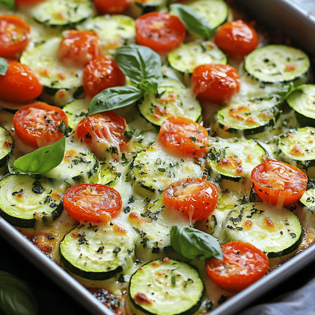 - 4 medium zucchinis, sliced into ½-inch rounds - 1 cup cherry tomatoes, halved - 1 cup freshly grated Parmesan cheese - 1 cup shredded mozzarella cheese - 2 cloves garlic, finely minced - 1 teaspoon dried oregano - 1 teaspoon dried basil - 1 teaspoon red pepper flakes (optional) - 2 tablespoons extra virgin olive oil - Sea salt and freshly ground black pepper, to taste - Fresh basil leaves, for garnish Gathering the right ingredients is key to making One Pan Zucchini Parmesan shine. You need fresh zucchinis for the best taste. Look for firm, shiny ones. Cherry tomatoes bring a nice sweetness. Use a mix of cheeses to create a rich flavor. Freshly grated Parmesan adds a sharp note, while mozzarella gives a creamy texture. Garlic enhances the dish's overall aroma. Herbs like oregano and basil add depth. If you enjoy heat, a pinch of red pepper flakes gives a nice kick. Olive oil helps everything cook evenly and adds flavor. Don’t forget to season with salt and pepper. These small touches make a big difference. - Large baking sheet or pan - Mixing bowl - Oven For this recipe, you will need a large baking sheet or pan. It helps to spread the veggies for even cooking. A mixing bowl is important for combining the ingredients well. Preheating your oven ensures your dish gets that perfect golden finish. One Pan Zucchini Parmesan is not only simple but also packed with flavor. With just a few fresh ingredients, you can create a meal that impresses. If you want to see the entire process, don't miss the Full Recipe. - Preheat your oven to 400°F (200°C). - In a large bowl, combine the zucchinis, cherry tomatoes, olive oil, garlic, oregano, basil, red pepper flakes, salt, and pepper. Mix well. This step helps the flavors blend. - Spread the vegetable mixture in an even layer on a baking sheet. Make sure everything lies flat. - Sprinkle half of the Parmesan cheese over the veggies. This adds a rich taste. - Bake for 20 minutes. The zucchini will soften and the tomatoes will burst. - Carefully take the pan out and add the mozzarella and remaining Parmesan. Spread it evenly. - Return the pan to the oven for another 10-15 minutes. Bake until the cheese is melted and golden. - Let the dish rest for a few minutes before serving. This helps the cheese set. - Garnish with fresh basil leaves. This adds color and freshness to your meal. Enjoy this One Pan Zucchini Parmesan as a delightful treat. For the full recipe, check the full recipe section. - How to cut zucchini for even cooking Cut the zucchini into ½-inch rounds. This size helps them cook evenly. If the pieces are too thick, they may remain firm. If they are too thin, they could become mushy. - Importance of using fresh ingredients Fresh ingredients make a big difference. Fresh zucchini and ripe tomatoes add the best flavor. They also enhance the dish's texture. Always choose high-quality cheese, as it melts better and adds richness. - Serving directly from the pan vs. a decorative dish You can serve this dish straight from the pan. This option looks rustic and inviting. Alternatively, placing it in a decorative dish adds a fancy touch for guests. - Using olive oil and parsley for garnish A drizzle of olive oil before serving adds shine and flavor. Fresh parsley sprinkled on top gives a vibrant contrast. It brightens the dish and makes it more appealing. {{image_4}} You can switch cheeses for great flavor. Cheddar adds a sharp taste, while feta gives a salty kick. Both work well with zucchini. Want more protein? Add cooked chicken or shrimp. This makes the dish heartier and more filling. You can also use diced tofu for a vegetarian option. To boost flavor, try adding more spices. A pinch of paprika gives warmth. Fresh herbs like thyme or rosemary can add depth. You can also mix in other vegetables. Bell peppers, mushrooms, or spinach add color and nutrients. Just be sure to slice them thin for even cooking. For the full recipe, click [here](#). To store leftovers, let the dish cool first. Use an airtight container to keep it fresh. Place the container in the fridge. It will stay good for about 3 to 4 days. When you're ready to eat, just reheat it in the oven or microwave. Heating it in the oven helps keep the cheese nice and melty. If you want to enjoy One Pan Zucchini Parmesan later, freezing is a great option. Allow the dish to cool completely before freezing. Use a freezer-safe container or bag. It can last up to 2 months in the freezer. When you're ready to eat, thaw it overnight in the fridge. Reheat it in the oven at 350°F (175°C) until hot and bubbly. This way, you get a delicious meal even after some time! For the full recipe, check out the earlier section. Can I make this dish ahead of time? Yes, you can make One Pan Zucchini Parmesan ahead. Simply prepare the dish, but don’t bake it. Cover it and store it in the fridge for up to 24 hours. When you’re ready to eat, bake it as directed. This keeps the flavors fresh and ensures a warm meal. How do I make this recipe healthier? To make this dish healthier, you can: - Use less cheese or choose lower-fat versions. - Add more veggies like bell peppers or spinach. - Use whole-grain breadcrumbs for a crunch. These changes keep the taste while reducing calories. What do I serve with One Pan Zucchini Parmesan? This dish pairs well with: - A simple green salad for freshness. - Crusty bread to soak up the juices. - Grilled chicken or fish for protein. These sides balance the meal and add variety. What to do if the cheese isn't melting properly? If the cheese doesn’t melt, check the oven temperature. It should be at 400°F. You can also place the pan under the broiler for a few minutes. Just watch closely to avoid burning. How to avoid watery zucchini? To prevent watery zucchini, try these tips: - Salt the zucchini slices and let them sit for 15 minutes. This draws out moisture. - Pat them dry with a paper towel before cooking. By reducing moisture, you get a better texture in your dish. This recipe for One Pan Zucchini Parmesan is easy and tasty. You learned about the fresh ingredients needed, the simple steps to prepare and bake, and some helpful tips. Remember to experiment with different cheeses and flavors for variety. Proper storage can keep your dish fresh longer, too. I hope you enjoy making and sharing this dish with others! Get creative and make it your own.