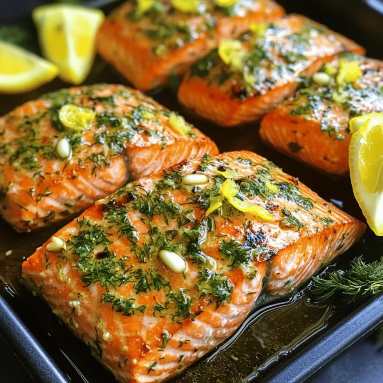 To create a delicious Lemon Herb Grilled Salmon, you need fresh and simple ingredients. Here’s what you will gather: - 4 salmon fillets (approximately 6 ounces each) - 1/4 cup extra virgin olive oil - Zest from 1 large lemon - Juice of 2 fresh lemons - 3 cloves garlic, finely minced - 2 tablespoons fresh parsley, finely chopped - 2 tablespoons fresh dill, finely chopped - 1 tablespoon fresh thyme, finely chopped - Salt and freshly ground black pepper to taste - Lemon wedges, for garnishing These ingredients work together to bring out the bright and zesty flavor of the salmon. The fresh herbs add depth, while the lemon provides a refreshing kick. When you combine these elements, you create a dish that looks and tastes amazing. If you want to explore the complete process, check out the Full Recipe. To start, grab a medium bowl. Mix together: - 1/4 cup extra virgin olive oil - Zest from 1 large lemon - Juice from 2 fresh lemons - 3 cloves garlic, finely minced - 2 tablespoons fresh parsley, chopped - 2 tablespoons fresh dill, chopped - 1 tablespoon fresh thyme, chopped - Salt and pepper to taste Whisk all these ingredients together until they blend well. This mix will be your flavorful marinade. Now, take your salmon fillets. Place them in a resealable bag or shallow dish. Pour the marinade over the salmon. Make sure each piece is well coated. Seal the bag or cover the dish. Let it chill in the fridge for 30 minutes up to 2 hours. The longer it sits, the stronger the flavor will be. Preheat your grill to medium-high heat. If using a grill pan, set it to medium heat. Lightly coat the surface with olive oil to stop the fish from sticking. After marinating, remove the salmon from the bag. Let any extra marinade drip off. Discard the leftover marinade. Place the salmon skin-side down on the hot grill. Cook for about 5-6 minutes without touching it. Then, flip the salmon gently with a spatula. Grill for another 4-5 minutes. The fish should be opaque and flake easily with a fork. Once it’s done, let the salmon rest for a few minutes. This helps improve the flavor and texture. Serve the grilled salmon with fresh lemon wedges. Add a pop of citrus to enhance your dish. Enjoy your meal! For the complete recipe, check the [Full Recipe]. To grill salmon just right, aim for medium-high heat. This usually means around 375°F to 400°F. The salmon needs about 5-6 minutes on the first side. Flip it gently and grill for another 4-5 minutes. To check for doneness, use a fork. The fish should easily flake apart and look opaque. If it’s still shiny, it needs more time. For more flavors, try adding a pinch of smoked paprika or a dash of cayenne pepper. These spices can add a nice kick. Pair the salmon with sides like roasted veggies, quinoa, or a fresh salad. These dishes complement the salmon well and balance its rich taste. When plating the salmon, add a bright touch with fresh herbs. A sprinkle of parsley or dill makes it pop. Serve with lemon wedges for an extra zing. For drinks, a crisp white wine, like Sauvignon Blanc, pairs well. It enhances the meal and makes it feel special. For a non-alcoholic option, try sparkling water with lemon. It refreshes the palate and adds a lovely touch to your dinner. For the full recipe, check out the detailed steps above. {{image_4}} You can switch up the marinade to keep things fresh. Try using lime or orange juice instead of lemon. These fruits add a different twist to your salmon. You can also add spices like cayenne pepper for some heat. A touch of heat makes the dish more exciting. Grilling is great, but you have other choices too. Baking or broiling the salmon works well and keeps it moist. If it’s raining or too cold outside, use a stovetop grill pan. Just make sure it’s hot before adding the salmon for even cooking. You can make this dish fit your diet needs. For a gluten-free version, check that your spices are gluten-free. You can also skip dairy by using olive oil instead of butter. If you want to lower calories, use less oil in the marinade. These small changes keep the meal healthy while still tasting great. Try these variations to make lemon herb grilled salmon fit your taste and lifestyle. For the full recipe, check out the earlier sections! To keep your grilled salmon fresh, store it in the fridge. Place the salmon in an airtight container. This helps keep it from drying out. It should last for up to three days in the fridge. If you want to save it longer, freezing is a good option. Wrap the salmon tightly in plastic wrap, then put it in a freezer bag. You can freeze it for up to three months. Label the bag with the date so you know when to use it. When you reheat grilled salmon, you want to keep it moist. The best way is to use the oven. Preheat the oven to 275°F (135°C). Place the salmon on a baking sheet, cover it with foil, and heat for about 15 minutes. This method helps avoid drying out the fish. You can also use a microwave, but be careful. Heat it in short bursts of 30 seconds on low power. Check often to keep the flavor and texture. A splash of lemon juice can help refresh the taste. Grilling time depends on the thickness of the salmon. For fillets about 1 inch thick, grill for 5-6 minutes on one side. Flip and grill for another 4-5 minutes. Thicker fillets may need more time, so check for doneness. When the salmon is opaque and flakes easily, it's ready to eat. Yes, you can use frozen salmon. To cook it, thaw the salmon first. Place it in the fridge overnight or submerge it in cold water for about an hour. Once thawed, pat it dry and marinate as in the Full Recipe. This will help keep it moist while grilling. Lemon herb grilled salmon pairs well with fresh salads and veggies. Try serving it with: - Mixed green salad with a light vinaigrette - Steamed asparagus or green beans - Roasted potatoes seasoned with herbs - Quinoa or rice pilaf for a hearty side These dishes complement the fresh flavors of the salmon and make a complete meal. Grilling lemon herb salmon is simple and rewarding. You start with fresh salmon and a tasty marinade of olive oil, lemon, garlic, and herbs. Marinate for a short time to boost flavor. Grill it right and serve with sides for a complete meal. Experiment with different flavors and cooking methods to find your favorite. Always store leftovers properly to enjoy them later. With these tips, you’ll impress everyone at the table. Now, get ready to grill and enjoy this delicious dish!