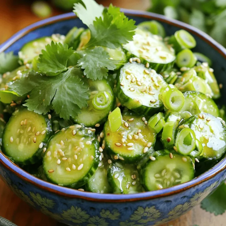 - 2 large cucumbers - 1 teaspoon salt - 2 tablespoons rice vinegar - 1 tablespoon sesame oil - 1 tablespoon soy sauce (or tamari for gluten-free option) - 1 tablespoon sugar - 1 garlic clove, finely minced - 1 teaspoon chili oil (or to taste) - 2 green onions, thinly chopped - 1 tablespoon toasted sesame seeds - Fresh cilantro leaves for garnish - Various herbs (mint, dill) - Additional spices (red pepper flakes, black pepper) - Other vegetables (radishes, bell peppers) Smashed cucumber salad shines with its simple and fresh ingredients. Start with two large cucumbers. Choose firm ones for the best crunch. The salt helps to draw out moisture, making the cucumbers crispier. Use a teaspoon of salt for even coverage. Next, the dressing adds flavor. Combine two tablespoons of rice vinegar, one tablespoon of sesame oil, and one tablespoon of soy sauce. For a gluten-free version, choose tamari. The sugar balances the sour notes. A minced garlic clove gives a nice kick. For some heat, add one teaspoon of chili oil. You can adjust this to match your taste. Lastly, green onions and toasted sesame seeds add depth and texture. Fresh cilantro leaves serve as a bright garnish. Feel free to explore optional add-ins! Fresh herbs like mint or dill can enhance the flavor. You can also add spices like red pepper flakes for a bit more heat. Other veggies like radishes or bell peppers add a fun crunch. For the full recipe, check out the detailed steps to create this delightful dish! - First, wash the cucumbers under cold water. - Trim off both ends of each cucumber. - Now, place each cucumber on a cutting board. - Use the flat side of a knife or a roller. - Gently smash the cucumbers until they crack. - Cut the smashed cucumbers into bite-sized pieces. - Place the pieces in a large mixing bowl. - Sprinkle one teaspoon of salt over the cucumbers. - Toss them gently to coat every piece. - Let them sit for 10 minutes to drain water. - In a small bowl, mix rice vinegar and sesame oil. - Add soy sauce, sugar, minced garlic, and chili oil. - Whisk the mixture until the sugar is dissolved. - Drain any excess water from the cucumbers. - Pour the dressing over the cucumbers. - Toss them well to coat with the dressing. - Add chopped green onions and sesame seeds. - Let the salad sit for 5 minutes to marinate. - Just before serving, garnish with fresh cilantro. You can find the full recipe for this delicious dish above. - How to properly smash cucumbers To smash cucumbers, wash them well. Trim both ends. Place the cucumber on a board. Use the flat side of a knife or a rolling pin. Press down gently but firmly. You want them to crack and break into large chunks. This method allows flavor to soak in while keeping their shape. - Ensuring even salting for optimal flavor After cutting the smashed cucumbers, sprinkle salt evenly. Toss the pieces gently to coat all sides. Let them sit for about 10 minutes. This step helps draw out extra water and enhances flavor. The result is a crisp and tasty salad. - Recommended serving vessels Serve this salad in a bright, wide bowl. A clear glass bowl makes the colors pop. The vibrant greens and warm sesame seeds look great together. A shallow dish allows guests to see the fresh ingredients easily. - Pairing options with main dishes This salad works well with grilled meats, rice, or fish. Its light flavor balances hearty dishes. You can also serve it next to spicy foods. The cool cucumbers soothe the heat. - Suggestions for spice levels If you like heat, add more chili oil. Start with a small amount and taste. You can also mix in red pepper flakes for a different spice. Adjust it to match your taste. - Ways to add crunch or freshness Consider adding nuts or seeds for extra crunch. Toasted peanuts or cashews work well. Fresh herbs like mint or dill can boost flavor too. They add a nice pop of freshness to the dish. For the full recipe, check out the Crispy Smashed Cucumber Salad section! {{image_4}} You can give your smashed cucumber salad an Asian twist. Try adding different sauces like hoisin or ponzu. These sauces add a sweet and tangy flavor that makes the dish pop. Another option is to add nuts, such as peanuts or cashews. They bring a crunchy texture and a rich nutty taste. This mix of flavors will impress your guests and keep them coming back for more. If you want a lighter version, you can substitute some ingredients. Use a low-calorie sweetener instead of sugar. You can also swap out soy sauce for a low-sodium option. For those needing gluten-free meals, use tamari instead of regular soy sauce. These small changes can make a big difference without losing taste. You can make your salad shine with seasonal produce. In summer, add fresh tomatoes or sweet corn for a burst of color. In spring, try adding radishes for a peppery crunch. These seasonal adjustments make the salad taste fresh and vibrant. You can adapt the recipe to fit any season and enjoy new flavors all year round. For the full recipe, check out the detailed preparation steps. To keep your smashed cucumber salad fresh, use an airtight container. Glass containers work well, as they do not stain or retain odors. Always let the salad cool before sealing it. For best results, store the salad in the fridge right after serving. This salad stays good in the fridge for about three days. After that, the cucumbers may become soft and lose their crunch. To maintain texture and flavor, eat the salad within two days. You can also store the dressing separately to keep the cucumbers crisp. If you have leftover salad, try adding it to a wrap or sandwich for a crunchy bite. You can also mix it into rice or quinoa for a tasty grain bowl. Consider using the salad in a stir-fry or topping grilled fish for extra flavor. You can reinvent this dish in many ways! For the full recipe, check out the crispy smashed cucumber salad. What type of cucumbers are best for this recipe? I recommend using English cucumbers. They are long, crisp, and have fewer seeds. This makes them perfect for smashing. If you can’t find them, regular cucumbers work too. Just peel them if the skin is thick. Can I make this salad in advance? Yes, you can. However, it’s best to wait to add the dressing until right before serving. This keeps the cucumbers crisp and fresh. You can prepare the cucumbers and the dressing separately ahead of time. What if I don’t have sesame oil? No problem! You can use olive oil or a light vegetable oil instead. While the flavor changes, you will still have a tasty salad. You can also add a bit of toasted sesame seeds for a hint of that nutty flavor. Can I customize the dressing ingredients? Absolutely! Feel free to adjust the flavors to suit your taste. You might want to add some lime juice for brightness or swap sugar for honey. Experimenting makes the recipe fun and personal! What dishes pair well with smashed cucumber salad? This salad is great with grilled meats, rice dishes, or noodles. Its lightness balances heavier meals well. Try it next to barbecue chicken or a stir-fry for a fresh twist. Is this salad suitable for outdoor gatherings? Yes, it is perfect for picnics or barbecues! It stays tasty even when served cold. Just remember to keep it cool to maintain that crispness. Enjoy it with friends on a sunny day! Smashed cucumber salad is fresh, tasty, and easy to make. We covered the key ingredients, preparation steps, and tips to enhance flavor. You can customize it with your favorite herbs and veggies. Remember to let it marinate so the flavors blend well. This salad is great for summer meals or gatherings. Enjoy exploring variations and serving options. With simple storage tips, you can keep it fresh for later. This dish will brighten up your table and impress your guests.
