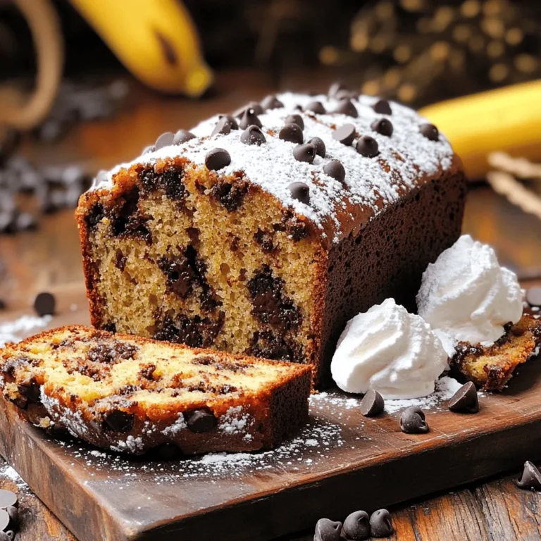 - 3 ripe bananas - 1/3 cup unsalted butter, melted - 3/4 cup granulated sugar - 1 large egg, lightly beaten - 1/2 cup chocolate chips - 1/4 cup chopped walnuts - 1 teaspoon baking soda - A small pinch of salt - 1 1/2 cups all-purpose flour - 1 teaspoon pure vanilla extract To make this chocolate chip banana bread, you need simple ingredients. The bananas should be ripe. Ripe bananas are sweeter and softer, making the bread moist. You will also need melted butter. This adds richness and flavor. Use unsalted butter for the best taste. Granulated sugar adds sweetness. You can adjust the amount based on your taste. A large egg helps bind the mixture and gives rise. Baking soda is key for leavening. It works with the acid in the bananas. A small pinch of salt enhances the overall flavor. All-purpose flour gives the bread its structure. The vanilla extract adds a warm, sweet note. Optional add-ins can take your banana bread to the next level. Chocolate chips add a sweet, gooey texture. Walnuts give a nice crunch and nutty flavor. For the full recipe, check out the Choco-Banana Delight Bread section. You’ll find step-by-step instructions to bring this delicious treat to life! 1. Preheat your oven to 350°F (175°C). This helps the bread bake evenly. 2. Prepare your loaf pan. Grease it with butter or line it with parchment paper. This keeps the bread from sticking. 1. In a large bowl, add your melted butter to the mashed bananas. Mix them together with a wooden spoon until they are well combined. 2. Next, stir in the baking soda and a pinch of salt. This adds flavor and helps the bread rise. 1. Incorporate the beaten egg and vanilla extract into your mixture. Stir until everything is smooth. 2. Gradually mix in the flour. Stir gently, so the batter stays light. Do not overmix. 3. Finally, fold in the chocolate chips and walnuts if you want some crunch. This adds a delicious surprise in every slice. Follow these steps for a simple and tasty chocolate chip banana bread. For the full recipe, refer to the detailed cooking instructions above. Enjoy! To avoid overmixing, mix the flour just until combined. Overmixing can make your bread tough. It’s okay if some lumps remain in the batter. For perfect baking times, check your bread at 60 minutes. Insert a toothpick into the center. If it comes out clean or with a few crumbs, your bread is ready. If it’s still wet, bake for a few more minutes. Slice your banana bread while it's warm for a nice look. Serve it with whipped cream or a dusting of powdered sugar. Scatter a few extra chocolate chips on top for a fun touch. Consider placing the sliced bread on a colorful plate. This makes it more inviting. You can also add fresh fruit like berries on the side for extra color. If your bread turns out dense, check how you mixed it. Too much mixing can lead to dense bread. If it’s dry, you might have baked it too long. Always check your bread a bit early. For uneven baking, make sure your oven heats evenly. Rotate the pan halfway through baking. This helps the bread cook evenly. If the top browns too fast, cover it with foil. This keeps it from burning. {{image_4}} You can make this banana bread gluten-free. Just use a gluten-free flour blend. This swap works well with the other ingredients. The taste remains rich and delicious. For a vegan version, substitute the butter with coconut oil and use flax eggs. To make a flax egg, mix one tablespoon of flaxseed meal with three tablespoons of water. Let it sit for five minutes before adding it to the batter. This keeps the bread moist and tasty. Spices can take your banana bread to the next level. Try adding a teaspoon of cinnamon or nutmeg for warmth. You can also mix in different types of chocolate. Dark, semi-sweet, or even white chocolate can change the flavor. These twists keep every slice interesting. For the full recipe, check out the Choco-Banana Delight Bread. To keep your chocolate chip banana bread fresh, follow these tips. First, let it cool completely. Once cooled, wrap it in plastic wrap or foil. Store it in a cool, dry place like your pantry. This helps keep it moist. It also protects it from air, which can dry it out. If you want to save some banana bread for later, freezing is a great option. Slice the bread before freezing. Wrap each slice in plastic wrap, then place them in a freezer bag. This makes it easy to grab just what you need. To thaw, take out a slice and leave it at room temperature for about 30 minutes. You can also use a microwave for quick thawing. Just heat it for 10-15 seconds. Chocolate chip banana bread lasts about 3-4 days at room temperature. If stored in the fridge, it can last up to a week. When frozen, it stays good for about 2-3 months. Always check for signs of mold or an off smell before eating. Enjoy your delicious creation knowing it’s safe and fresh! To ripen bananas fast, place them in a paper bag. This traps the ethylene gas they produce. You can also add an apple or a tomato for extra speed. Keep the bag in a warm spot. Check them every day until they are ripe enough for your bread. Yes, you can make chocolate chip banana bread ahead of time. Bake it, let it cool, and then wrap it tightly in plastic wrap. Store it at room temperature for up to three days. For longer storage, freeze it. Just slice it first and wrap each slice. Thaw slices as needed, and enjoy! If you have leftover banana bread, don't toss it! Use it for French toast. Just dip slices in egg and milk, then cook on a skillet. You can also toast it and spread butter or jam on top. Another idea is to make banana bread pudding, which is tasty and fun. Yes, you can use a muffin tin for this recipe. Pour the batter into greased muffin cups, filling each about two-thirds full. Bake at 350°F for about 20-25 minutes. Check with a toothpick to see if they are done. Muffins are perfect for easy snacks or breakfast on the go! For the full recipe, check the earlier section. You now know how to make delicious chocolate chip banana bread. We covered the key ingredients, step-by-step methods, and helpful tips to ensure success. Remember, you can easily adapt this recipe for gluten-free or vegan needs. Store it properly to enjoy later, and don’t hesitate to experiment with flavors. Baking is all about creativity and fun. Enjoy your banana bread and share it with others. It’s a treat that spreads joy and smiles. Happy baking!