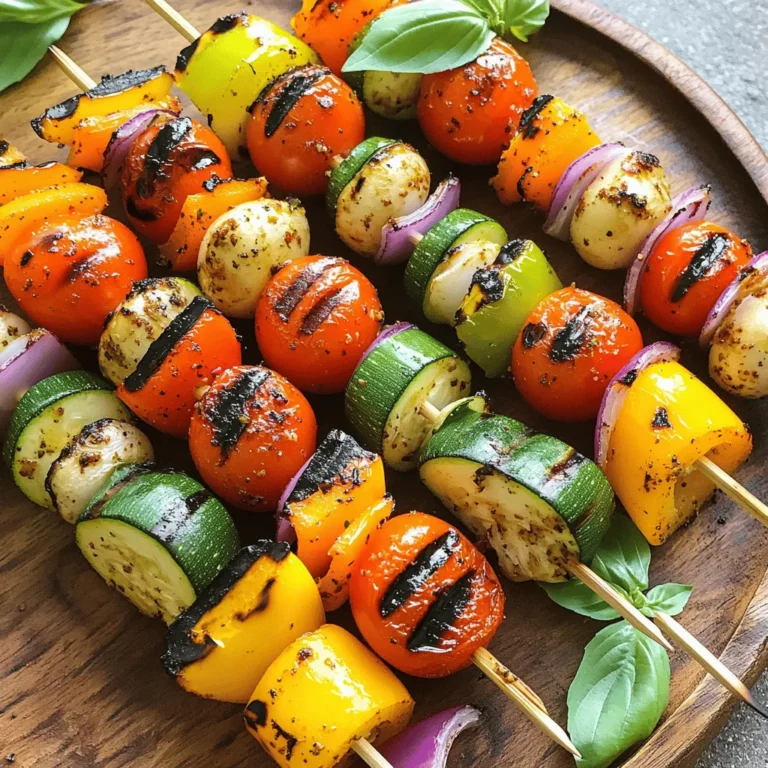 For tasty grilled vegetable skewers, you will need: - 1 bell pepper (red, yellow, or green), cut into 1-inch chunks - 1 medium zucchini, sliced into thick rounds (about ½ inch) - 1 large red onion, cut into wedges (quarters) - 8 cherry tomatoes, whole - 8 button mushrooms, cleaned and stems removed These vegetables bring color and flavor to your skewers. Each one adds its unique taste, making your dish exciting. To enhance the flavors of your skewers, gather these seasonings and oil: - 2 tablespoons extra virgin olive oil - 1 teaspoon garlic powder - 1 teaspoon dried oregano - 1 teaspoon smoked paprika - Sea salt and freshly ground black pepper, to taste These ingredients will give your vegetables a lovely, savory taste. The olive oil helps to keep them moist while grilling. To make your skewers pop, consider these optional garnishes: - Fresh basil leaves Basil adds a fresh touch and brightens up your dish. Just sprinkle it on top before serving for an extra burst of flavor. To get started on this fun and flavorful recipe, check out the Full Recipe. To start, you need a hot grill. Preheat your grill to medium-high heat, around 400°F (200°C). If you use wooden skewers, soak them in water for at least 30 minutes. This helps stop them from burning while cooking. Next, it's time to prepare your vegetables. Take a large mixing bowl and add your chopped bell pepper, zucchini slices, onion wedges, whole cherry tomatoes, and mushrooms. Drizzle with two tablespoons of extra virgin olive oil. Then, add the garlic powder, dried oregano, smoked paprika, sea salt, and black pepper. Mix gently until all the vegetables are coated well. The oil and spices will give them great flavor. Now comes the fun part: assembling your skewers! Carefully thread your marinated vegetables onto the skewers. Alternate the colors and shapes for a pretty look. Aim for a good mix of veggies on each skewer. This not only looks nice but also ensures a variety of flavors in each bite. Place your assembled skewers on the hot grill. Grill them for about 10 to 12 minutes. Turn them every few minutes. This helps them cook evenly and gives them a nice char. You’ll know they’re ready when they’re tender and have some grill marks. After grilling, let them cool for a couple of minutes. For a fresh finish, add basil leaves before serving. Enjoy your tasty and colorful skewers! To keep your skewers from sticking, oil the grill grates. Use a paper towel dipped in oil, and rub it on the grates. Soaking wooden skewers helps, too. If you don’t soak them, they can burn. Use metal skewers for easy grilling since they don’t catch fire. Choose colorful vegetables for great taste and looks. Some of my favorites are: - Bell peppers (red, yellow, or green) - Zucchini - Red onion - Cherry tomatoes - Button mushrooms These veggies cook well and add nice flavors. Feel free to mix in others like asparagus or eggplant. Each adds its own unique twist. Good grill marks show your skill and add flavor. To get these, preheat your grill well. Once hot, place the skewers on it. Don’t move them too much. Let them cook for a few minutes before turning. This gives you those nice marks. Aim for a char without burning. {{image_4}} You can boost your skewers by adding proteins. Chicken, shrimp, or tofu work great. For chicken, cut it into 1-inch pieces. Shrimp should be peeled and deveined. Tofu can be cut into cubes. Marinate your proteins the same way as your veggies. This adds flavor and makes your dish heartier. Vegetarians can enjoy cheese on skewers. Cube some halloumi or feta for a tasty twist. Vegans can skip cheese or use plant-based options. Check your seasonings too; some contain animal products. Always read labels to ensure your meal fits your diet. Explore flavors from around the world! Try a Mediterranean twist with lemon juice and fresh herbs. For an Asian flair, use soy sauce, ginger, and sesame oil. You can also create a spicy kick with chili powder or sriracha. Mixing these flavors adds excitement to your skewers. The possibilities are endless! For the full recipe, check out the Rainbow Grilled Vegetable Skewers . You can store leftover skewers in the fridge. Place them in an airtight container. They will stay fresh for about three days. Make sure to let them cool first. This keeps them from steaming and getting soggy. To reheat your skewers, use a grill or an oven. If you use a grill, preheat it to medium heat. Grill the skewers for about 5 minutes. Turn them to heat evenly. If you prefer the oven, set it to 350°F (175°C). Place the skewers on a baking sheet and heat for 10 minutes. They should be warm and tasty again! You can freeze skewers for later meals. Wrap each skewer in plastic wrap. Then, place them in a freezer bag. They will keep well for up to two months. When you're ready to eat, let them thaw in the fridge overnight. After thawing, reheat them as mentioned above. Enjoy your grilled vegetable skewers anytime! You can check the Full Recipe for more details on making them. Grill vegetable skewers for about 10 to 12 minutes. Turn them every few minutes. This helps them cook evenly. The goal is to get them tender and slightly charred. You can use frozen vegetables, but they may not grill as well. Frozen veggies often release water when cooking. This can make them soggy. Fresh vegetables usually give better flavor and texture. Feel free to mix up the seasonings! You can try: - Italian seasoning - Chili powder - Cumin - Lemon zest - Fresh herbs These add fun flavors and can change the whole dish. Check for tenderness and slight charring. You can pierce them with a fork. If the fork goes in easily, they are done. The colors should also look bright and vibrant. We covered everything you need to know about making delicious vegetable skewers. You learned the key ingredients, the grilling steps, and helpful tips to get the best results. We also explored ways to add proteins and different flavors for fun variations. Finally, we shared storage tips to keep your skewers fresh. Remember, grilling is an art, and with practice, you’ll create amazing meals. Enjoy tasty skewers with family and friends, and make every grilling session fun and easy.